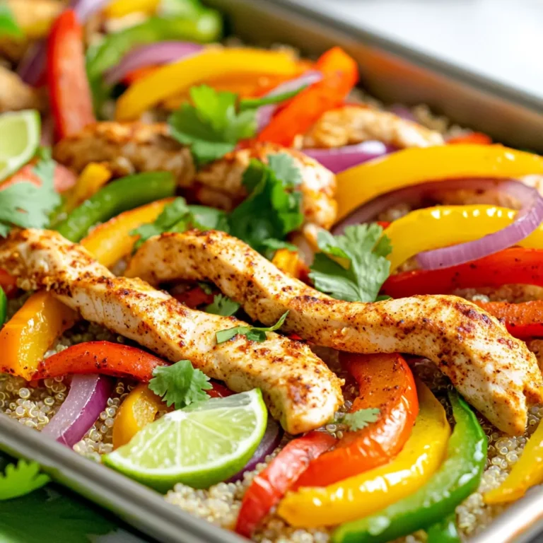 - 1 lb boneless, skinless chicken breasts, sliced into thin strips - 1 red bell pepper, sliced - 1 yellow bell pepper, sliced - 1 green bell pepper, sliced - 1 medium red onion, sliced - 3 tablespoons olive oil - 2 teaspoons chili powder - 1 teaspoon cumin - 1 teaspoon smoked paprika - 1 teaspoon garlic powder - Salt and pepper, to taste - 1 cup cooked quinoa or rice (for serving) - Fresh cilantro, chopped (for garnish) - Lime wedges (for serving) The spice mix in this dish gives it a vibrant taste. Each spice has a role. - Chili powder adds heat and depth. - Cumin brings a warm, earthy flavor. - Smoked paprika adds a hint of smokiness. - Garlic powder gives a savory touch. Together, they create a bold, exciting flavor profile. Adjust spice amounts to fit your taste. You can serve this dish in many ways. Here are some ideas: - Serve over a bed of cooked quinoa or rice for a hearty meal. - Top with fresh cilantro for brightness. - Squeeze lime over the bowls for a zesty kick. - Pair with a side of avocado or black beans for extra nutrition. These simple touches will elevate your sheet pan chicken fajita bowls. Enjoy! Start by gathering all your ingredients. You need: - 1 lb boneless, skinless chicken breasts, sliced into thin strips - 1 red bell pepper, sliced - 1 yellow bell pepper, sliced - 1 green bell pepper, sliced - 1 medium red onion, sliced - 3 tablespoons olive oil - 2 teaspoons chili powder - 1 teaspoon cumin - 1 teaspoon smoked paprika - 1 teaspoon garlic powder - Salt and pepper, to taste - 1 cup cooked quinoa or rice (for serving) - Fresh cilantro, chopped (for garnish) - Lime wedges (for serving) Preheat your oven to 400°F (200°C). Line a large baking sheet with parchment paper. This makes cleanup easy. In a large bowl, combine the sliced chicken, bell peppers, and onion. Drizzle 3 tablespoons of olive oil over the chicken and veggies. Add 2 teaspoons of chili powder, 1 teaspoon of cumin, 1 teaspoon of smoked paprika, and 1 teaspoon of garlic powder. Season with salt and pepper to taste. Toss everything well until the chicken and vegetables are coated with the spices and oil. Spread them evenly on the baking sheet in a single layer. Bake for 20-25 minutes. The chicken must reach an internal temperature of 165°F. The vegetables should be tender and slightly caramelized. While the chicken and veggies bake, cook your quinoa or rice according to the package instructions. After you take the sheet pan out of the oven, let it cool for a few minutes. Serve the chicken and vegetables over a bed of quinoa or rice in bowls. Garnish with fresh cilantro. Add lime wedges on the side for squeezing over the bowls. Enjoy your colorful and tasty meal! To get perfectly cooked chicken, slice it thin. This helps it cook faster and evenly. Make sure your oven is preheated to 400°F. Cook the chicken until it reaches 165°F inside. Use a meat thermometer for the best results. Let the chicken rest for a few minutes after baking. This keeps it juicy. You can add more flavor by mixing in other veggies. Consider corn, zucchini, or black beans. These add color and taste to your dish. For spice lovers, add jalapeños or cayenne pepper. Fresh herbs like parsley or basil can also boost flavor. Squeeze lime juice over the top for a bright finish. Use a large, rimmed baking sheet to fit all your ingredients. Line it with parchment paper for easy cleanup. Spread your chicken and veggies out in a single layer. This helps them cook evenly and get some nice caramelization. Don’t overcrowd the pan; this keeps things crisp. Check on them halfway through cooking to stir or rearrange if needed. {{image_2}} You can easily make a vegetarian version of these fajita bowls. Instead of chicken, use black beans or chickpeas. They add protein and fiber. Simply toss the beans with the same spices. You can also add more colorful veggies, like zucchini or corn. This makes the dish vibrant and tasty. If you want to switch up the protein, try using shrimp or tofu. Shrimp cooks fast and adds a nice flavor. Tofu is great for a plant-based meal. Just marinate the tofu in the spice mix before baking. This way, it soaks up all the yummy flavors. While quinoa or rice is a great base, you can try other grains. Consider using farro or barley for a nutty taste. They add texture and depth to your meal. Cauliflower rice is a low-carb option if you want something lighter. Each grain brings its own flair to the dish. After your meal, let the chicken fajita bowls cool down. Place leftover food in an airtight container. You can store it in the fridge for up to three days. This keeps the flavors fresh and the food safe. If you plan to eat it later, store the chicken and veggies separate from the grain. This prevents sogginess. When you’re ready to enjoy your leftovers, reheat them in the oven for best results. Preheat your oven to 350°F (175°C). Place the chicken and veggies on a baking sheet. Heat them for about 10-15 minutes, or until warm. You can also use the microwave. Just heat in short bursts, stirring in between, to avoid hot spots. If you want to save your fajita bowls for a long time, freezing is a great option. Let the chicken and veggies cool completely before freezing. Place them in a freezer-safe container or bag. Squeeze out any air to prevent freezer burn. You can freeze them for up to three months. When ready to eat, thaw in the fridge overnight before reheating. Yes, you can use frozen chicken. However, it’s best to thaw the chicken first. Cooking frozen chicken may lead to uneven cooking. If you must use it frozen, increase the baking time. Make sure to check the internal temperature to reach 165°F. You can use several substitutes for quinoa or rice. Try couscous, farro, or even cauliflower rice. Each option brings a different texture. Make sure to cook it according to package directions before serving. Check the chicken's internal temperature with a meat thermometer. It should read 165°F. The chicken should also be white, not pink, in the center. Cut into a piece to ensure it’s cooked through. If it looks juicy and firm, you’re good to go! This article covered key ingredients and easy steps to make a tasty dish. You learned how to prep your ingredients and cook chicken perfectly. I also shared tips on storing leftovers and exploring variations like vegetarian options. Cooking can be fun and rewarding. Use these methods to create your own delicious meals. Enjoy sharing your tasty results with friends and family!