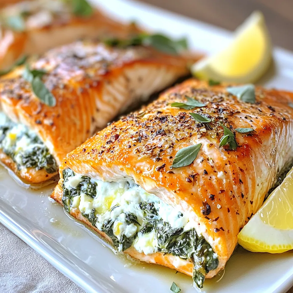 To make creamy spinach feta stuffed salmon, you need the following items: - 4 salmon fillets (skinless) - 1 cup fresh spinach, chopped - 1/2 cup feta cheese, crumbled - 1/4 cup cream cheese, softened - 2 cloves garlic, minced - 1 tablespoon lemon juice - 1 tablespoon olive oil - Salt and pepper to taste - 1 teaspoon dried oregano - Lemon wedges, for serving (optional) For the best flavor, use fresh spinach and quality feta cheese. You can swap cream cheese with ricotta if you prefer. Make sure your salmon is fresh, as it makes a big difference. Always check the skinless fillets for any bones before cooking. This helps in keeping your meal pleasant. Feel free to adjust the salt and pepper based on your taste. If you like a bit of heat, consider adding a pinch of red pepper flakes. {{ingredient_image_1}} How to prepare the spinach and feta stuffing Start by mixing the filling. In a bowl, combine 1 cup of chopped spinach, 1/2 cup of crumbled feta cheese, and 1/4 cup of softened cream cheese. Add 2 minced garlic cloves, 1 tablespoon of lemon juice, salt, pepper, and 1 teaspoon of dried oregano. Stir until everything is well mixed. This stuffing brings a creamy and tangy flavor to the salmon. Tips for cutting pockets in the salmon fillets Next, take your salmon fillets and lay them flat. Use a sharp knife to carefully cut a pocket. Slice horizontally along the side of each fillet. Make sure not to cut all the way through. You want to create a nice space for the stuffing. Guidelines for filling the salmon pockets Now it's time to fill the salmon. Grab your spinach and feta mixture. Spoon about 2-3 tablespoons into each pocket. Press gently to secure the filling inside. Be careful not to overstuff, as this can make it hard to cook evenly. Searing the salmon: Techniques and timing Heat 1 tablespoon of olive oil in an oven-safe skillet over medium heat. Once the oil is hot, place the stuffed salmon fillets in the skillet. Sear each side for about 2-3 minutes until they are golden brown. This step adds a nice crust and flavor to the salmon. Baking the salmon: Oven settings and duration After searing, transfer the skillet to a preheated oven set at 375°F (190°C). Bake the salmon for 12-15 minutes. This helps cook the salmon through without drying it out. Indicators that the salmon is perfectly cooked Check if the salmon is done by inserting a fork into the thickest part. It should flake easily when fully cooked. The inside should be opaque and not translucent. This means your salmon is ready to enjoy! To ensure even cooking, start with salmon fillets of similar size. This helps them cook at the same rate. Sear the salmon for a golden crust before baking. This step adds flavor and texture. For extra zest, add a pinch of red pepper flakes to the stuffing. This little kick can wake up the dish. Use a sharp knife for cutting pockets. This makes filling easier and keeps the fillet intact. Serve the stuffed salmon on a white plate for contrast. It makes the colors pop. Garnish with fresh lemon wedges and a sprinkle of parsley or dill. This adds a fresh touch and eye appeal. Pair the dish with steamed asparagus or a light salad. These sides complement the rich flavors of the salmon. You can also serve it with wild rice or quinoa for a hearty meal. Pro Tips Choose Fresh Ingredients: Fresh spinach and high-quality feta cheese will elevate the flavor of your stuffed salmon. Don’t Overstuff the Salmon: Stuff each fillet with just the right amount of filling to avoid spilling during cooking. Check for Doneness: Salmon is perfectly cooked when it flakes easily with a fork and has an internal temperature of 145°F (63°C). Rest Before Serving: Allow the salmon to rest for a couple of minutes after baking to let the juices redistribute for optimal flavor. {{image_2}} You can change the greens in the stuffing. Try kale or Swiss chard instead of spinach. Both add nice flavor and nutrients. If you want a different cheese, use goat cheese or ricotta. Each cheese gives a unique taste. For dietary needs, make it dairy-free. Substitute cream cheese with cashew cream. This keeps it creamy and tasty. You can grill or bake the salmon. Grilling adds a smoky flavor. Baking keeps the salmon moist and tender. If you choose to grill, make sure your salmon is thick enough. For air frying, preheat your air fryer to 400°F (200°C). Cook the salmon for about 8-10 minutes. Check for doneness; it should flake easily. If using an Instant Pot, place the salmon on a trivet. Add one cup of water to the pot. Cook on high for 5-6 minutes. This method keeps the salmon juicy and flavorful. To keep your leftover stuffed salmon fresh, follow these simple steps: - Cool it down: Allow the salmon to cool to room temperature. - Use airtight containers: Store the salmon in airtight containers. Glass or plastic works well. - Refrigerate: Place the containers in the fridge. Leftover salmon stays good for up to 3 days. - Freezing instructions: If you want to keep it longer, freeze the salmon. Wrap it tightly in plastic wrap, then foil. It can last for up to 3 months in the freezer. When it's time to enjoy your leftovers, remember these tips: - Keep it moist: Reheat the salmon gently. This helps avoid drying it out. - Microwave: Use a microwave-safe dish. Cover it with a damp paper towel. Heat in short bursts of 30 seconds until warm. - Oven reheating: Preheat your oven to 350°F (175°C). Place the salmon in an oven-safe dish, cover with foil, and heat for about 10-15 minutes. - Restore freshness: Add a splash of lemon juice or a bit of olive oil before reheating. This helps bring back some moisture and flavor. You should use skinless salmon fillets. They cook evenly and let the filling shine. Salmon like sockeye or Atlantic work well. Their flavor pairs nicely with the creamy filling. Yes, you can make the stuffing a day before. Store it in the fridge until you are ready to use it. This saves time and helps the flavors blend. The salmon is done when it flakes easily with a fork. You can also check the internal temperature. It should reach 145°F (63°C) in the thickest part. Absolutely! Creamy spinach feta stuffed salmon is great for meal prep. You can store cooked salmon in airtight containers. It keeps well in the fridge for up to three days. This blog post covered everything you need to know about stuffed salmon. You learned the right ingredients, steps to prepare, cook, and present your dish. Plus, I shared variations and storage tips to keep your meal fresh. Remember, the right choice of ingredients and method makes all the difference. With these tips, you can enjoy a healthy and delicious meal. Dive into this recipe, experiment, and impress yourself and others with your cooking skills. Happy cooking!