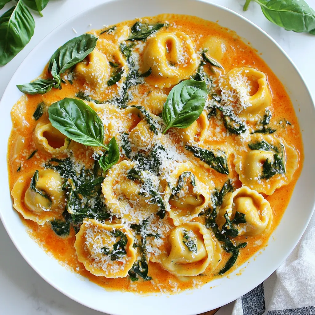 - 12 oz cheese tortellini - 2 tablespoons olive oil - 3 cloves garlic, minced - 1 can (14 oz) diced tomatoes, undrained - 1 cup heavy cream - 2 cups fresh spinach, roughly chopped - 1 teaspoon Italian seasoning - Salt and pepper to taste - ½ cup grated Parmesan cheese - Fresh basil leaves for garnish The main ingredients for this creamy tomato spinach tortellini dish create a rich and delightful flavor. The cheese tortellini serves as the base, giving the meal its heartiness. Olive oil and garlic add a fragrant touch. Diced tomatoes bring freshness and acidity, while heavy cream creates a luscious sauce. Fresh spinach adds color and nutrients, and Italian seasoning enhances every bite. Topping it off with Parmesan cheese provides that extra creamy, cheesy goodness. Fresh basil leaves make a lovely garnish, adding a pop of color and freshness. - Alternatives for cheese tortellini: You can use any pasta shape you like, such as bowtie or penne. - Dairy-free options for heavy cream: Try using coconut cream or cashew cream for a dairy-free version. - Fresh vs. canned tomatoes: If fresh tomatoes are in season, use them for a brighter taste. Canned tomatoes are a great time-saver and still taste good. Each substitution allows you to adjust the dish to your taste or dietary needs. Don't be afraid to experiment! {{ingredient_image_1}} 1. Boiling the tortellini: Start by boiling a large pot of salted water. This helps flavor the pasta. Once the water boils, add the 12 oz of cheese tortellini. Cook them according to the package instructions until they are al dente. This usually takes about 3-5 minutes. After cooking, drain the tortellini and set them aside. 2. Sautéing the garlic: In a large skillet, heat 2 tablespoons of olive oil over medium heat. Once the oil is hot, add 3 cloves of minced garlic. Sauté the garlic for about 1 minute until it smells great. Watch closely so it does not burn. 1. Combining ingredients in the skillet: Pour in 1 can (14 oz) of diced tomatoes with their juice into the skillet. Stir the tomatoes with the garlic. Let them cook for about 3-4 minutes. This helps mix the flavors together. 2. Adding spinach and seasoning: Reduce the heat to low, and add in 1 cup of heavy cream. Stir it well to combine. Next, gently fold in the cooked tortellini, 2 cups of roughly chopped spinach, 1 teaspoon of Italian seasoning, and salt and pepper to taste. Cook for another 3-5 minutes until the spinach wilts and the sauce thickens a bit. 1. Stirring in Parmesan cheese: Remove the skillet from heat. Add in ½ cup of grated Parmesan cheese. Stir until the cheese melts and makes the sauce creamy. 2. Serving suggestions: Serve your creamy tomato spinach tortellini right away. Garnish with fresh basil leaves for an extra touch. Enjoy this meal warm! When cooking tortellini, aim for al dente. This means the pasta should be firm but cooked, not mushy. To achieve this, watch the clock. Follow the package instructions closely. Taste the tortellini a minute before the time is up. This way, you can catch it just right. To avoid a watery sauce, drain the tortellini well. When you add it to the sauce, the starch helps it cling better. Use the right amount of cream too. Too much can make the sauce thin. A cup of heavy cream works perfectly in this recipe. Want to add protein? Try adding cooked chicken or shrimp. They both blend well with the creamy sauce. You can sauté them in the olive oil before adding garlic. This adds a nice flavor boost. Looking for more seasoning? Italian seasoning is great, but feel free to mix it up. Try crushed red pepper for heat or fresh herbs like thyme or oregano. These can make your dish even tastier. Presentation matters! A simple garnish can elevate your dish. Fresh basil leaves add a pop of color and flavor. Sprinkle some grated Parmesan on top too. It looks great and adds a salty kick. Serve your tortellini in a shallow bowl for a nice touch. This way, everyone can see the vibrant colors and enjoy the aroma. Pro Tips Use Fresh Spinach: Fresh spinach will give the dish a vibrant color and enhance the flavor. If using frozen spinach, ensure it's well-drained to avoid excess water in your sauce. Customize the Cheese: Feel free to mix different cheeses into the sauce for added depth. Mozzarella or ricotta can be great options to complement the Parmesan. Adjust the Creaminess: If you prefer a lighter sauce, replace half of the heavy cream with chicken or vegetable broth. This will reduce calories while still keeping it delicious. Add Protein: For a heartier meal, consider adding cooked chicken, shrimp, or sausage to the dish. This will boost the protein content and make it more filling. {{image_2}} You can enjoy this dish even more with some easy swaps. First, try using non-cheese tortellini. This option is great for those who want a lighter meal. Look for options made from spinach or whole wheat. They add nice flavors and textures. Next, add more vegetables if you like. Try bell peppers, zucchini, or mushrooms. These veggies add color and health benefits. Just sauté them with the garlic for extra flavor. Want to change up the sauce? You can swap the heavy cream for a light Alfredo or pesto. Each sauce brings its own unique taste. You might even mix them for a fun flavor combo. Spices can change everything too. Add red pepper flakes for heat or smoked paprika for depth. A sprinkle of nutmeg can also enhance the creaminess. Experiment to find what you love. Using seasonal vegetables is a smart way to keep this dish fresh. In spring, add asparagus or peas. In fall, roast some butternut squash for a sweet touch. These choices change the dish while keeping it delicious. You can also adapt flavors based on the season. Use fresh herbs in summer, like basil or parsley. In winter, a touch of sage can warm the dish up nicely. Always think about what’s in season for the best taste. To keep your creamy tomato spinach tortellini fresh, follow these steps: - Allow the dish to cool to room temperature before storing. - Use airtight containers to prevent moisture loss. - Store in the fridge for up to three days. Using glass containers works well. They help avoid stains and odors. Reheating creamy tortellini can be easy if you follow these methods: - Use the microwave for quick reheating. Place in a bowl, cover with a lid, and heat for 1-2 minutes. - Stir halfway to ensure even heating. To keep the creaminess, add a splash of milk or cream during reheating. This helps restore its smooth texture. You can freeze creamy tortellini for later use. Here’s how: - Cool the dish completely before freezing. - Place it in freezer bags or containers, removing as much air as possible. For thawing, move it to the fridge overnight. To cook from frozen, heat in a skillet over low heat. Add a bit of cream to maintain its creamy texture. Cook until hot and serve. Can I make this dish ahead of time? Yes, you can make creamy tomato spinach tortellini ahead. Cook the tortellini and sauce, then store them separately in airtight containers. When you're ready to serve, heat them together on the stove. This method keeps the pasta from becoming mushy and ensures fresh flavors. How do I make it spicier? To spice up your dish, add crushed red pepper flakes or cayenne pepper. Start with a small amount, about 1/4 teaspoon. Mix it in as you cook the sauce. Taste and adjust as needed. You can also use spicy Italian sausage instead of cheese tortellini for more heat. Caloric content per serving Each serving of creamy tomato spinach tortellini has about 450 calories. This includes the rich flavors of cheese and cream, making it both satisfying and filling. Health benefits of spinach and tomatoes Spinach is packed with vitamins A, C, and K. It's great for your skin and bones. Tomatoes are rich in antioxidants and help your heart health. Together, they make this dish not only tasty but also nutritious. What to pair with creamy tomato spinach tortellini This dish pairs well with a fresh salad. A simple side of mixed greens with lemon vinaigrette works well. Garlic bread is also a great choice. It adds a nice crunch and complements the creamy sauce. Best wines or bread to serve alongside A light white wine, like Pinot Grigio, enhances the flavors. If you prefer red, try a light Chianti. For bread, a crusty baguette or garlic bread will be perfect. These options will soak up the delicious sauce, making every bite enjoyable. This blog shows you how to make creamy tomato spinach tortellini. We covered essential ingredients, cooking steps, and tips to make it perfect. You learned about easy swaps for ingredients and creative variations to try. Always remember to store leftovers correctly and reheat carefully. With these tips, you can enjoy a delicious meal anytime. I hope you feel inspired to try this dish and add your own twist. Enjoy making and sharing it with others!