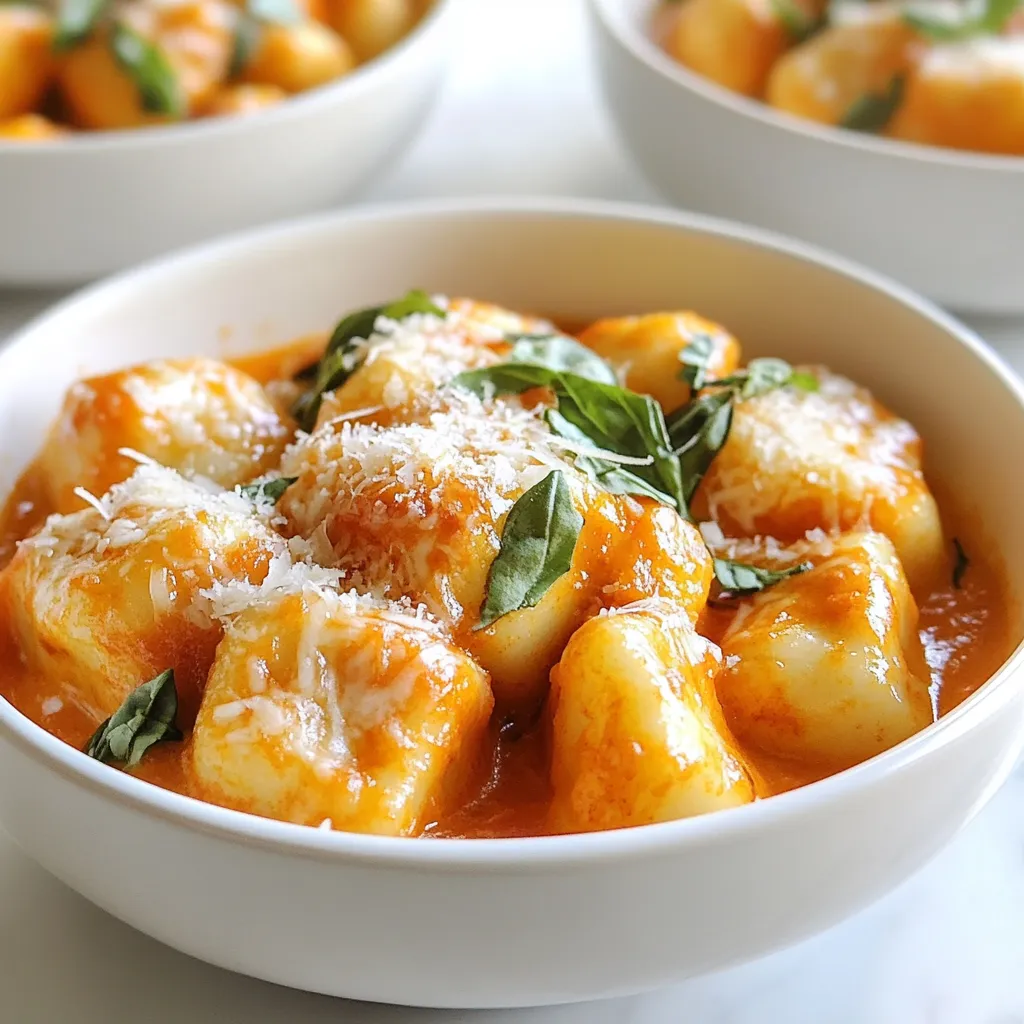 - 1 pound gnocchi (store-bought or homemade) - 2 tablespoons olive oil - 3 cloves garlic, minced - 1 can (15 oz) crushed tomatoes - 1 cup heavy cream - 1 teaspoon dried oregano - Salt and pepper to taste - Fresh basil leaves, chopped (about 1/4 cup) - 1/2 cup grated Parmesan cheese - Red pepper flakes (for heat) - Extra basil for garnish - A drizzle of extra virgin olive oil - Large pot for boiling water - Large skillet for cooking - Wooden spoon for stirring - Measuring cups and spoons - Colander for draining gnocchi When planning to make Creamy Tomato Basil Gnocchi, gather all your ingredients first. This will make cooking easier and more fun. If you want to add some heat, grab red pepper flakes. They bring a nice kick to the dish. Fresh basil is key for that bright flavor, so don't skip it. As for tools, a large pot helps cook the gnocchi perfectly. A large skillet is ideal for making the sauce. You will also need a wooden spoon for mixing everything together. Being organized will make this meal come together smoothly. {{ingredient_image_1}} Start by boiling a large pot of salted water. Once it boils, add the gnocchi. Follow the package instructions for cooking time. You know they are ready when they float. This usually takes about 2-3 minutes. Drain the gnocchi and set them aside. Keep them warm while you make the sauce. In a large skillet, heat two tablespoons of olive oil over medium heat. Add three minced garlic cloves and sauté them for about one minute. You want the garlic to smell good but not burn. Next, pour in a 15-ounce can of crushed tomatoes. Stir in one teaspoon of dried oregano. Let this simmer for five to seven minutes. This helps the sauce get thicker and richer. Now, lower the heat and add one cup of heavy cream. Stir well to make it creamy and smooth. Season with salt, pepper, and red pepper flakes if you like heat. Cook it for two more minutes to heat everything through. Add the cooked gnocchi to the sauce in the skillet. Toss gently to cover each piece with the creamy tomato sauce. Then, mix in about 1/4 cup of chopped fresh basil and 1/2 cup of grated Parmesan cheese. Stir until everything is combined well. Remove the skillet from heat and let it rest for a minute. This helps the sauce thicken a bit more. Serve the dish in shallow bowls. You can sprinkle more Parmesan and some fresh basil on top for a nice touch. Drizzle a little extra virgin olive oil if you want to impress your guests. Enjoy your creamy tomato basil gnocchi! To get the sauce just right, use a mix of crushed tomatoes and heavy cream. The crushed tomatoes give the sauce a rich base. The cream adds a lovely, smooth finish. Let the sauce simmer until it thickens, about five to seven minutes. This step helps the flavors meld together. If you want a thicker sauce, let it cook a bit longer. Stir often to prevent it from sticking. Fresh ingredients can make a big difference. Use garlic that you mince yourself for more flavor. Fresh basil adds a vibrant taste that dried herbs can’t match. If you like a kick, add red pepper flakes. These little flakes bring heat without overwhelming the dish. Always taste your sauce before serving. Adjust the salt and pepper to suit your taste. Presentation matters, even for simple meals. Serve your gnocchi in shallow bowls. This allows the sauce to shine. Garnish with extra basil and a sprinkle of Parmesan. A drizzle of extra virgin olive oil adds a nice touch. You can also add a side salad or garlic bread. This makes the meal feel complete and satisfying. Pro Tips Use Fresh Ingredients: Fresh basil and high-quality tomatoes will elevate the flavor of your dish significantly. Don’t Overcook the Gnocchi: Once they float to the surface, they are done. Overcooking can make them mushy. Adjust the Creaminess: If you prefer a lighter sauce, you can substitute half of the heavy cream with vegetable broth. Customize the Heat: Add more red pepper flakes or a splash of hot sauce for an extra kick if desired. {{image_2}} You can easily make this dish vegetarian. Swap the heavy cream for a plant-based cream. Use coconut cream or cashew cream for a rich taste. These options keep the dish creamy and delicious. You can also choose to skip the Parmesan cheese or use a vegan version. Fresh veggies, like spinach or bell peppers, add color and flavor too. For those who love protein, there are many choices. You can add grilled chicken, shrimp, or sautéed mushrooms. Cook the protein separately and mix it in with the gnocchi and sauce. This makes for a hearty meal that fills you up. If you want a plant-based option, try adding lentils or chickpeas. They provide great protein and texture. You can change the taste with fun flavor twists. Try adding a splash of balsamic vinegar for a tangy kick. A pinch of smoked paprika gives the dish a nice depth. For some heat, toss in red pepper flakes or sliced jalapeños. Fresh herbs like thyme or parsley can add a fresh touch. Don't be afraid to experiment with your own favorite flavors! After enjoying your creamy tomato basil gnocchi, store any leftovers in an airtight container. Make sure to cool the dish to room temperature first. It will keep well in the fridge for up to three days. If you want to keep it longer, freezing is a great option. To reheat, place the gnocchi in a skillet over medium heat. Add a splash of water or cream to keep it moist. Stir gently until warmed through. You can also use the microwave. Just cover the dish and heat in short bursts, stirring in between. This helps the gnocchi heat evenly. If you want to freeze gnocchi, do this before cooking. Spread the uncooked gnocchi on a baking sheet in a single layer. Freeze until firm, then transfer to a freezer bag. This way, you can take out just what you need later. Cook from frozen by adding a few extra minutes to your boiling time. Yes, you can use homemade gnocchi. In fact, it adds a personal touch. Homemade gnocchi often tastes better than store-bought. Just follow the same cooking steps. Cook them in salted water until they float. This means they are ready to drain and use. You can use half-and-half or whole milk. These options will make the sauce lighter. For a dairy-free choice, try coconut milk. It adds a nice flavor and creaminess. Just keep in mind that the taste will slightly change. To prevent curdling, heat the cream gently. Add it to the sauce on low heat. Stir it well and avoid boiling it. If you want, you can mix in a bit of cornstarch. This helps to stabilize the sauce and keep it smooth. Yes, you can make this dish ahead of time. Prepare the sauce and gnocchi separately. Store them in the fridge for up to two days. When ready to eat, heat them together on the stove. This keeps the flavors fresh and tasty. This article covered tasty gnocchi with creamy tomato basil sauce. We detailed key ingredients, tools, and step-by-step cooking methods. I shared tips for perfecting sauce texture and flavor, plus serving ideas. You can tweak the recipe with variations or swap ingredients to fit your tastes. Don't hesitate to make this dish your own. With practice, you'll impress your friends and family. Enjoy your cooking and the delicious results!