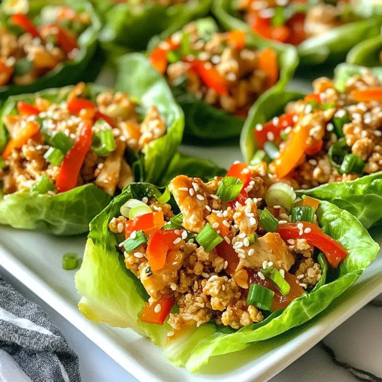 - 1 pound ground chicken - 1 tablespoon vegetable oil - 1 tablespoon ginger, grated - 2 cloves garlic, minced For the base of this dish, I use ground chicken. It cooks quickly and gets a nice flavor. The vegetable oil helps to sauté the ginger and garlic, which adds a lovely aroma. The ginger brings warmth, while garlic adds depth. Together, they create a tasty foundation. - 1 red bell pepper, finely diced - 1 cup carrots, shredded - 1/4 cup green onions, sliced - 1 head of butter lettuce or romaine, leaves separated I love to add colorful veggies to my lettuce cups. The red bell pepper gives a sweet crunch. Shredded carrots add texture and sweetness. Green onions bring a fresh bite that brightens the dish. For the wrap, I use butter lettuce or romaine. They hold the filling well and add a crisp element. - 2 tablespoons soy sauce - 1 tablespoon sriracha (or to taste) - 1 tablespoon honey - 1 tablespoon rice vinegar - Salt and pepper to taste The sauce is what makes this dish special. Soy sauce adds umami, while sriracha brings heat. Honey balances the spice with a touch of sweetness. Rice vinegar adds a tangy kick. I season with salt and pepper to enhance all the flavors. This sauce ties everything together and makes each bite burst with taste. {{ingredient_image_1}} 1. Heat 1 tablespoon of vegetable oil in a large skillet over medium-high heat. This oil helps cook the chicken evenly. 2. Add 1 tablespoon of grated ginger and 2 cloves of minced garlic to the skillet. Stir for about 30 seconds until you smell the great aroma. 3. Add 1 pound of ground chicken. Use a spatula to break it apart. Cook until the chicken looks brown, about 5 to 7 minutes. 1. Stir in 1 diced red bell pepper and 1 cup of shredded carrots. This adds color and crunch to the dish. 2. Cook for another 3 to 4 minutes. Keep an eye on the veggies; you want them soft but not mushy. 1. In a small bowl, mix together 2 tablespoons of soy sauce, 1 tablespoon of sriracha, 1 tablespoon of honey, and 1 tablespoon of rice vinegar. This sauce will give your chicken a bold flavor. 2. Pour the sauce over the chicken and veggies. Stir well to coat everything evenly. 3. Season with salt and pepper to taste. Cook for an additional 2 to 3 minutes. This helps the flavors blend nicely. 4. Remove from heat and stir in 1/4 cup of sliced green onions. 5. To serve, scoop a generous amount of the chicken mix into each lettuce leaf. 6. Top with sesame seeds for added crunch and flavor. Enjoy your tasty meal! To get the best flavor, balance sweet and spicy. The honey adds sweetness, while sriracha brings heat. Adjust these to fit your taste. To avoid dry chicken, cook it until just browned. Don't overcook it, or it will toughen. Stir often to keep it juicy. For plating, use a large platter. Arrange the lettuce cups in a circle. This makes them look inviting. Serve with extra sriracha for those who like more spice. You can also add a side of rice. It complements the dish well. Prep ingredients before cooking. Chop the veggies and mix the sauce in advance. This saves time during busy weeknights. Store leftovers in an airtight container. They stay fresh for up to three days in the fridge. Reheat gently on the stove to keep the chicken moist. Pro Tips Choose Fresh Ingredients: The quality of your fresh vegetables and ground chicken greatly affects the taste of the dish. Opt for vibrant, crisp vegetables and ensure your chicken is fresh for the best results. Adjust the Spice Level: If you're sensitive to heat, start with a smaller amount of sriracha and gradually add more to taste. This allows you to control the spice level while still enjoying the flavors of the dish. Prep Ahead: You can prepare the chicken mixture ahead of time and store it in the refrigerator for up to 2 days. Just reheat before serving and assemble the lettuce cups when ready to eat. Use Different Lettuce Varieties: While butter lettuce is great for its softness, you can also experiment with other types like romaine or even endive for a crunchy texture and different flavor profile. {{image_2}} You can swap ground chicken for turkey. Turkey has less fat and is still tasty. For a plant-based option, use lentils or mushrooms. These options keep the dish light. Low-sodium soy sauce is a great choice too. It cuts down on salt without losing flavor. Want more heat? Add extra sriracha or try chili oil. You can also mix in different sauces. Teriyaki or hoisin can add a sweet twist. For a fruity touch, toss in pineapple or mango chunks. This gives a nice sweetness and balance. If you want a fun twist, use rice wrappers. They add a nice chew and are gluten-free. You can also serve the chicken mix in bowls. Top with lettuce leaves for a DIY feel. For garnishing, try shredded coconut or chopped nuts. These add crunch and a pop of color! To store leftovers, place the firecracker chicken in an airtight container. Make sure to cool it to room temperature before sealing. This helps keep the chicken fresh. Store it in the fridge for up to three days. When you’re ready to eat, reheat the chicken in a skillet over medium heat. Stir it often until hot. You can also use a microwave, heating in short bursts. You can freeze the chicken mixture for later. First, cool it completely. Then, spoon it into a freezer-safe bag or container. Remove as much air as possible before sealing. This helps prevent freezer burn. It can last in the freezer for up to three months. To thaw, place the bag in the fridge overnight before reheating. In the fridge, firecracker chicken lasts about three days. After that, it may spoil. Look for changes in color or smell. If it smells off or the texture feels slimy, do not eat it. Always trust your senses when checking for spoilage. To tone down the heat, you can reduce the sriracha in the recipe. Start with just a teaspoon and taste as you go. You can also swap it for a milder sauce, like sweet chili sauce or teriyaki sauce. These alternatives still add flavor without the extra spice. Yes, you can try other lettuce types. Butter lettuce is soft and wraps well. Romaine is crunchy and adds a nice bite. Iceberg is another option for crunch, but it has less flavor. Each type changes the taste and texture of the dish, so choose what you like best. For sides, consider steamed rice or quinoa for a filling meal. You can also add a simple salad with cucumber and carrots. For drinks, iced tea or a light beer pairs well with these cups. Both balance the flavors and keep the meal refreshing. Firecracker chicken lettuce cups are an easy and tasty dish. We covered all the key ingredients, from ground chicken to fresh veggies. I also shared step-by-step cooking tips to help you succeed. Remember that variations exist, allowing you to customize flavors and presentations. Storage tips ensure your leftovers stay fresh and delicious. Don't forget to experiment with spice levels to suit your taste. I hope you enjoy making this fun recipe and impressing everyone with your culinary skills!