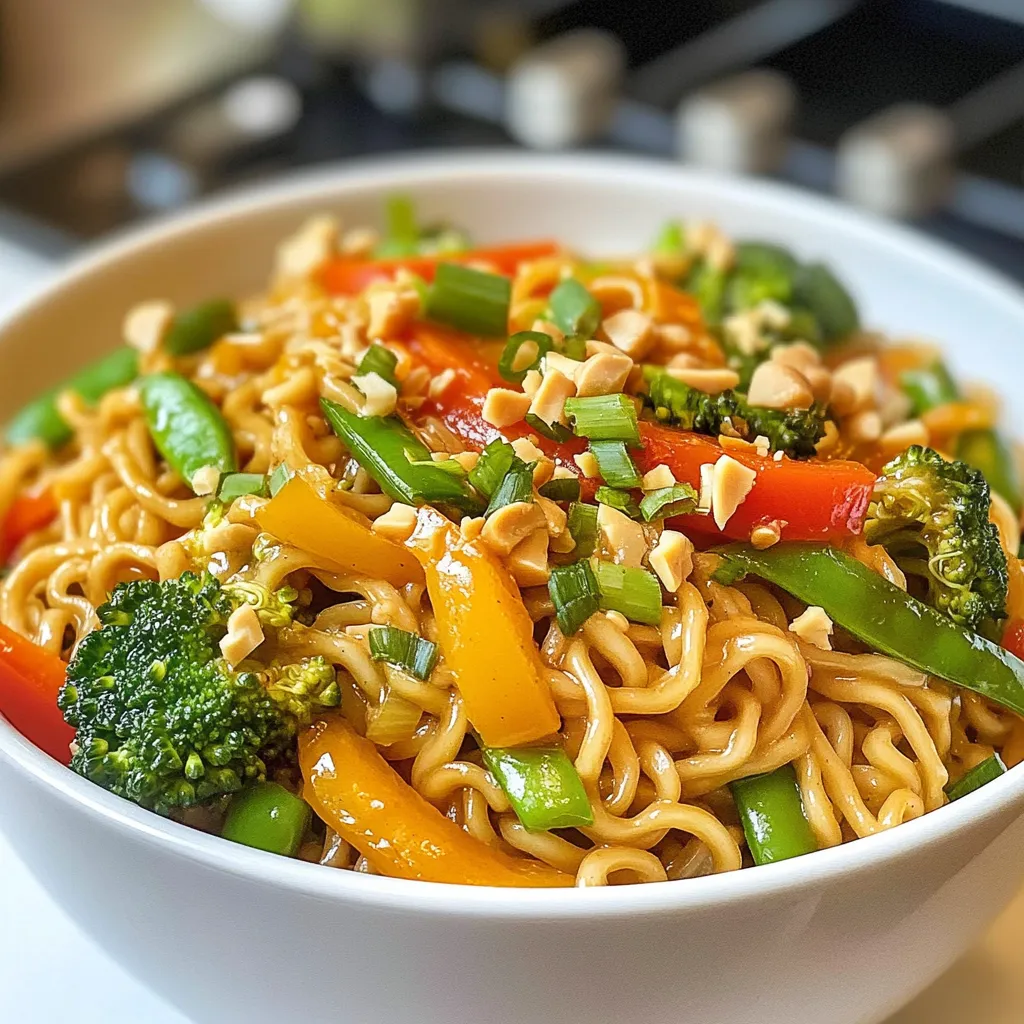 To make Spicy Peanut Ramen Stir-Fry, you need these ingredients: - 2 packs of instant ramen noodles (discard seasoning packets) - 2 tablespoons vegetable oil - 1 cup bell peppers (mixed colors), sliced - 1 cup snap peas - 1 carrot, julienned - 1 cup broccoli florets - 3 cloves garlic, minced - 1 inch ginger, grated - 1/4 cup creamy peanut butter - 3 tablespoons soy sauce - 2 tablespoons sriracha sauce (adjust for spice preference) - 1 tablespoon sesame oil - 1 tablespoon honey (or agave syrup for vegan option) - Chopped green onions and crushed peanuts for garnish You can swap some ingredients if needed: - Use whole wheat or rice noodles instead of ramen for a healthier option. - Swap bell peppers for zucchini or mushrooms for a twist. - Use olive oil in place of vegetable oil for a different flavor. - If you don’t have sriracha, try chili paste or hot sauce. - Maple syrup can replace honey for a vegan choice. Garnishes add flavor and texture: - Sprinkle chopped green onions for freshness. - Add crushed peanuts for crunch. - Try sesame seeds for extra flavor. - A squeeze of lime juice brightens the dish. {{ingredient_image_1}} Start by boiling water in a pot. Once it bubbles, add the ramen noodles. Cook them for 3 to 4 minutes. You want them tender, but not mushy. After cooking, drain the noodles and set them aside. It’s key to discard the seasoning packets. We’ll make our own tasty sauce. Next, grab a large skillet or wok. Heat 2 tablespoons of vegetable oil over medium-high heat. Once hot, add 3 cloves of minced garlic and 1 inch of grated ginger. Sauté these for about 30 seconds until the smell fills your kitchen. This step adds great flavor to your stir-fry! Now it’s time for the veggies! Toss in 1 cup of sliced bell peppers, 1 cup of snap peas, 1 julienned carrot, and 1 cup of broccoli florets. Stir-fry these for about 5 to 7 minutes. You want them slightly tender but still crisp. While the veggies cook, make the sauce. In a small bowl, mix together 1/4 cup of creamy peanut butter, 3 tablespoons of soy sauce, 2 tablespoons of sriracha, 1 tablespoon of sesame oil, and 1 tablespoon of honey. Whisk until smooth, adding a splash of water if it’s too thick. Once the veggies are ready, add the cooked ramen noodles to the skillet. Pour the peanut sauce over everything. Toss gently to mix, ensuring the sauce coats the noodles and vegetables. Cook for another 2 to 3 minutes until everything is hot. Serve this vibrant dish in bowls. Top with chopped green onions and crushed peanuts for that extra crunch. Enjoy your spicy peanut ramen stir-fry! To get the best texture in your Spicy Peanut Ramen Stir-Fry, follow these tips: - Use fresh veggies: Fresh bell peppers, snap peas, and broccoli add crunch. - Don’t overcook: Stir-fry the veggies until they are bright and crisp. - Rinse noodles: After boiling, rinse the noodles in cold water to stop cooking. These steps ensure that every bite feels nice and crunchy. You can easily adjust the spice in this dish. - Start with less sriracha: Use one tablespoon if you prefer mild heat. - Taste as you go: After mixing in the sauce, taste it. Add more sriracha if needed. - Consider garnish: Adding crushed peanuts or green onions can cool it down a bit. This way, you control how spicy your meal is. To make cooking quicker, I have a few tricks: - Prep veggies ahead: Slice and chop your vegetables the night before. - Use pre-cooked noodles: You can find them in many stores, saving you time. - One pot: Cook everything in one skillet to cut down on clean-up. These tips help you enjoy your meal faster and with less hassle. Pro Tips Use Fresh Vegetables: For the best flavor and texture, use fresh, seasonal vegetables. They will enhance the dish and provide more nutrients. Adjust the Spice Level: Sriracha can vary in heat, so taste your sauce before mixing it in. Add more or less based on your spice preference. Perfectly Cooked Noodles: Be careful not to overcook the ramen noodles; they should be tender yet firm (al dente) to avoid a mushy texture when stir-frying. Garnish for Flavor: Don't skip the garnish! Chopped green onions and crushed peanuts not only add flavor but also provide a delightful crunch to the dish. {{image_2}} You can easily make Spicy Peanut Ramen Stir-Fry vegetarian or vegan. For a vegan option, replace honey with agave syrup. You can also use soy sauce or tamari to keep it gluten-free. This dish is already packed with vegetables, making it a robust choice for those avoiding meat. Add tofu or tempeh for extra protein without losing the plant-based vibe. If you want to add protein, consider chicken, shrimp, or beef. Simply cook your choice of protein in the skillet before adding vegetables. You can also use cooked chickpeas or edamame for a plant-based protein boost. This flexibility allows you to tailor the dish to your taste while keeping it quick and easy. Feel free to swap in your favorite veggies! Zucchini, mushrooms, or bok choy work great. You can even use frozen stir-fry mixes for speed. Just remember to adjust cooking times based on the vegetables you choose. Mixing different colors and textures can make your dish more appealing and nutritious. To store your Spicy Peanut Ramen Stir-Fry, let it cool down first. Place it in an airtight container. You can keep it in the fridge for up to 3 days. Make sure the lid is tight to keep it fresh. When you want to eat your leftovers, heat them in a pan on medium heat. Add a splash of water or broth to help with moisture. Stir often until heated through. You can also use the microwave. Just place it in a bowl and cover it. Heat for 1-2 minutes, stirring halfway. To freeze this dish, use a freezer-safe container. Make sure to leave space at the top for expansion. It can last up to 2 months in the freezer. To thaw, put it in the fridge overnight. Reheat as mentioned above. Yes, you can use other noodles. Try rice noodles, udon, or soba. Each noodle adds its own taste and texture. Just follow the cooking time on the package. If you use fresh noodles, they might cook quicker than dried ones. To add more heat, increase the sriracha sauce. You can also add crushed red pepper flakes. For a different kind of spice, try fresh chopped chili peppers. Adjust spices to fit your taste. Remember, you can always add more spice, but it’s hard to take it out! Yes, you can easily make this dish gluten-free. Use gluten-free soy sauce or tamari in place of regular soy sauce. For noodles, choose gluten-free ramen or rice noodles. This way, you can enjoy the same great taste without gluten. This article laid out a simple way to make a tasty ramen dish. We explored key ingredients, step-by-step cooking, and essential tips. You learned about variations for your taste and how to store leftovers. In the end, making ramen can be fun and flexible. Use what you like, adjust the flavors, and create your unique dish. Enjoy your cooking journey!