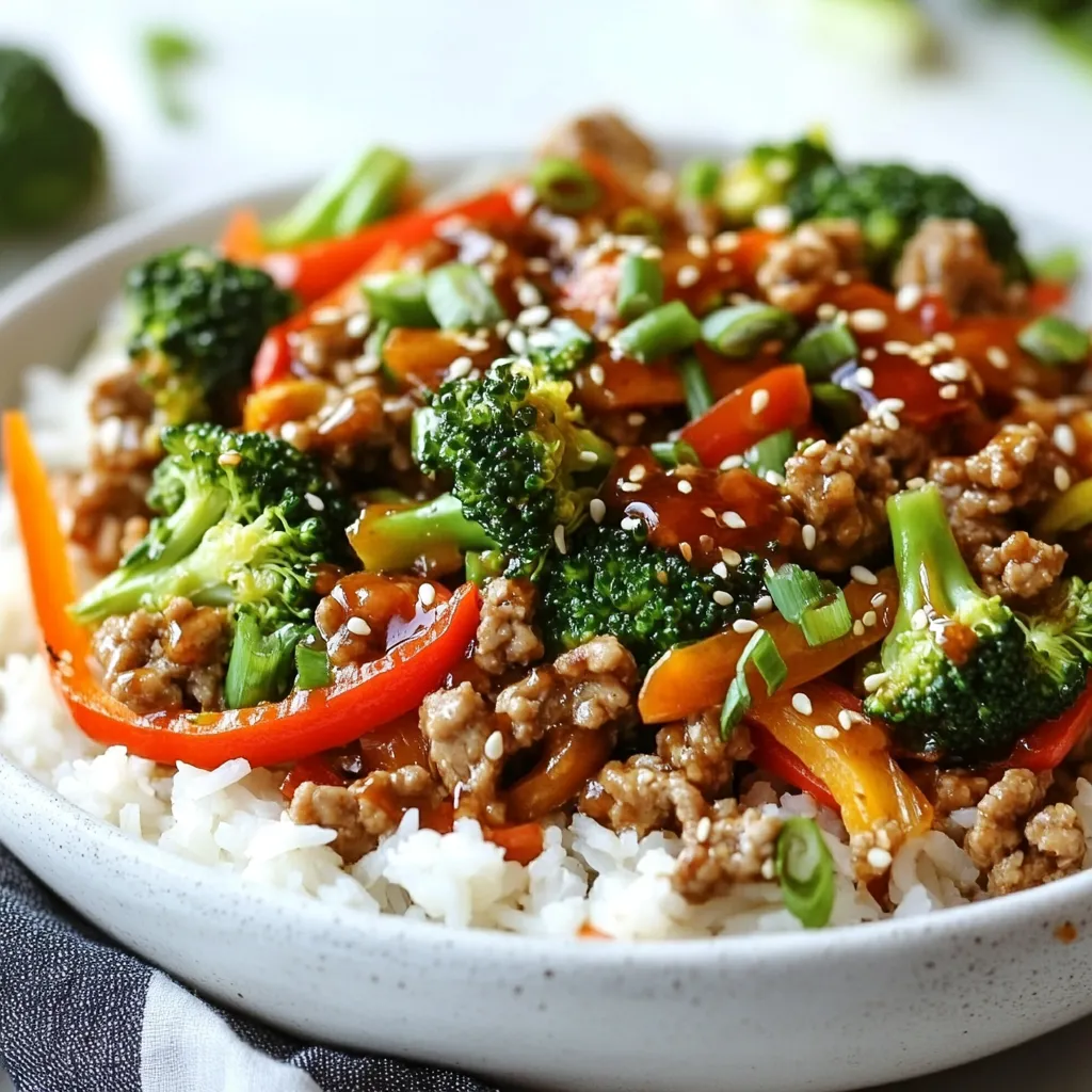 - 1 lb ground turkey - 1 cup broccoli florets - 1 red bell pepper, sliced - 1 carrot, julienned Ground turkey is a lean protein that cooks quickly. It takes on flavors well. Broccoli adds crunch and nutrients. Red bell pepper brings sweetness. Carrots add color and texture. Together, these ingredients create a tasty base for the stir-fry. - 2 tablespoons soy sauce - 1 tablespoon sriracha - 1 tablespoon honey The sauce gives the dish a punch. Soy sauce adds saltiness and depth. Sriracha brings heat that you can adjust. Honey balances the spice with sweetness. Mixing these ingredients creates a rich, flavorful coating for the turkey and veggies. - 2 green onions, sliced - 1 tablespoon sesame seeds Garnishes make the dish pop. Green onions add freshness. Sesame seeds provide a nutty crunch. Sprinkling these on top enhances both flavor and looks. They make your stir-fry more appealing and delicious. {{ingredient_image_1}} To start, heat a large skillet over medium-high heat. Add 2 tablespoons of sesame oil to the hot skillet. Once the oil is hot, add 1 pound of ground turkey. Cook the turkey, stirring often, for 5 to 7 minutes. You want it to be browned and cooked all the way through. This step ensures you get a great texture in your stir-fry. Next, add 3 cloves of minced garlic and 1 teaspoon of grated ginger to the pan. Stir them in for about 30 seconds. You want the aroma to fill your kitchen. This step adds a deep flavor to the turkey and sets a nice base for the dish. Now it's time for the fun part: the veggies! Add 1 cup of broccoli florets, 1 sliced red bell pepper, and 1 julienned carrot to the skillet. Stir-fry these for about 3 to 4 minutes. You want the vegetables to be tender but still crisp. This keeps them vibrant and flavorful. In a small bowl, mix together 2 tablespoons of low-sodium soy sauce, 1 tablespoon of sriracha, and 1 tablespoon of honey. Pour this sauce over the turkey and veggies. Stir well to coat everything evenly. Cook for an additional 2 minutes to heat through. This step brings all the flavors together. Once everything is cooked, remove the skillet from the heat. Season with salt and pepper to taste. Finally, sprinkle sliced green onions and sesame seeds over the stir-fry just before serving. This adds a fresh crunch and a visual pop. Enjoy your delicious and flavorful meal! To get the best texture in your stir-fry, use high heat. This keeps the food crisp. Start by heating your skillet or wok until it’s very hot. Add sesame oil, then the ground turkey. Stir it often to ensure it cooks evenly. This method helps lock in moisture and flavor. If you want to switch proteins, try chicken or tofu. Both can work well in this dish. For those watching their sodium, choose low-sodium soy sauce. This small change helps keep the dish healthy while still tasty. Serve your stir-fry over jasmine rice or quinoa. Both options add a nice base. For a fancy touch, sprinkle extra sesame seeds on top. You can also add a lime wedge for a fresh twist. This not only makes the meal look good but also adds flavor. Enjoy your beautiful and tasty stir-fry! Pro Tips Use Fresh Vegetables: Fresh vegetables will enhance the flavor and texture of your stir-fry. Look for vibrant colors and firm textures when selecting your produce. Adjust Spice Level: If you prefer a milder dish, reduce the amount of sriracha. You can also add it gradually to find your preferred spice level. Cook in Batches: If you’re making a larger quantity, consider cooking in batches to avoid overcrowding the pan, which can lead to steaming instead of stir-frying. Make it a Meal: Serve your stir-fry over rice or quinoa for a complete meal. Adding a sprinkle of nuts can also boost the flavor and crunch! {{image_2}} You can easily change the spice level of your stir-fry. If you want less heat, reduce the sriracha. Start with half a tablespoon and taste. You can always add more later. Another way to adjust heat is by using different sauces. Try a sweet chili sauce for a milder flavor. You can also mix soy sauce with a little vinegar for a tangy kick. Feel free to swap out the vegetables. Snow peas, bok choy, or zucchini work great. Use what you have on hand! Choose seasonal veggies for the best flavor. If it’s summer, try adding fresh corn or bell peppers. In winter, use root veggies like green beans or cabbage. This keeps your meals fresh and fun. You don’t have to use ground turkey. You can switch it up with ground chicken or even beef. If you want a meatless option, tofu is a great choice. Tofu absorbs flavors well and adds a nice texture. Just press and cube it before cooking. This way, it gets crispy and delicious. Whatever protein you choose, the stir-fry will still be yummy! To keep your Spicy Sesame Turkey Stir-Fry fresh, store it in the fridge. Use an airtight container to prevent moisture loss. Make sure it cools down before sealing the container. This stir-fry can last about three to four days. If you want to enjoy it later, always label your container with the date. This way, you’ll know when to use it. When it comes time to reheat, I recommend using a skillet. Heat the skillet on medium heat. Add a splash of water or sesame oil to keep it moist. Stir the mixture often to heat it evenly. If you prefer the microwave, use a microwave-safe dish. Cover it with a damp paper towel to trap steam. Heat in short bursts, stirring in between, until warm. This keeps the texture and flavor intact. You can freeze this stir-fry, but it’s best to do it before adding the green onions and sesame seeds. To freeze, let it cool completely. Then, place it in a freezer-safe bag or container. Squeeze out excess air to prevent freezer burn. Label the bag with the date. It can stay fresh for up to three months. When you’re ready to eat, thaw it in the fridge overnight before reheating. Cooking this dish takes about 20 minutes. You spend 10 minutes prepping ingredients. Cooking the turkey and veggies takes another 10 minutes. It’s quick and easy, perfect for busy weeknights! Yes, you can prep this stir-fry in advance. Chop your veggies and store them in the fridge. You can also cook the turkey and store it separately. Just combine everything when you're ready. This way, you save time on busy nights. If you want less heat, try using sweet chili sauce. You can also use red pepper flakes or a milder hot sauce. Adjust the amount to your taste. Each option will still keep your dish flavorful. Yes, but check your soy sauce. Use a gluten-free soy sauce to keep it safe. All other ingredients are naturally gluten-free. Enjoy this dish without worry if you have gluten restrictions! You now have a clear guide to making a delicious Spicy Sesame Turkey Stir-Fry. We covered the main and sauce ingredients, step-by-step cooking instructions, and tips for the best outcome. Remember, you can adjust the heat level and substitute ingredients to fit your needs. Whether you serve it with rice or enjoy it solo, this meal is both satisfying and tasty. Keep these tips in mind for meal prep and storage, ensuring your stir-fry stays fresh and flavorful. Enjoy your cooking adventure!