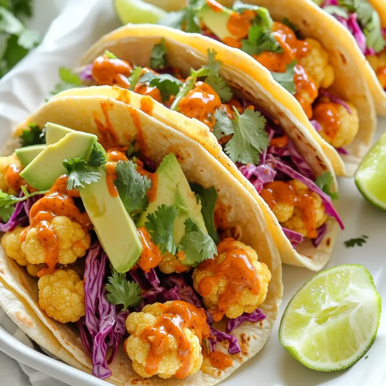 For the main star, we need: - 1 medium cauliflower, cut into bite-sized florets - 1 cup all-purpose flour - 1 teaspoon garlic powder - 1 teaspoon onion powder - ½ teaspoon smoked paprika - ½ teaspoon salt - ½ teaspoon black pepper - 1 cup water (or plant-based milk) - ½ cup buffalo sauce (adjust for desired spice level) These ingredients create a tasty batter that makes the cauliflower crispy and full of flavor. To make the tacos even better, add these toppings: - 8 small corn or flour tortillas - 1 avocado, sliced - 1 cup shredded red cabbage - ¼ cup fresh cilantro, chopped - Lime wedges for serving These toppings add freshness and brightness to the spicy cauliflower. For the best tacos, you can use: - Small corn tortillas for a classic taste - Flour tortillas for a soft, chewy texture Both options work well, so choose based on your preference. Enjoy creating a perfect balance of flavors! To start, cut the medium cauliflower into bite-sized florets. This helps them cook evenly. Next, grab a large bowl. In this bowl, mix together the all-purpose flour, garlic powder, onion powder, smoked paprika, salt, and black pepper. Whisk these dry ingredients well. Once mixed, slowly add in the water or plant-based milk. Keep whisking until you form a smooth batter. This batter will coat the cauliflower nicely. Now it’s time to coat the cauliflower. Dip each floret into the batter, letting the extra drip off. Lay them on a plate lined with parchment paper. Preheat your air fryer to 375°F (190°C). Once ready, place the coated florets in the air fryer basket. Make sure to spread them out in a single layer. You might need to do this in batches. Air fry them for about 12 to 15 minutes. Halfway through, shake the basket to ensure they cook well. They should become golden and crispy. After frying, toss your hot cauliflower in a large bowl with buffalo sauce. Make sure each piece gets coated evenly. Now, warm the tortillas in a dry skillet or microwave. For each taco, place some buffalo cauliflower inside. Top it with sliced avocado, shredded red cabbage, and chopped fresh cilantro. Finally, squeeze fresh lime juice on top for an extra zing. Enjoy your tasty tacos! To get the best crispy cauliflower, start with dry florets. Moisture makes it soggy. After cutting the cauliflower, pat it dry with a towel. The batter should be thick but smooth. Dip each floret well, letting extra batter drip off. Place them in the air fryer without crowding. This helps hot air flow around each piece, making them crispy. Buffalo sauce is the star here. Choose your favorite brand or make your own. After air frying, toss the cauliflower in the hot sauce while it’s still warm. This helps the sauce stick better. If you like it spicy, add more sauce. For a milder taste, just add a little. Always taste before serving to adjust the flavor. These tacos shine with fresh toppings. Avocado adds creaminess. Shredded cabbage gives a nice crunch. Cilantro brings a fresh taste. Serve with lime wedges for a zesty kick. You can also add a side of rice or beans for a complete meal. Pair these tacos with a cold drink, like lemonade or iced tea, for a perfect summer treat. {{image_2}} You can make these tacos vegan and gluten-free easily. For the batter, swap all-purpose flour with gluten-free flour. Use plant-based milk, like almond or oat milk, to keep it vegan. Check the buffalo sauce label to ensure it is vegan-friendly. This way, you can enjoy a tasty meal without any animal products or gluten. If buffalo sauce is too spicy for you, try other sauces. A tangy barbecue sauce works well and adds sweetness. You can also use ranch or a creamy garlic dressing for a milder flavor. Mix and match sauces based on your taste. This gives you fun options to explore with each taco. Feel free to add more veggies to your tacos. Sliced bell peppers or sautéed onions bring extra flavor and color. You can also add roasted corn for a sweet crunch. The more veggies, the better! Mixing different textures makes your meal exciting and nutritious. These additions make each taco a unique experience. Store leftover buffalo cauliflower tacos in an airtight container. Make sure they cool first. Keep them in the fridge for up to three days. This helps preserve the flavors and texture, but they may get soft. To reheat, use an air fryer for the best results. Set it to 350°F (175°C). Heat the tacos for about 5 minutes. This will make them crispy again. You can also use a microwave, but the texture won't be as good. Heat them on a microwave-safe plate for 30-60 seconds. You can freeze the buffalo cauliflower before assembling the tacos. Place the cooked cauliflower in a freezer-safe bag, removing as much air as possible. It will last up to three months. When you're ready to eat, thaw it overnight in the fridge. Reheat as mentioned above before assembling the tacos. Yes, you can use frozen cauliflower. Just thaw and drain it first. Make sure to dry the florets well so the batter sticks. The cooking time might be slightly longer. Check for crispiness before serving. To tone down the heat, use less buffalo sauce. You can also add yogurt or sour cream on top. These toppings cool the spice while adding creaminess. Another option is to mix the buffalo sauce with a bit of ketchup for sweetness. The best toppings include sliced avocado, shredded cabbage, and fresh cilantro. You can also add diced tomatoes or pickled onions for extra flavor. A squeeze of lime juice brightens the taste. These toppings balance the heat of the buffalo sauce. These tacos stay fresh for about 2-3 days in the fridge. Store the cauliflower and toppings separately to keep them crisp. Reheat the cauliflower in the air fryer for best results. Enjoy them warm for a tasty meal! This post shows you how to make delicious cauliflower tacos. We covered ingredients, cooking steps, and helpful tips. You learned about toppings, sauces, and storage. You can create vegan and gluten-free options too. Cauliflower tacos are tasty, easy, and fun to make. So, gather your ingredients and start cooking! Enjoy a dish that everyone can love.