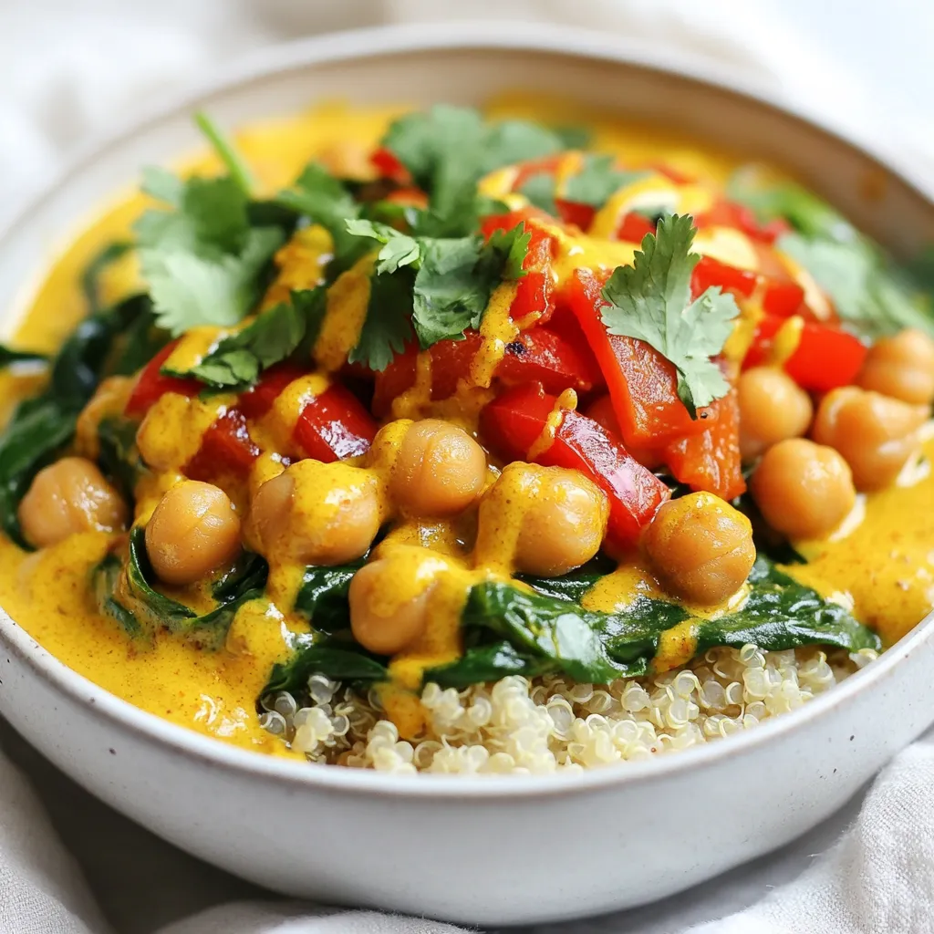- 1 can (15 oz) chickpeas, drained and rinsed - 1 can (13.5 oz) coconut milk - 1 tablespoon olive oil - 1 medium onion, diced - 3 cloves garlic, minced - 1 tablespoon ginger, grated - 2 tablespoons curry powder - 1 teaspoon turmeric - 1 teaspoon cumin - 1 red bell pepper, diced - 1 cup spinach, roughly chopped - Salt and pepper to taste - Fresh cilantro for garnish - Cooked rice or quinoa for serving You can swap chickpeas for other beans, like black beans or lentils. If you prefer, use light coconut milk for fewer calories. Olive oil works well, but you can try coconut oil for extra flavor. For a milder taste, replace red bell pepper with zucchini. Fresh ginger is best, but ground ginger can work in a pinch. Always adjust spices to fit your taste. Chickpeas are full of protein and fiber, making them great for you. Coconut milk adds creaminess and healthy fats. Onions and garlic boost flavor and have health benefits. Curry powder contains turmeric, known for its anti-inflammatory properties. Spinach provides vitamins A and C, plus iron. This dish gives you a mix of nutrients while being tasty and filling. {{ingredient_image_1}} First, gather all your ingredients. This makes cooking easy and quick. You need: - 1 can (15 oz) chickpeas, drained and rinsed - 1 can (13.5 oz) coconut milk - 1 tablespoon olive oil - 1 medium onion, diced - 3 cloves garlic, minced - 1 tablespoon ginger, grated - 2 tablespoons curry powder - 1 teaspoon turmeric - 1 teaspoon cumin - 1 red bell pepper, diced - 1 cup spinach, roughly chopped - Salt and pepper to taste - Fresh cilantro for garnish - Cooked rice or quinoa for serving Next, chop the onion and dice the bell pepper. Mince the garlic and grate the ginger. This step helps release their flavors. Heat the olive oil in a large saucepan over medium heat. Add the diced onion and stir. Cook for about 5-7 minutes. You want it to be soft and see-through. Then, add the minced garlic and grated ginger. Stir and cook for 2 more minutes. Be careful not to burn them; keep stirring. Now, it’s time for the spices! Add curry powder, turmeric, and cumin. Stir them in and let them cook for about 1 minute. This will make your kitchen smell amazing! Next, add the chickpeas and red bell pepper. Stir well to coat them in the spices. Pour in the coconut milk and bring the mix to a gentle simmer. Let it cook for 15 minutes. This allows the flavors to blend together. Finally, stir in the chopped spinach. Let it wilt for about 2-3 minutes. Season your dish with salt and pepper to taste. Prep time is about 10 minutes, and cooking takes around 20 minutes. Total time is about 30 minutes. This recipe serves four people. For best results, don’t rush. Let the spices cook properly. This enhances the flavor. When serving, garnish with fresh cilantro and a lime wedge. This adds color and a fresh taste. Enjoy your delicious coconut curry chickpea bowls! To make your coconut curry chickpea bowls pop, use fresh spices. They add more flavor than old ones. Toast the spices before adding liquids. This process brings out their natural oils and aromas. Also, try adding a squeeze of lime juice at the end. It brightens the dish and adds a nice zing! One mistake is not rinsing the chickpeas. Rinsing removes excess salt and improves taste. Another error is cooking the garlic too long. Burnt garlic can make the dish bitter. Lastly, don’t skip the spinach. It adds nutrients and color to the bowl. Make your bowls look stunning! Use a deep bowl to show off the layers. Place the coconut curry on a bed of rice or quinoa. Scatter fresh cilantro on top for a vibrant green touch. Add a lime wedge for color and flavor. This simple step makes your dish look like a restaurant meal! Pro Tips Use Fresh Spices: For the best flavor, use fresh spices and toast them briefly in the pan to release their essential oils. Adjust the Heat: If you prefer a spicier dish, add a pinch of cayenne pepper or chili powder to the curry mixture. Customize Your Veggies: Feel free to add other vegetables like zucchini or carrots to the curry for extra nutrition and color. Store Leftovers Properly: Store any leftovers in an airtight container in the fridge for up to 3 days, and reheat gently on the stove. {{image_2}} Coconut curry chickpea bowls are already vegetarian and vegan. The base uses chickpeas and coconut milk, making it very rich and creamy. You can add more veggies like carrots or zucchini for extra nutrients. These additions keep the meal wholesome and delicious. If you want a different protein, try using lentils or tofu. Lentils cook quickly and add a nice texture. Tofu absorbs the curry’s flavor well. You can pan-fry or bake the tofu for a crispier bite. Both options make your dish filling and satisfying. You can change the spices to suit your taste. Add more curry powder for heat or use garam masala for a unique twist. Fresh herbs like basil or mint can brighten the flavor. A splash of lime juice adds a fresh kick. Experimenting with flavors makes each bowl special! To keep your Coconut Curry Chickpea Bowls fresh, store them in an airtight container. Make sure to cool the dish to room temperature before sealing. Keep the leftovers in the fridge for up to three days. If you want to enjoy them later, separate the rice or quinoa from the curry to avoid sogginess. Reheat your Coconut Curry Chickpea Bowls gently. Use a microwave-safe dish, and cover it with a lid or a damp paper towel. Heat for one to two minutes, stirring halfway through. If using a stovetop, warm the curry in a saucepan over low heat. Stir often to prevent sticking. Add a splash of water or coconut milk to keep it creamy. You can freeze Coconut Curry Chickpea Bowls for future meals. Use a freezer-safe container, leaving some space at the top for expansion. The dish can stay in the freezer for up to three months. To thaw, place it in the fridge overnight. Reheat it as mentioned above. Enjoy the same great flavors later! Yes, you can use dried chickpeas. First, soak them overnight in water. The next day, cook them until soft. This can take about 1 to 2 hours. Once they are tender, you can add them to your curry. Using dried chickpeas gives a richer flavor. Just remember to plan ahead for soaking and cooking. To make your Coconut Curry Chickpea Bowls spicier, add more curry powder. You can also include fresh chili peppers or red pepper flakes. Another option is to stir in some sriracha or chili paste while cooking. Start with small amounts, so you can control the heat. This way, you can enjoy the flavor without overwhelming spice. Coconut Curry Chickpea Bowls taste great with several side dishes. Try serving them with fluffy rice or quinoa for a filling meal. You can also serve them with naan bread for a nice touch. A simple cucumber salad or roasted veggies can add freshness. These sides complement the rich flavors in your curry wonderfully. This blog post covered the key ingredients, preparation steps, and useful tips for making Coconut Curry Chickpea Bowls. We discussed ingredient notes, cooking techniques, and common mistakes to help you succeed. Remember to customize your dish with varied proteins and flavors. Finally, don’t forget about storage. Properly store leftovers to enjoy later. Follow this guidance, and you’ll create tasty meals every time. Happy cooking!