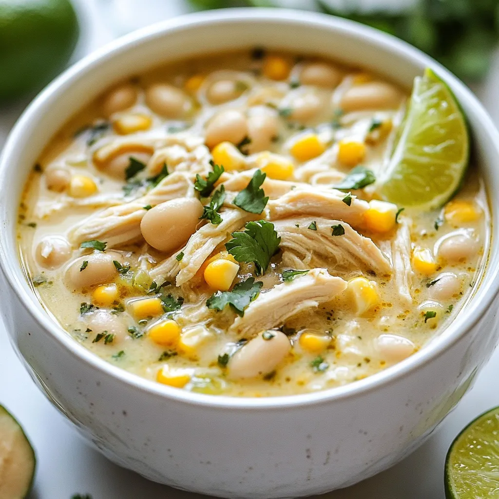 To make creamy white chicken chili, you need the following items: - 1 pound boneless, skinless chicken breasts - 1 tablespoon olive oil - 1 medium onion, diced - 3 cloves garlic, minced - 1 can (4 oz) diced green chilies - 1 teaspoon cumin - 1 teaspoon chili powder - 1/2 teaspoon salt - 1/4 teaspoon black pepper - 3 cups chicken broth - 2 cans (15 oz each) white beans, such as cannellini or great northern, drained and rinsed - 1 cup corn, frozen or fresh - 1 cup heavy cream - Juice of 1 lime - Fresh cilantro, chopped (for garnish) These ingredients combine to create a rich and creamy dish filled with flavor and texture. Each component plays a valuable role, from the chicken that provides protein to the spices that add warmth. You can swap some items for different flavors or dietary needs. Here are a few ideas: - Chicken: Use shredded rotisserie chicken for a quicker option. - Beans: Swap white beans for black beans or kidney beans for a different taste. - Dairy-Free: Replace heavy cream with coconut milk or a dairy-free cream alternative. - Fresh vs. Canned: Fresh ingredients often offer better flavor. Use fresh chilies instead of canned for a kick. Use these swaps based on what you have on hand or your taste preferences. Each serving of creamy white chicken chili contains about: - Calories: 380 calories - Protein: 30 grams - Carbohydrates: 40 grams - Fat: 15 grams - Fiber: 10 grams - Key Vitamins: Rich in Vitamin C and Iron This dish is not only comforting but also offers balanced nutrition. You get protein from the chicken and beans, along with fiber from the beans and corn. This makes it a hearty and wholesome meal choice. {{ingredient_image_1}} To start, heat the olive oil in a large pot over medium heat. Once the oil is warm, add the diced onion. Sauté the onion for about five minutes. You want it to turn translucent. This step adds a rich base flavor to your chili. Next, stir in the minced garlic. Cook this for one minute until it smells great. The garlic will enhance the taste of the chili. Now, take the chicken breasts and add them to the pot. Sprinkle the green chilies, cumin, chili powder, salt, and black pepper over the chicken. Cook this for five minutes. Stir occasionally to ensure even cooking. After this, pour in three cups of chicken broth. Bring the mixture to a boil. Once it bubbles, lower the heat and cover the pot. Let it simmer for about twenty minutes. This time ensures the chicken cooks fully. When the chicken is ready, remove it from the pot. Use two forks to shred the chicken. Return the shredded chicken to the pot for more flavor. Now, it’s time to cook the chili. Add two cans of white beans and the cup of corn to the pot. Stir everything together well. Let the chili simmer for another ten minutes. This step allows the ingredients to meld beautifully. To keep the chicken tender, avoid overcooking it. Always check the chicken for doneness after twenty minutes. If it’s still pink, let it cook a bit longer. After simmering, it’s time to finish the chili. Pour in one cup of heavy cream and the juice of one lime. Mix these in carefully. Heat this through but do not let it boil. Boiling can ruin the creaminess. You may want to adjust the seasoning at this stage. Taste the chili and add more salt or spices if needed. Aim for a thick and creamy consistency. If it’s too thick, add a splash of chicken broth. Serve hot in deep bowls. Top with fresh cilantro for a burst of color and flavor. Enjoy your creamy white chicken chili! To make your creamy white chicken chili shine, adjust the spices. If you like heat, add more chili powder or diced jalapeños. For a milder taste, cut back on the chili powder. You can also add more cumin for extra warmth. To enhance creaminess, use heavy cream but keep it subtle. Start with half a cup, then taste. You can mix in some sour cream for tang without overpowering the dish. This chili pairs well with toppings. Try adding fresh avocado slices, shredded cheese, or a dollop of sour cream. A sprinkle of lime juice adds a zesty kick. For a fun presentation, serve in deep bowls. Top the chili with chopped cilantro and place a lime wedge on the side. This makes it look fresh and inviting. Use a large pot or a Dutch oven for the best results. These tools help distribute heat evenly. A slow cooker is great for hands-free cooking. It keeps the chicken tender and flavors meld beautifully. The stovetop method cooks faster. You can control the heat, ensuring nothing burns. Each method has its perks, so choose what fits your schedule best. Pro Tips Cook Chicken Thoroughly: Ensure the chicken is cooked to an internal temperature of 165°F (75°C) to guarantee safety and tenderness. Use Fresh Ingredients: Opt for fresh garlic and onion for better flavor; they can significantly enhance the overall taste of the chili. Adjust Spice Levels: Feel free to increase or decrease the amount of chili powder and cumin to match your preferred spice level. Let It Rest: Allowing the chili to sit for a few minutes after cooking helps the flavors meld together for a richer taste. {{image_2}} You can change up this creamy white chicken chili in many fun ways. Try adding veggies like bell peppers, zucchini, or spinach for extra nutrients. You can also use different meats. Turkey or pork works well and gives a nice twist. If you want a vegetarian or vegan version, swap out the chicken for mushrooms or jackfruit. Use vegetable broth instead of chicken broth and coconut milk for creaminess. Want more heat? You can easily adjust the spice level. Start by adding a pinch of cayenne pepper for some kick. If you prefer chili peppers, try jalapeños or serranos. You can also use hot sauce for extra flavor. Remember, you can always add more heat, but it’s hard to take it away once it’s in! How you serve your chili can change the whole meal. Top it with shredded cheese, diced avocado, or a dollop of sour cream for creaminess. Fresh cilantro adds a nice touch, too! For a complete meal, serve it with cornbread or warm tortillas. This chili is super versatile and can be a cozy dish for any occasion. To store leftover chili, let it cool to room temp. Then, place it in an airtight container. I recommend glass or BPA-free plastic containers. This helps keep the chili fresh. Store it in the fridge for up to four days. If you want to freeze portions, use freezer-safe bags or containers. Divide the chili into smaller servings. This way, you can thaw only what you need. To thaw, place the container in the fridge overnight. For quick reheating, use the microwave or stovetop. Just heat until hot. In the fridge, your chili is safe for about four days. If frozen, it lasts for up to three months. Check for signs of spoilage, like an off smell or mold. If you see these signs, it’s best to toss it out. Yes, you can make this chili ahead of time. It tastes even better after sitting. For best results, cool it down quickly. Store it in an airtight container. Refrigerate for up to three days. You can reheat it on the stove or in the microwave. If it thickens too much, add a splash of broth. You have a few options to thicken your chili. First, you can mash some of the white beans. This adds creaminess and texture. Second, try adding cornmeal or masa harina. This gives a nice flavor too. Lastly, a cornstarch slurry can work well. Just mix cornstarch with water, then stir it in. Yes, this chili is gluten-free. It uses beans and chicken, which have no gluten. Just check your broth label to ensure it’s gluten-free. Some brands add gluten, so it’s good to be aware. Enjoy this chili worry-free if you have gluten issues! You now have a complete guide to making white chicken chili. We covered ingredients, substitutions, and the cooking process. I shared tips to elevate flavor, serving ideas, and storage info. This recipe is versatile and can match your taste, whether you prefer it mild or spicy. Enjoy experimenting with variations and make it your own. Now, gather your ingredients and start cooking your delicious chili today!