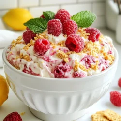 To make this creamy Lemon Raspberry Cheesecake Dip, you will need the following: - 1 cup cream cheese, softened - 1/2 cup powdered sugar - 1/2 cup Greek yogurt - 2 tablespoons fresh lemon juice - Zest of 1 lemon - 1 cup fresh raspberries (plus extra for garnish) - 1 teaspoon vanilla extract - Graham cracker crumbs for serving - Fresh mint leaves for garnish These ingredients come together to create a dip that is both tasty and refreshing. I suggest using full-fat cream cheese for the best flavor and creaminess. Philadelphia is a great brand. For Greek yogurt, you can choose Fage or Chobani. They provide a nice tang to the dip. Make sure to use fresh lemons for juice and zest; they add brightness. When selecting raspberries, look for firm and plump ones. They should be deep red and smell sweet. If you need to swap any items, here are some good options: - Instead of cream cheese, use mascarpone for a richer taste. - You can use powdered erythritol if you want a low-sugar option. - Sour cream can replace Greek yogurt if needed. - For a dairy-free version, try coconut cream in place of cream cheese and yogurt. These substitutions will still keep your dip delicious while accommodating different diets. {{ingredient_image_1}} Start by gathering your ingredients. You need cream cheese and powdered sugar. In a medium bowl, combine 1 cup of softened cream cheese and 1/2 cup of powdered sugar. Use an electric mixer to beat them together until smooth. This step is key for a creamy dip. Next, add 1/2 cup of Greek yogurt, 2 tablespoons of fresh lemon juice, lemon zest from 1 lemon, and 1 teaspoon of vanilla extract. Mix well until everything is fluffy and well combined. This mixture brings that rich cheesecake flavor. Now, gently fold in 1 cup of fresh raspberries. Be careful not to mash them too much. You want some whole raspberries for a nice texture. Once mixed, transfer the dip to a nice serving bowl. Smooth the top with a spatula to make it look appealing. Chill the dip in the fridge for at least 30 minutes. This helps the flavors blend well and makes the dip firmer. Before you serve, sprinkle graham cracker crumbs on top. Add extra raspberries and fresh mint leaves for a pretty touch. Now, you’re ready to enjoy this delicious dip! To get the best texture for your dip, use softened cream cheese. This makes mixing much easier. I suggest letting the cream cheese sit out for about 30 minutes before you start. Mix it with powdered sugar until smooth. Then, add Greek yogurt for a light and creamy feel. The key is to beat it just enough. You want it fluffy but not too airy. You can change this dip to fit your taste. Try adding a bit more lemon juice for extra zing. You can also mix in some lemon extract for a deeper flavor. Want a berry twist? Swap raspberries for strawberries or blueberries. Each fruit adds a unique taste. You might also add a sprinkle of cinnamon or nutmeg for warmth. How you present the dip can make it even more fun! Serve it in a colorful bowl. You can also sprinkle some graham cracker crumbs on top. This adds a nice crunch. For a fresh touch, add mint leaves and more berries on top. This makes it look beautiful. Pair your dip with graham crackers, fruit slices, or pretzel sticks. This makes the whole experience enjoyable! Pro Tips Tip Title: Use Room Temperature Cream Cheese: For a smooth and creamy dip, ensure your cream cheese is at room temperature before mixing. Tip Title: Fresh Raspberries: Opt for fresh raspberries instead of frozen for the best flavor and texture in your dip. Tip Title: Chill Before Serving: Allow the dip to chill for at least 30 minutes to enhance the flavors and achieve the right consistency. Tip Title: Garnish for Presentation: Adding mint leaves and extra raspberries not only enhances the look but also adds a refreshing flavor. {{image_2}} You can easily adapt this dip for gluten-free diets. Use gluten-free graham crackers for dipping. You can also serve it with fresh fruits like apples or strawberries. They pair well with the flavors. Always check labels to ensure all ingredients are gluten-free. For a dairy-free version, swap cream cheese with a plant-based cream cheese. Use coconut yogurt instead of Greek yogurt. This keeps the dip creamy and delicious. The lemon and raspberries bring great flavor, making it hard to tell it’s dairy-free. You can switch out raspberries for other fruits based on the season. Try strawberries in spring or peaches in summer. In the fall, apples work great. The key is to keep the fresh fruit taste. Each fruit brings its own twist, making every dip unique. To keep your Lemon Raspberry Cheesecake Dip fresh, place it in an airtight container. This will prevent it from absorbing other smells in the fridge. Make sure to store it in the main part of the fridge, not the door. The main part stays cooler, keeping your dip tasty. When stored well, this dip lasts about 3 to 5 days in the refrigerator. If you notice any change in color or smell, it's best to discard it. Always check before you dig in. The longer it sits, the more the flavors may change. You can freeze this dip if you want to save some for later. Place it in a freezer-safe container, leaving some space at the top. This allows for expansion as it freezes. To thaw, move it to the fridge overnight. Avoid thawing it in the microwave, as this can change the texture. After thawing, give it a good stir before serving. Yes, you can make this dip ahead of time. Mix it up a day before serving. Store it in the fridge. The flavors will blend better as it chills. Just keep it covered to avoid drying out. Before serving, give it a quick stir. This keeps it fresh and creamy. You have many fun options for serving. Here are some ideas: - Graham crackers - Fresh fruit slices, like apples or strawberries - Pretzel sticks for a salty crunch - Vanilla wafers for a sweet touch You can mix and match to find your favorite combo. Each one adds a unique twist to the dip. To keep the dip thick, use softened cream cheese. Don't skip the chilling step; it helps firm up the dip. If it seems runny, add more powdered sugar or cream cheese. This will help thicken it. Gently fold in raspberries to keep some whole. Avoid over-mixing, as this can make it watery. In this post, we explored key ingredients, steps, and tips for Lemon Raspberry Cheesecake Dip. I shared easy ways to substitute ingredients and variations for specific diets. Proper storage methods help keep your dip fresh. Remember, you can make it in advance for parties. Serving it with fruit or cookies adds a nice touch. Experiment with flavors and presentation for fun. Enjoy crafting this creamy delight that guests will love!