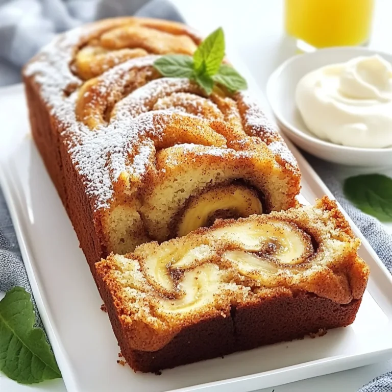 When I make Cinnamon Swirl Banana Bread, I focus on fresh, simple ingredients. Hereβs what you need: - 3 ripe bananas, mashed - 1/3 cup melted butter - 1 teaspoon baking soda - Pinch of salt - 3/4 cup sugar - 1 large egg, beaten - 1 teaspoon vanilla extract - 1 1/2 cups all-purpose flour - 1 tablespoon cinnamon - 2 tablespoons brown sugar The bananas should be very ripe. This gives the bread a sweet taste. The melted butter adds moisture. Baking soda helps the bread rise. A pinch of salt balances the flavors. I use sugar to sweeten the bread. The egg adds richness and helps bind the mix. Vanilla extract brings a warm, inviting scent. All-purpose flour gives the bread its structure. For the swirl, I mix cinnamon and brown sugar. This adds a nice touch of sweetness and spice. The combination creates a warm, comforting flavor. Itβs a great way to elevate this classic recipe. Feel free to get creative with these ingredients. Use your favorite nuts or chocolate chips for added flavor. This recipe is flexible, so have fun with it! {{ingredient_image_1}} 1. Preheat the oven and prepare the loaf pan. Heat your oven to 350Β°F (175Β°C). Grease a 9x5 inch loaf pan to keep the bread from sticking. 2. Combine bananas and melted butter. In a mixing bowl, mash three ripe bananas. Add 1/3 cup of melted butter. Stir until well mixed. 3. Mix in baking soda, salt, and sugar. Add 1 teaspoon of baking soda and a pinch of salt to the banana mixture. Then, mix in 3/4 cup of sugar until fully blended. 4. Add the egg and vanilla, followed by flour. Stir in 1 large beaten egg and 1 teaspoon of vanilla extract. Gradually fold in 1 1/2 cups of all-purpose flour. Be gentle; donβt overmix. 1. Prepare the cinnamon and brown sugar mixture. In a small bowl, mix 1 tablespoon of cinnamon with 2 tablespoons of brown sugar. This will create the sweet swirl. 2. Add batter to the loaf pan and swirl the sugar mixture. Pour half of the batter into your prepared loaf pan. Sprinkle half of the cinnamon sugar mixture on top. Add the rest of the batter and sprinkle the remaining sugar mix. Use a knife to gently swirl it together. 1. Bake the banana bread until done. Place the loaf pan in the oven. Bake for 60 to 65 minutes. Check if itβs done by inserting a toothpick into the center. It should come out clean. 2. Cooling instructions after baking. Let the bread cool in the pan for 10 minutes. After that, transfer it to a wire rack to cool completely. Enjoy the warm, sweet aroma in your kitchen! To get the best texture in your banana bread, avoid overmixing. Overmixing makes the bread tough. Mix just until combined for a soft loaf. Ripe bananas add moisture and natural sweetness. Look for bananas with brown spots for the best flavor. Fat content also plays a key role. The melted butter adds rich moisture. This keeps the bread soft and tender. Using the right fat helps create the perfect texture. You can enhance the flavor of your banana bread with nice additions. Chopped nuts add crunch and a lovely taste. Chocolate chips bring a sweet surprise to each bite. You might also try adding dried fruits for extra flavor. For serving, enjoy the bread warm with butter. It pairs well with cream cheese spread. A light dusting of cinnamon sugar boosts the cozy feel. To serve banana bread for maximum appeal, slice it neatly. Arrange the slices on a pretty plate. A light dusting of cinnamon sugar looks inviting. Garnish with a small sprig of mint for a pop of color. You can also serve it with a side of whipped cream. This makes the dish feel special and adds a lovely touch. Pro Tips Use Overripe Bananas: The riper the bananas, the sweeter and more flavorful your banana bread will be. Look for bananas with lots of brown spots for optimal sweetness. Don't Overmix: When folding in the flour, mix only until just combined. Overmixing can lead to a dense bread instead of a light and fluffy texture. Cool Before Slicing: Allow the banana bread to cool in the pan for at least 10 minutes before transferring to a wire rack. This prevents it from becoming gummy and helps maintain its shape. Experiment with Add-ins: Feel free to customize your banana bread with chocolate chips, walnuts, or dried fruits to add extra flavor and texture. {{image_2}} You can make tasty changes to the classic recipe. For sugar, try using honey or maple syrup. These sweeteners add flavor and are healthier. If you want to switch the flour, use whole wheat or almond flour for more nutrients. You can also mix in extra fruits. Chopped apples or berries add great taste and texture. Get creative with spices and extracts. Instead of just cinnamon, add nutmeg or ginger for a warm kick. You can also use vanilla bean paste for a deeper flavor. Want to change up the swirl? Try Nutella or peanut butter. These add a rich, creamy texture that makes each bite special. Think about how you want to serve your banana bread. You can make mini loaves for fun, easy snacks. They are perfect for lunchboxes or gifts. If you prefer standard loaves, slice them thick or thin, based on your mood. Serve with a sprinkle of cinnamon sugar or a touch of cream cheese for extra delight. A sprig of mint adds a nice touch to your plate. To keep your cinnamon swirl banana bread fresh, store it properly. For short-term storage, wrap the bread tightly in plastic wrap. Place it in an airtight container or a zip-top bag. This keeps it moist and tasty for about three days at room temperature. If you want to store it longer, freezing is the way to go. To freeze banana bread, slice it first. This makes it easy to grab a piece later. Wrap each slice in plastic wrap, then place all slices in a freezer bag. You can enjoy the bread for up to three months. Just remember to label the bag with the date. When you want to enjoy some banana bread, you can warm it up easily. Preheat your oven to 350Β°F (175Β°C). Place the bread on a baking sheet. Heat it for about 10-15 minutes. This warms the bread and brings back its fresh taste. If you need a quicker option, use a microwave. Heat a slice for about 15-20 seconds. Be careful not to overheat, as this can make the bread tough. For the best results, try to reheat it in the oven. It helps keep the texture and flavor just right. Can I use frozen bananas? Yes, you can use frozen bananas. Just thaw them first. Make sure to drain any excess liquid. This helps keep your batter from being too wet. How can I tell when the bread is done? Check for doneness by inserting a toothpick in the center. If it comes out clean, the bread is ready. The top should be golden brown, too. What can I substitute for eggs in this recipe? You can use unsweetened applesauce or mashed flaxseeds. Both work well to bind the ingredients without eggs. Can I make this recipe dairy-free? Absolutely! Replace the melted butter with coconut oil or a dairy-free butter substitute. This keeps the bread tasty and light. Why is my banana bread too dense? Dense banana bread often happens from overmixing the batter. Mix just until combined for a light texture. Also, make sure your bananas are very ripe for best results. How to prevent a dry banana bread? To avoid dryness, donβt overbake your bread. Keep an eye on the time and check for doneness early. Adding a bit more mashed banana can also help. Why does my cinnamon swirl sink to the bottom? If the swirl sinks, your batter may be too thin. Try slightly thickening it by adding a bit more flour. Also, ensure to gently swirl; donβt mix it in completely. This blog covered a simple recipe for cinnamon swirl banana bread. You learned about key ingredients, step-by-step instructions, and helpful tips for perfecting texture and flavor. We explored fun variations and how to store your bread. Now, you can bake delicious banana bread that everyone will enjoy. Whatever your taste, thereβs a way to make it your own. Dive in and enjoy this sweet treat today!