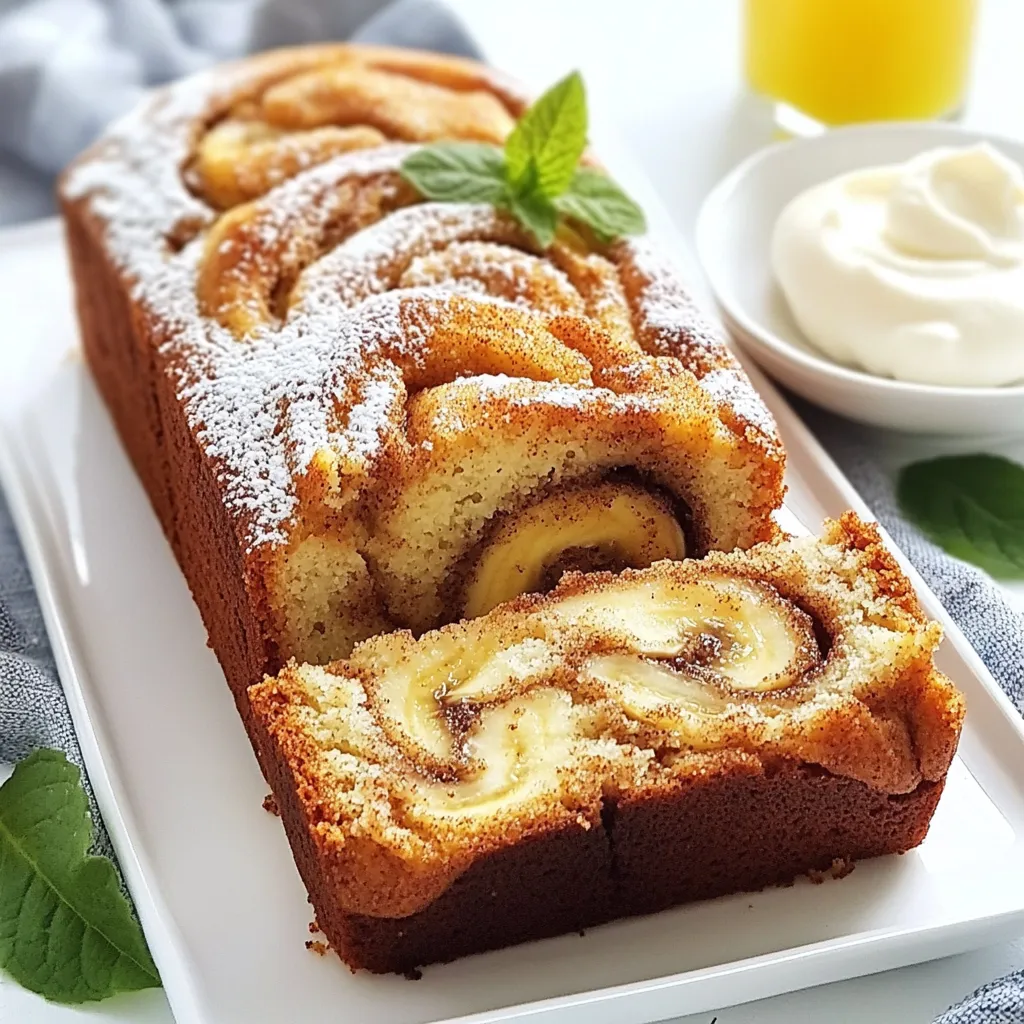 When I make Cinnamon Swirl Banana Bread, I focus on fresh, simple ingredients. Here’s what you need: - 3 ripe bananas, mashed - 1/3 cup melted butter - 1 teaspoon baking soda - Pinch of salt - 3/4 cup sugar - 1 large egg, beaten - 1 teaspoon vanilla extract - 1 1/2 cups all-purpose flour - 1 tablespoon cinnamon - 2 tablespoons brown sugar The bananas should be very ripe. This gives the bread a sweet taste. The melted butter adds moisture. Baking soda helps the bread rise. A pinch of salt balances the flavors. I use sugar to sweeten the bread. The egg adds richness and helps bind the mix. Vanilla extract brings a warm, inviting scent. All-purpose flour gives the bread its structure. For the swirl, I mix cinnamon and brown sugar. This adds a nice touch of sweetness and spice. The combination creates a warm, comforting flavor. It’s a great way to elevate this classic recipe. Feel free to get creative with these ingredients. Use your favorite nuts or chocolate chips for added flavor. This recipe is flexible, so have fun with it! {{ingredient_image_1}} 1. Preheat the oven and prepare the loaf pan. Heat your oven to 350°F (175°C). Grease a 9x5 inch loaf pan to keep the bread from sticking. 2. Combine bananas and melted butter. In a mixing bowl, mash three ripe bananas. Add 1/3 cup of melted butter. Stir until well mixed. 3. Mix in baking soda, salt, and sugar. Add 1 teaspoon of baking soda and a pinch of salt to the banana mixture. Then, mix in 3/4 cup of sugar until fully blended. 4. Add the egg and vanilla, followed by flour. Stir in 1 large beaten egg and 1 teaspoon of vanilla extract. Gradually fold in 1 1/2 cups of all-purpose flour. Be gentle; don’t overmix. 1. Prepare the cinnamon and brown sugar mixture. In a small bowl, mix 1 tablespoon of cinnamon with 2 tablespoons of brown sugar. This will create the sweet swirl. 2. Add batter to the loaf pan and swirl the sugar mixture. Pour half of the batter into your prepared loaf pan. Sprinkle half of the cinnamon sugar mixture on top. Add the rest of the batter and sprinkle the remaining sugar mix. Use a knife to gently swirl it together. 1. Bake the banana bread until done. Place the loaf pan in the oven. Bake for 60 to 65 minutes. Check if it’s done by inserting a toothpick into the center. It should come out clean. 2. Cooling instructions after baking. Let the bread cool in the pan for 10 minutes. After that, transfer it to a wire rack to cool completely. Enjoy the warm, sweet aroma in your kitchen! To get the best texture in your banana bread, avoid overmixing. Overmixing makes the bread tough. Mix just until combined for a soft loaf. Ripe bananas add moisture and natural sweetness. Look for bananas with brown spots for the best flavor. Fat content also plays a key role. The melted butter adds rich moisture. This keeps the bread soft and tender. Using the right fat helps create the perfect texture. You can enhance the flavor of your banana bread with nice additions. Chopped nuts add crunch and a lovely taste. Chocolate chips bring a sweet surprise to each bite. You might also try adding dried fruits for extra flavor. For serving, enjoy the bread warm with butter. It pairs well with cream cheese spread. A light dusting of cinnamon sugar boosts the cozy feel. To serve banana bread for maximum appeal, slice it neatly. Arrange the slices on a pretty plate. A light dusting of cinnamon sugar looks inviting. Garnish with a small sprig of mint for a pop of color. You can also serve it with a side of whipped cream. This makes the dish feel special and adds a lovely touch. Pro Tips Use Overripe Bananas: The riper the bananas, the sweeter and more flavorful your banana bread will be. Look for bananas with lots of brown spots for optimal sweetness. Don't Overmix: When folding in the flour, mix only until just combined. Overmixing can lead to a dense bread instead of a light and fluffy texture. Cool Before Slicing: Allow the banana bread to cool in the pan for at least 10 minutes before transferring to a wire rack. This prevents it from becoming gummy and helps maintain its shape. Experiment with Add-ins: Feel free to customize your banana bread with chocolate chips, walnuts, or dried fruits to add extra flavor and texture. {{image_2}} You can make tasty changes to the classic recipe. For sugar, try using honey or maple syrup. These sweeteners add flavor and are healthier. If you want to switch the flour, use whole wheat or almond flour for more nutrients. You can also mix in extra fruits. Chopped apples or berries add great taste and texture. Get creative with spices and extracts. Instead of just cinnamon, add nutmeg or ginger for a warm kick. You can also use vanilla bean paste for a deeper flavor. Want to change up the swirl? Try Nutella or peanut butter. These add a rich, creamy texture that makes each bite special. Think about how you want to serve your banana bread. You can make mini loaves for fun, easy snacks. They are perfect for lunchboxes or gifts. If you prefer standard loaves, slice them thick or thin, based on your mood. Serve with a sprinkle of cinnamon sugar or a touch of cream cheese for extra delight. A sprig of mint adds a nice touch to your plate. To keep your cinnamon swirl banana bread fresh, store it properly. For short-term storage, wrap the bread tightly in plastic wrap. Place it in an airtight container or a zip-top bag. This keeps it moist and tasty for about three days at room temperature. If you want to store it longer, freezing is the way to go. To freeze banana bread, slice it first. This makes it easy to grab a piece later. Wrap each slice in plastic wrap, then place all slices in a freezer bag. You can enjoy the bread for up to three months. Just remember to label the bag with the date. When you want to enjoy some banana bread, you can warm it up easily. Preheat your oven to 350°F (175°C). Place the bread on a baking sheet. Heat it for about 10-15 minutes. This warms the bread and brings back its fresh taste. If you need a quicker option, use a microwave. Heat a slice for about 15-20 seconds. Be careful not to overheat, as this can make the bread tough. For the best results, try to reheat it in the oven. It helps keep the texture and flavor just right. Can I use frozen bananas? Yes, you can use frozen bananas. Just thaw them first. Make sure to drain any excess liquid. This helps keep your batter from being too wet. How can I tell when the bread is done? Check for doneness by inserting a toothpick in the center. If it comes out clean, the bread is ready. The top should be golden brown, too. What can I substitute for eggs in this recipe? You can use unsweetened applesauce or mashed flaxseeds. Both work well to bind the ingredients without eggs. Can I make this recipe dairy-free? Absolutely! Replace the melted butter with coconut oil or a dairy-free butter substitute. This keeps the bread tasty and light. Why is my banana bread too dense? Dense banana bread often happens from overmixing the batter. Mix just until combined for a light texture. Also, make sure your bananas are very ripe for best results. How to prevent a dry banana bread? To avoid dryness, don’t overbake your bread. Keep an eye on the time and check for doneness early. Adding a bit more mashed banana can also help. Why does my cinnamon swirl sink to the bottom? If the swirl sinks, your batter may be too thin. Try slightly thickening it by adding a bit more flour. Also, ensure to gently swirl; don’t mix it in completely. This blog covered a simple recipe for cinnamon swirl banana bread. You learned about key ingredients, step-by-step instructions, and helpful tips for perfecting texture and flavor. We explored fun variations and how to store your bread. Now, you can bake delicious banana bread that everyone will enjoy. Whatever your taste, there’s a way to make it your own. Dive in and enjoy this sweet treat today!