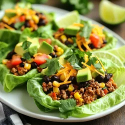 - 1 lb ground turkey or beef - 1 tablespoon olive oil - 1 small onion, finely chopped - 2 cloves garlic, minced - 1 bell pepper, diced (any color) - 1 tablespoon taco seasoning - 1 can (15 oz) black beans, rinsed and drained - 1 cup corn kernels (fresh, frozen, or canned) - Salt and pepper to taste - 1 head of butter or Romaine lettuce - 1 avocado, sliced - 1 medium tomato, diced - 1/2 cup shredded cheese (cheddar or Mexican blend) - Fresh cilantro, chopped - Lime wedges - Alternate protein options (chicken, plant-based) - Additional toppings (sour cream, salsa, jalapeños) - Large skillet - Spoon for mixing - Knife and cutting board - Measuring spoons The taco lettuce wraps are quick to make and fun to eat. You can swap out ground turkey for beef if you want a richer taste. Use olive oil to sauté the onion and garlic. This gives a nice flavor base for your dish. I love adding bell pepper for color and crunch. Taco seasoning brings everything together, while beans and corn add texture and fiber. For the wraps, I prefer butter or Romaine lettuce. They hold the filling well and are easy to grab. Avocado, tomato, and cheese make great toppings. Fresh cilantro adds a burst of flavor, and lime juice brightens it all up. Feel free to mix things up! You can use chicken or plant-based proteins if you like. Sour cream, salsa, or jalapeños add extra flair. Make sure you have a large skillet to cook everything. A spoon helps mix the meat and veggies well. A knife and cutting board will help chop your ingredients. Measuring spoons ensure you add just the right amount of seasoning. These ingredients make taco lettuce wraps a tasty and healthy meal option. {{ingredient_image_1}} 1. Sauté onion and garlic: Start by heating one tablespoon of olive oil in a large skillet over medium heat. Add one small chopped onion. Sauté it for 2 to 3 minutes until it turns soft and clear. Next, stir in two minced garlic cloves. Cook for another 2 minutes. This gives a great base flavor. 2. Cook ground turkey or beef: Now, add one pound of ground turkey or beef to the skillet. Break it apart with a spoon as it cooks. Keep cooking until the meat is brown and no longer pink, which should take about 5 to 7 minutes. 3. Add taco seasoning and beans: Sprinkle one tablespoon of taco seasoning over the meat. Then, add one can of rinsed black beans and one cup of corn. Stir everything together well. Cook for 3 to 5 more minutes until it all heats up. Season with salt and pepper to taste. 1. Separating and washing lettuce leaves: While the meat mixture cooks, take one head of butter or Romaine lettuce. Gently pull off the leaves. Wash them under cold water to remove any dirt. Pat them dry with a towel. 2. Assembling the wraps with filling and toppings: To make your wraps, take a lettuce leaf. Spoon some of the meat mixture into the center. Top it with slices of avocado, diced tomato, and a sprinkle of shredded cheese. Garnish with fresh cilantro for a pop of color. - For plating, arrange the filled lettuce wraps on a large platter. You can add lime wedges on the side to squeeze over the wraps. - Pair your wraps with dips like salsa or guacamole. Fresh veggies like carrot sticks or cucumber slices can also make a nice side dish. For taco lettuce wraps, I love using butter or Romaine lettuce. These types are sturdy and easy to hold. They also have a nice crunch. When selecting lettuce, look for bright green leaves. Avoid any that are wilted or brown. To keep your lettuce fresh, store it in a sealed bag in the fridge. You can also wrap it in a damp paper towel. This helps keep it crisp for longer. Seasoning is key to tasty taco wraps. I suggest adding more taco seasoning than the recipe calls for. You can also mix in spices like cumin and paprika for depth. Adding fresh herbs, like cilantro, enhances the flavor too. For extra texture, consider adding diced radishes or shredded carrots. These ingredients not only add crunch but also a colorful touch. Meal prep saves time. You can cook the meat mixture in advance. Store it in an airtight container in the fridge. It stays good for about 3 to 4 days. For reheating, use a skillet over low heat. Stir it until warmed through. You can also microwave it in a bowl for quick meals. Just cover it to avoid drying out. Pro Tips Choose Your Protein: Ground turkey is a healthier option, but using ground beef will give your wraps a richer flavor. Choose based on your dietary preferences. Customize Your Veggies: Feel free to add more vegetables like zucchini, mushrooms, or jalapeños for added flavor and nutrition. Season to Taste: Adjust the amount of taco seasoning according to your preference; you can also add a pinch of cayenne pepper for extra heat! Perfect Lettuce Cups: Select large, intact leaves from the lettuce head to make sturdy wraps that hold the filling without tearing. {{image_2}} You can easily turn taco lettuce wraps into a vegetarian dish. - Use black beans, lentils, or chickpeas as your protein. - Add more veggies like zucchini, mushrooms, or carrots for a tasty mix. - For a vegan option, skip cheese and use avocado or cashew cream instead. Spice up your taco wraps by changing the seasonings. - Try adding cumin, paprika, or chili powder for extra heat. - For a Thai twist, use peanut sauce and top with shredded carrots and cilantro. - Mediterranean flavors can shine through with hummus, olives, and feta cheese. For low-carb or keto diets, keep it simple. - Use ground turkey or beef as your base, but skip the beans and corn. - Replace toppings like cheese with avocado for healthy fats. - Lettuce wraps naturally fit into low-carb diets, making them a perfect choice! Store taco lettuce wraps in airtight containers. This keeps them fresh and tasty. Use glass or plastic containers for the best results. If you have leftover filling, keep it separate from the lettuce. This helps the lettuce stay crisp. You can freeze the taco filling easily. Let it cool first, then place it in freezer bags. Squeeze out as much air as you can to prevent freezer burn. To reheat, thaw overnight in the fridge. Heat it in a skillet on low until warm. You can also microwave it in a bowl with a lid. Refrigerated taco lettuce wraps last about 3 days. The filling can last up to 4 days in the fridge. If you freeze the filling, it stays good for up to 3 months. Just remember to label your containers with dates. Yes, you can use other types of lettuce. Iceberg lettuce works well because it is crisp and holds the filling nicely. Leaf lettuce is another great option. It has a soft texture and adds a nice flavor. You can even try romaine for a sturdier wrap. Each type brings its own taste and texture to your taco lettuce wraps. Leftover toppings can be used in many ways. You can mix them into a salad for added flavor. They make great toppings for baked potatoes or nachos. You can also stir them into a soup or chili for extra taste. If you have cheese left, sprinkle it on a sandwich. Get creative and enjoy those extras! To add spice, you can use hot sauce or diced jalapeños. Adding chili powder to the meat gives it a nice kick. You could also try spicy salsa as a topping. If you like heat, sprinkle red pepper flakes on top. Adjusting the heat level is easy, and it makes your wraps more exciting! Taco lettuce wraps are a fun, healthy choice. Using ground turkey or beef, fresh veggies, and your favorite toppings makes them tasty. Remember, you can customize them with different proteins or flavors to fit your taste. Store wraps properly to enjoy later or change them up for variety. I hope this guide helps you create your wraps easily. Dive into this meal option and enjoy every bite!