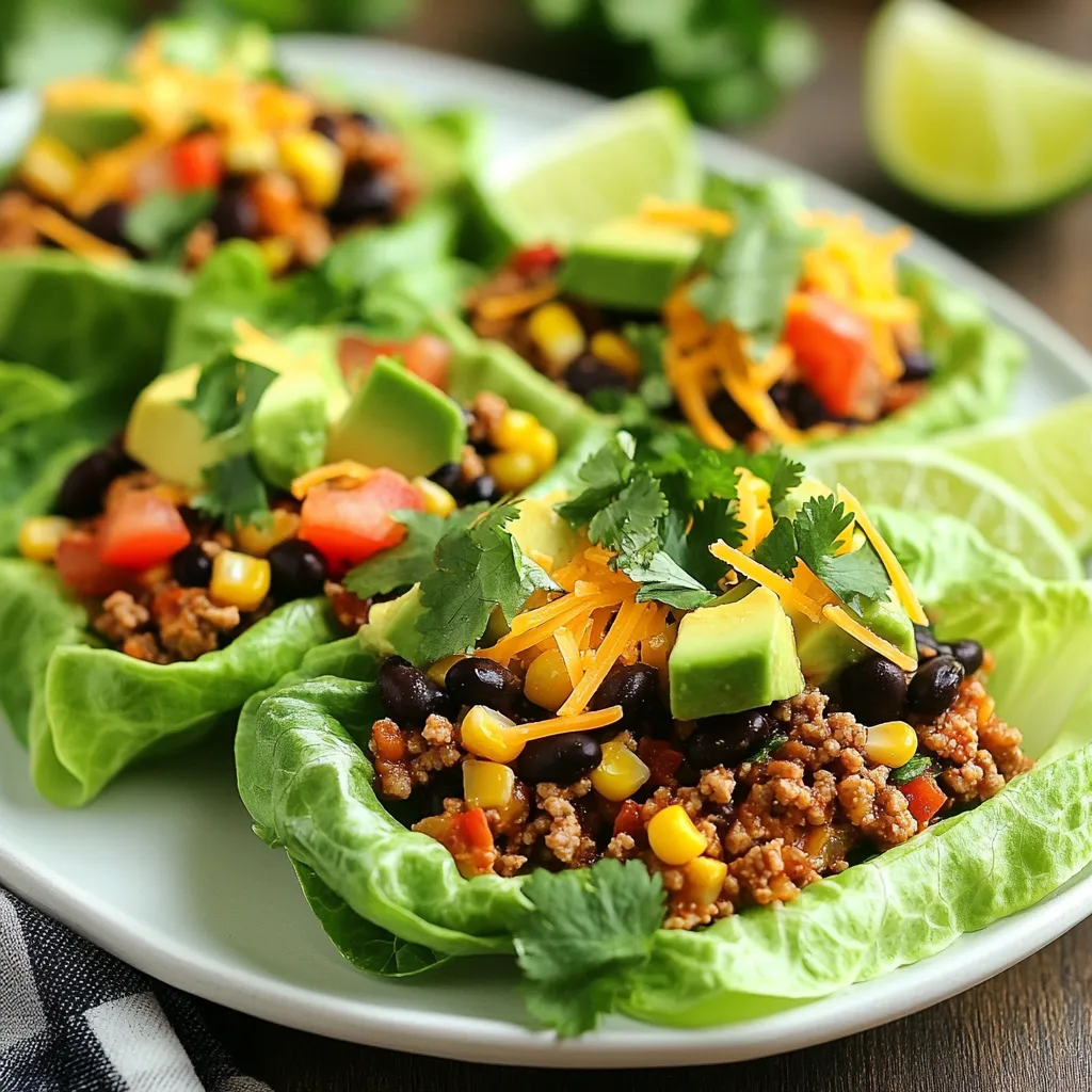 - 1 lb ground turkey or beef - 1 tablespoon olive oil - 1 small onion, finely chopped - 2 cloves garlic, minced - 1 bell pepper, diced (any color) - 1 tablespoon taco seasoning - 1 can (15 oz) black beans, rinsed and drained - 1 cup corn kernels (fresh, frozen, or canned) - Salt and pepper to taste - 1 head of butter or Romaine lettuce - 1 avocado, sliced - 1 medium tomato, diced - 1/2 cup shredded cheese (cheddar or Mexican blend) - Fresh cilantro, chopped - Lime wedges - Alternate protein options (chicken, plant-based) - Additional toppings (sour cream, salsa, jalapeños) - Large skillet - Spoon for mixing - Knife and cutting board - Measuring spoons The taco lettuce wraps are quick to make and fun to eat. You can swap out ground turkey for beef if you want a richer taste. Use olive oil to sauté the onion and garlic. This gives a nice flavor base for your dish. I love adding bell pepper for color and crunch. Taco seasoning brings everything together, while beans and corn add texture and fiber. For the wraps, I prefer butter or Romaine lettuce. They hold the filling well and are easy to grab. Avocado, tomato, and cheese make great toppings. Fresh cilantro adds a burst of flavor, and lime juice brightens it all up. Feel free to mix things up! You can use chicken or plant-based proteins if you like. Sour cream, salsa, or jalapeños add extra flair. Make sure you have a large skillet to cook everything. A spoon helps mix the meat and veggies well. A knife and cutting board will help chop your ingredients. Measuring spoons ensure you add just the right amount of seasoning. These ingredients make taco lettuce wraps a tasty and healthy meal option. {{ingredient_image_1}} 1. Sauté onion and garlic: Start by heating one tablespoon of olive oil in a large skillet over medium heat. Add one small chopped onion. Sauté it for 2 to 3 minutes until it turns soft and clear. Next, stir in two minced garlic cloves. Cook for another 2 minutes. This gives a great base flavor. 2. Cook ground turkey or beef: Now, add one pound of ground turkey or beef to the skillet. Break it apart with a spoon as it cooks. Keep cooking until the meat is brown and no longer pink, which should take about 5 to 7 minutes. 3. Add taco seasoning and beans: Sprinkle one tablespoon of taco seasoning over the meat. Then, add one can of rinsed black beans and one cup of corn. Stir everything together well. Cook for 3 to 5 more minutes until it all heats up. Season with salt and pepper to taste. 1. Separating and washing lettuce leaves: While the meat mixture cooks, take one head of butter or Romaine lettuce. Gently pull off the leaves. Wash them under cold water to remove any dirt. Pat them dry with a towel. 2. Assembling the wraps with filling and toppings: To make your wraps, take a lettuce leaf. Spoon some of the meat mixture into the center. Top it with slices of avocado, diced tomato, and a sprinkle of shredded cheese. Garnish with fresh cilantro for a pop of color. - For plating, arrange the filled lettuce wraps on a large platter. You can add lime wedges on the side to squeeze over the wraps. - Pair your wraps with dips like salsa or guacamole. Fresh veggies like carrot sticks or cucumber slices can also make a nice side dish. For taco lettuce wraps, I love using butter or Romaine lettuce. These types are sturdy and easy to hold. They also have a nice crunch. When selecting lettuce, look for bright green leaves. Avoid any that are wilted or brown. To keep your lettuce fresh, store it in a sealed bag in the fridge. You can also wrap it in a damp paper towel. This helps keep it crisp for longer. Seasoning is key to tasty taco wraps. I suggest adding more taco seasoning than the recipe calls for. You can also mix in spices like cumin and paprika for depth. Adding fresh herbs, like cilantro, enhances the flavor too. For extra texture, consider adding diced radishes or shredded carrots. These ingredients not only add crunch but also a colorful touch. Meal prep saves time. You can cook the meat mixture in advance. Store it in an airtight container in the fridge. It stays good for about 3 to 4 days. For reheating, use a skillet over low heat. Stir it until warmed through. You can also microwave it in a bowl for quick meals. Just cover it to avoid drying out. Pro Tips Choose Your Protein: Ground turkey is a healthier option, but using ground beef will give your wraps a richer flavor. Choose based on your dietary preferences. Customize Your Veggies: Feel free to add more vegetables like zucchini, mushrooms, or jalapeños for added flavor and nutrition. Season to Taste: Adjust the amount of taco seasoning according to your preference; you can also add a pinch of cayenne pepper for extra heat! Perfect Lettuce Cups: Select large, intact leaves from the lettuce head to make sturdy wraps that hold the filling without tearing. {{image_2}} You can easily turn taco lettuce wraps into a vegetarian dish. - Use black beans, lentils, or chickpeas as your protein. - Add more veggies like zucchini, mushrooms, or carrots for a tasty mix. - For a vegan option, skip cheese and use avocado or cashew cream instead. Spice up your taco wraps by changing the seasonings. - Try adding cumin, paprika, or chili powder for extra heat. - For a Thai twist, use peanut sauce and top with shredded carrots and cilantro. - Mediterranean flavors can shine through with hummus, olives, and feta cheese. For low-carb or keto diets, keep it simple. - Use ground turkey or beef as your base, but skip the beans and corn. - Replace toppings like cheese with avocado for healthy fats. - Lettuce wraps naturally fit into low-carb diets, making them a perfect choice! Store taco lettuce wraps in airtight containers. This keeps them fresh and tasty. Use glass or plastic containers for the best results. If you have leftover filling, keep it separate from the lettuce. This helps the lettuce stay crisp. You can freeze the taco filling easily. Let it cool first, then place it in freezer bags. Squeeze out as much air as you can to prevent freezer burn. To reheat, thaw overnight in the fridge. Heat it in a skillet on low until warm. You can also microwave it in a bowl with a lid. Refrigerated taco lettuce wraps last about 3 days. The filling can last up to 4 days in the fridge. If you freeze the filling, it stays good for up to 3 months. Just remember to label your containers with dates. Yes, you can use other types of lettuce. Iceberg lettuce works well because it is crisp and holds the filling nicely. Leaf lettuce is another great option. It has a soft texture and adds a nice flavor. You can even try romaine for a sturdier wrap. Each type brings its own taste and texture to your taco lettuce wraps. Leftover toppings can be used in many ways. You can mix them into a salad for added flavor. They make great toppings for baked potatoes or nachos. You can also stir them into a soup or chili for extra taste. If you have cheese left, sprinkle it on a sandwich. Get creative and enjoy those extras! To add spice, you can use hot sauce or diced jalapeños. Adding chili powder to the meat gives it a nice kick. You could also try spicy salsa as a topping. If you like heat, sprinkle red pepper flakes on top. Adjusting the heat level is easy, and it makes your wraps more exciting! Taco lettuce wraps are a fun, healthy choice. Using ground turkey or beef, fresh veggies, and your favorite toppings makes them tasty. Remember, you can customize them with different proteins or flavors to fit your taste. Store wraps properly to enjoy later or change them up for variety. I hope this guide helps you create your wraps easily. Dive into this meal option and enjoy every bite!