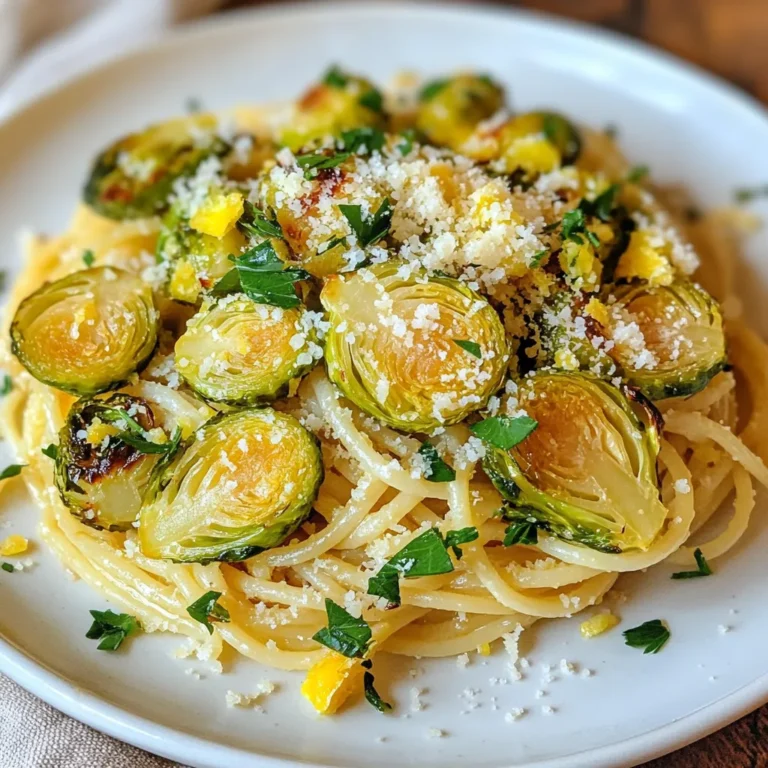 - 8 oz pasta of choice (spaghetti or penne works great) - 1 lb Brussels sprouts, trimmed and halved - 4 cloves garlic, minced - 1/4 cup olive oil - 1/2 cup grated Parmesan cheese - Salt and black pepper to taste - 2 tablespoons fresh lemon juice - 1/4 teaspoon red pepper flakes (for a spicy kick) - 1 tablespoon fresh parsley, chopped (for garnish) To make this dish, you need: - A large pot for boiling pasta - A baking sheet for roasting Brussels sprouts - A mixing bowl for tossing ingredients - A large skillet for combining the pasta and sprouts These items help you prepare the meal smoothly. With the right tools, cooking becomes easier and more enjoyable. {{ingredient_image_1}} First, preheat your oven to 400°F (200°C). This heat makes the sprouts crisp and tasty. While the oven warms, trim and halve one pound of Brussels sprouts. Place them in a large bowl. Add two tablespoons of olive oil, four minced garlic cloves, salt, and black pepper. If you like spice, include a quarter teaspoon of red pepper flakes. Toss everything well, so each sprout gets coated. Then, spread them on a lined baking sheet in one layer. Now, roast the Brussels sprouts in the hot oven. Bake them for 20 to 25 minutes. Stir the sprouts halfway through to ensure even cooking. They should turn brown and crispy around the edges. This step gives great flavor and texture to the dish. While the sprouts roast, bring a large pot of salted water to a boil. Once boiling, add eight ounces of your favorite pasta, like spaghetti or penne. Cook it according to the package instructions until it is al dente. Save one cup of pasta water before you drain the rest. This water helps mix the sauce later. After draining, set the pasta aside while you finish the dish. To get the best Brussels sprouts, start with fresh ones. Choose sprouts that are firm and bright green. Cut them in half to help them cook evenly. Toss them with olive oil, minced garlic, salt, and pepper. Spread them out on a baking sheet. This helps them roast nicely. Roast them until they turn brown and crispy. This usually takes 20-25 minutes. Stir halfway through to ensure even roasting. To add creaminess to the dish, use more cheese. Mix in more Parmesan cheese when you toss the pasta and sprouts. If you want extra creaminess, try adding a splash of heavy cream or a dollop of cream cheese. These will blend well with the pasta and make each bite rich and smooth. The lemon juice brightens the flavor, so don’t skip that! Taste your dish before serving. You can add more salt or pepper to suit your taste. If you want more zing, squeeze in extra lemon juice. For a spicy kick, sprinkle in more red pepper flakes. Remember, flavors can change with cooking, so adjust as needed. Each person has their own preference, so make it yours! Pro Tips Use Fresh Brussels Sprouts: For the best flavor and texture, opt for fresh Brussels sprouts rather than frozen. Look for firm, vibrant green sprouts with no yellowing leaves. Perfect Pasta Cooking: Make sure to salt your pasta water well. This adds flavor to the pasta itself and enhances the overall dish. Adjusting Cheese Flavor: If you want a stronger Parmesan flavor, consider using a blend of Parmesan and Pecorino Romano cheese for a more complex taste. Leftover Storage: Store any leftovers in an airtight container in the refrigerator for up to 3 days. Reheat gently on the stovetop with a splash of water or olive oil to revive the dish. {{image_2}} You can add protein to this dish for extra flavor and nutrition. Grilled chicken or shrimp works well. Just cook your protein in the skillet before mixing it with the pasta. You can also add cooked bacon for a crispy touch. Toss it all together with the pasta and roasted Brussels sprouts for a hearty meal. This recipe is easy to make vegetarian or vegan. For a vegetarian option, use a vegetarian Parmesan cheese. To make it vegan, swap the Parmesan for nutritional yeast. This adds a cheesy taste without dairy. You can also add more veggies, like cherry tomatoes or spinach, for color and nutrition. You can use different pasta types based on your taste. Whole wheat pasta adds fiber and a nutty flavor. Gluten-free pasta is great for those with gluten issues. Zucchini noodles or spaghetti squash can be a fun, low-carb option too. Just cook them lightly and mix them with the roasted Brussels sprouts. After you enjoy your Garlic Parmesan Roasted Brussels Sprouts Pasta, store any leftovers in the fridge. Place the pasta in an airtight container. It stays fresh for up to three days. Make sure to cool it down before sealing. This helps prevent condensation, which can make it soggy. To reheat your pasta, use a skillet for the best results. Heat the skillet over medium heat. Add a splash of olive oil or a bit of the reserved pasta water. This keeps the pasta from drying out. Stir it gently until warmed through. You can also use the microwave. Just cover the bowl with a damp paper towel to keep moisture in. If you want to freeze your Garlic Parmesan Roasted Brussels Sprouts Pasta, do so before adding cheese or lemon juice. This helps keep the flavors fresh. Use a freezer-safe container and store for up to three months. When you’re ready to eat, thaw it overnight in the fridge. Reheat it gently in a skillet or microwave. Yes, you can use frozen Brussels sprouts. Just thaw them first. Cut them in half. This helps them roast better. Frozen sprouts may not get as crispy. Keep an eye on the time when roasting. Spaghetti or penne works great for this dish. Both types hold the sauce well. You can also try fusilli or farfalle. They add a fun twist to the meal. To make this dish gluten-free, choose gluten-free pasta. Many brands offer good options. Check the package to ensure it fits your needs. The rest of the recipe is already gluten-free. Enjoy your tasty meal! This blog covered how to make a tasty meal with Brussels sprouts and pasta. We explored key ingredients and essential cooking tools. I shared step-by-step instructions for roasting sprouts and cooking pasta. Tips helped enhance flavors and add creaminess. We discussed fun variations, storage options, and answered common questions. With these ideas, you can create a dish that impresses. Enjoy cooking and feel free to make it your own!