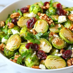To make a tasty Maple Glazed Brussels Sprout Salad, gather these ingredients: - 1 lb Brussels sprouts, trimmed and halved - 3 tablespoons olive oil - 2 tablespoons pure maple syrup - 1 tablespoon Dijon mustard - 1 tablespoon apple cider vinegar - 1/2 cup dried cranberries - 1/2 cup walnuts, roughly chopped - 1/4 cup feta cheese, crumbled (optional) - Salt and pepper to taste - Fresh parsley, chopped for garnish For the best flavor, use these measurements: - 1 lb Brussels sprouts gives a nice base. - 3 tablespoons of olive oil coat the sprouts well. - 2 tablespoons of maple syrup add sweetness. - 1 tablespoon of Dijon mustard adds a tangy kick. - 1 tablespoon of apple cider vinegar balances the flavors. - 1/2 cup dried cranberries adds a chewy texture. - 1/2 cup walnuts gives a crunchy bite. - 1/4 cup feta cheese, if you want a creamy taste. - Use salt and pepper to enhance all the flavors. You can boost the salad's flavor with these add-ins: - Add sliced apples for extra sweetness and crunch. - Toss in some cooked bacon for a smoky flavor. - Try sunflower seeds for a nut-free option. - Include fresh herbs like thyme or mint for a fresh touch. {{ingredient_image_1}} First, set your oven to 400°F (205°C). This high heat helps the Brussels sprouts get crispy. Take 1 pound of Brussels sprouts. Trim off the ends and cut them in half. Place them in a large bowl. Add 3 tablespoons of olive oil, salt, and pepper. Toss well until all the sprouts are coated. In a small bowl, mix 2 tablespoons of pure maple syrup, 1 tablespoon of Dijon mustard, and 1 tablespoon of apple cider vinegar. Whisk it together until smooth. This glaze adds a sweet and tangy flavor. Spread the coated Brussels sprouts on a baking sheet. Make sure they are in a single layer. Roast them in the oven for 20-25 minutes. Stir them halfway through cooking. They should be golden brown and tender when done. When the Brussels sprouts are out of the oven, drizzle the maple glaze over them. Toss to mix while they are still warm. In a large salad bowl, combine the glazed sprouts, 1/2 cup of dried cranberries, 1/2 cup of roughly chopped walnuts, and 1/4 cup of crumbled feta cheese if you like. Toss everything together gently. Taste and adjust the seasoning with salt and pepper. Finally, garnish with fresh parsley before serving. When you pick Brussels sprouts, look for bright green ones. They should feel firm and look tight. Avoid any that are yellow or have brown spots. Fresh sprouts are key for a tasty salad. To roast Brussels sprouts well, use high heat. Set your oven to 400°F (205°C). Coat the sprouts with olive oil and season them with salt and pepper. Spread them out on the baking sheet. Make sure they are not crowded. This helps them get crispy and golden. You can add more flavor to your salad. Try adding garlic or onion powder to the sprouts before roasting. Toss in some lemon zest for a fresh kick. For a nutty taste, use different nuts like pecans or almonds. Mixing in cranberries and feta cheese adds a sweet and salty balance that everyone loves. Pro Tips Choose Fresh Brussels Sprouts: Look for firm, bright green Brussels sprouts with no yellowing or blemishes for the best flavor and texture. Control the Glaze: Adjust the amount of maple syrup according to your sweetness preference, but keep in mind that it also balances the bitterness of the Brussels sprouts. Toast the Walnuts: For extra flavor, consider toasting the walnuts in a dry skillet for a few minutes until fragrant before adding them to the salad. Serve Warm: This salad is best enjoyed warm, as the flavors meld beautifully when the Brussels sprouts are freshly roasted and glazed. {{image_2}} You can switch up your salad with seasonal ingredients. In spring, try adding fresh peas. They bring a sweet crunch. Summer is great for juicy cherry tomatoes. Their bright color and taste pop in the salad. In fall, roasted butternut squash adds warmth. Winter calls for pomegranate seeds for a tart kick. Each season offers fun new flavors. If you want to change the nuts, try pecans or almonds. Pecans add a rich, buttery taste. Almonds give a nice crispness. For cheese, swap feta for goat cheese or blue cheese. Goat cheese adds creaminess, while blue cheese offers a bold flavor. Mix and match to find your favorite combo. You can also play with dressings for new tastes. A balsamic glaze could add depth. A honey mustard dressing brings sweetness and tang. For a spicy kick, try a chili lime vinaigrette. Each dressing will change the salad's vibe, making it exciting to try again. To keep your salad fresh, store it in an airtight container. Make sure to remove excess air before sealing. This helps prevent wilting and keeps the flavors intact. You can also separate the glazed Brussels sprouts from the other ingredients. This way, the nuts and cranberries stay crunchy. When stored properly, this salad lasts about 3 days in the fridge. The Brussels sprouts can get soggy over time. For the best taste, eat it within two days. If you notice any off smells or colors, it’s best to toss it. You can enjoy this salad cold or warm. If you prefer it warm, reheat the Brussels sprouts in the oven at 350°F (175°C) for about 10 minutes. Just don’t use the microwave, as it can make them mushy. Serving it cold is also great, especially on hot days. Just toss everything together and enjoy! Yes, you can use frozen Brussels sprouts. However, fresh sprouts taste better. Frozen sprouts may not roast as well. They might be mushy instead of crispy. If you use frozen ones, thaw them first. Pat them dry before cooking. This helps keep them from getting too soft. Yes, this salad can easily be vegan. Just skip the feta cheese. The other ingredients are already vegan-friendly. The maple syrup and olive oil give it great flavor. You will still enjoy a tasty dish without any animal products. This salad pairs well with many main dishes. Try it with grilled chicken or fish. It also works with roasted tofu for a plant-based meal. You can serve it alongside a warm grain bowl too. The salad adds a fresh crunch to any meal. You can prepare the salad in advance. Roast the Brussels sprouts and make the glaze. Store them separately in the fridge. Toss everything together before serving. This keeps the salad fresh and crisp. Just add the parsley garnish right before you serve it. This blog post covered the key steps to make a Maple Glazed Brussels Sprout Salad. We explored the ingredients needed, from fresh sprouts to tasty add-ins. You learned how to preheat your oven and roast the sprouts to perfection. Tips on selecting quality sprouts and ways to store leftovers were also included. In conclusion, enjoy this salad's flavors and versatility. Experiment with ingredients to make it your own. Each bite can be fresh and fun!