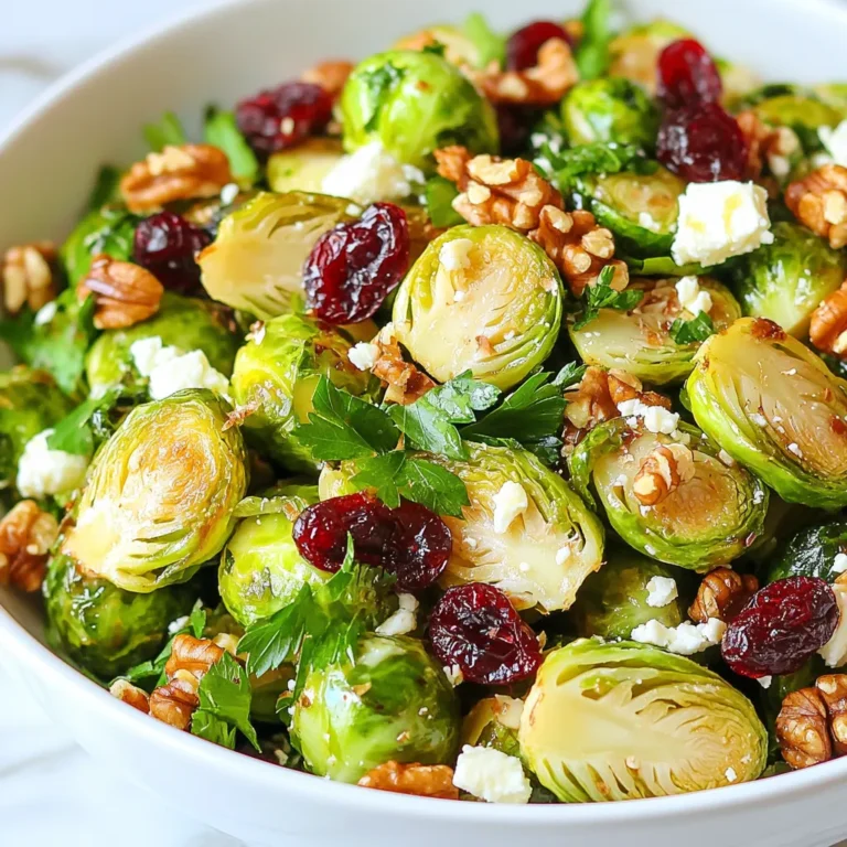 To make a tasty Maple Glazed Brussels Sprout Salad, gather these ingredients: - 1 lb Brussels sprouts, trimmed and halved - 3 tablespoons olive oil - 2 tablespoons pure maple syrup - 1 tablespoon Dijon mustard - 1 tablespoon apple cider vinegar - 1/2 cup dried cranberries - 1/2 cup walnuts, roughly chopped - 1/4 cup feta cheese, crumbled (optional) - Salt and pepper to taste - Fresh parsley, chopped for garnish For the best flavor, use these measurements: - 1 lb Brussels sprouts gives a nice base. - 3 tablespoons of olive oil coat the sprouts well. - 2 tablespoons of maple syrup add sweetness. - 1 tablespoon of Dijon mustard adds a tangy kick. - 1 tablespoon of apple cider vinegar balances the flavors. - 1/2 cup dried cranberries adds a chewy texture. - 1/2 cup walnuts gives a crunchy bite. - 1/4 cup feta cheese, if you want a creamy taste. - Use salt and pepper to enhance all the flavors. You can boost the salad's flavor with these add-ins: - Add sliced apples for extra sweetness and crunch. - Toss in some cooked bacon for a smoky flavor. - Try sunflower seeds for a nut-free option. - Include fresh herbs like thyme or mint for a fresh touch. {{ingredient_image_1}} First, set your oven to 400°F (205°C). This high heat helps the Brussels sprouts get crispy. Take 1 pound of Brussels sprouts. Trim off the ends and cut them in half. Place them in a large bowl. Add 3 tablespoons of olive oil, salt, and pepper. Toss well until all the sprouts are coated. In a small bowl, mix 2 tablespoons of pure maple syrup, 1 tablespoon of Dijon mustard, and 1 tablespoon of apple cider vinegar. Whisk it together until smooth. This glaze adds a sweet and tangy flavor. Spread the coated Brussels sprouts on a baking sheet. Make sure they are in a single layer. Roast them in the oven for 20-25 minutes. Stir them halfway through cooking. They should be golden brown and tender when done. When the Brussels sprouts are out of the oven, drizzle the maple glaze over them. Toss to mix while they are still warm. In a large salad bowl, combine the glazed sprouts, 1/2 cup of dried cranberries, 1/2 cup of roughly chopped walnuts, and 1/4 cup of crumbled feta cheese if you like. Toss everything together gently. Taste and adjust the seasoning with salt and pepper. Finally, garnish with fresh parsley before serving. When you pick Brussels sprouts, look for bright green ones. They should feel firm and look tight. Avoid any that are yellow or have brown spots. Fresh sprouts are key for a tasty salad. To roast Brussels sprouts well, use high heat. Set your oven to 400°F (205°C). Coat the sprouts with olive oil and season them with salt and pepper. Spread them out on the baking sheet. Make sure they are not crowded. This helps them get crispy and golden. You can add more flavor to your salad. Try adding garlic or onion powder to the sprouts before roasting. Toss in some lemon zest for a fresh kick. For a nutty taste, use different nuts like pecans or almonds. Mixing in cranberries and feta cheese adds a sweet and salty balance that everyone loves. Pro Tips Choose Fresh Brussels Sprouts: Look for firm, bright green Brussels sprouts with no yellowing or blemishes for the best flavor and texture. Control the Glaze: Adjust the amount of maple syrup according to your sweetness preference, but keep in mind that it also balances the bitterness of the Brussels sprouts. Toast the Walnuts: For extra flavor, consider toasting the walnuts in a dry skillet for a few minutes until fragrant before adding them to the salad. Serve Warm: This salad is best enjoyed warm, as the flavors meld beautifully when the Brussels sprouts are freshly roasted and glazed. {{image_2}} You can switch up your salad with seasonal ingredients. In spring, try adding fresh peas. They bring a sweet crunch. Summer is great for juicy cherry tomatoes. Their bright color and taste pop in the salad. In fall, roasted butternut squash adds warmth. Winter calls for pomegranate seeds for a tart kick. Each season offers fun new flavors. If you want to change the nuts, try pecans or almonds. Pecans add a rich, buttery taste. Almonds give a nice crispness. For cheese, swap feta for goat cheese or blue cheese. Goat cheese adds creaminess, while blue cheese offers a bold flavor. Mix and match to find your favorite combo. You can also play with dressings for new tastes. A balsamic glaze could add depth. A honey mustard dressing brings sweetness and tang. For a spicy kick, try a chili lime vinaigrette. Each dressing will change the salad's vibe, making it exciting to try again. To keep your salad fresh, store it in an airtight container. Make sure to remove excess air before sealing. This helps prevent wilting and keeps the flavors intact. You can also separate the glazed Brussels sprouts from the other ingredients. This way, the nuts and cranberries stay crunchy. When stored properly, this salad lasts about 3 days in the fridge. The Brussels sprouts can get soggy over time. For the best taste, eat it within two days. If you notice any off smells or colors, it’s best to toss it. You can enjoy this salad cold or warm. If you prefer it warm, reheat the Brussels sprouts in the oven at 350°F (175°C) for about 10 minutes. Just don’t use the microwave, as it can make them mushy. Serving it cold is also great, especially on hot days. Just toss everything together and enjoy! Yes, you can use frozen Brussels sprouts. However, fresh sprouts taste better. Frozen sprouts may not roast as well. They might be mushy instead of crispy. If you use frozen ones, thaw them first. Pat them dry before cooking. This helps keep them from getting too soft. Yes, this salad can easily be vegan. Just skip the feta cheese. The other ingredients are already vegan-friendly. The maple syrup and olive oil give it great flavor. You will still enjoy a tasty dish without any animal products. This salad pairs well with many main dishes. Try it with grilled chicken or fish. It also works with roasted tofu for a plant-based meal. You can serve it alongside a warm grain bowl too. The salad adds a fresh crunch to any meal. You can prepare the salad in advance. Roast the Brussels sprouts and make the glaze. Store them separately in the fridge. Toss everything together before serving. This keeps the salad fresh and crisp. Just add the parsley garnish right before you serve it. This blog post covered the key steps to make a Maple Glazed Brussels Sprout Salad. We explored the ingredients needed, from fresh sprouts to tasty add-ins. You learned how to preheat your oven and roast the sprouts to perfection. Tips on selecting quality sprouts and ways to store leftovers were also included. In conclusion, enjoy this salad's flavors and versatility. Experiment with ingredients to make it your own. Each bite can be fresh and fun!