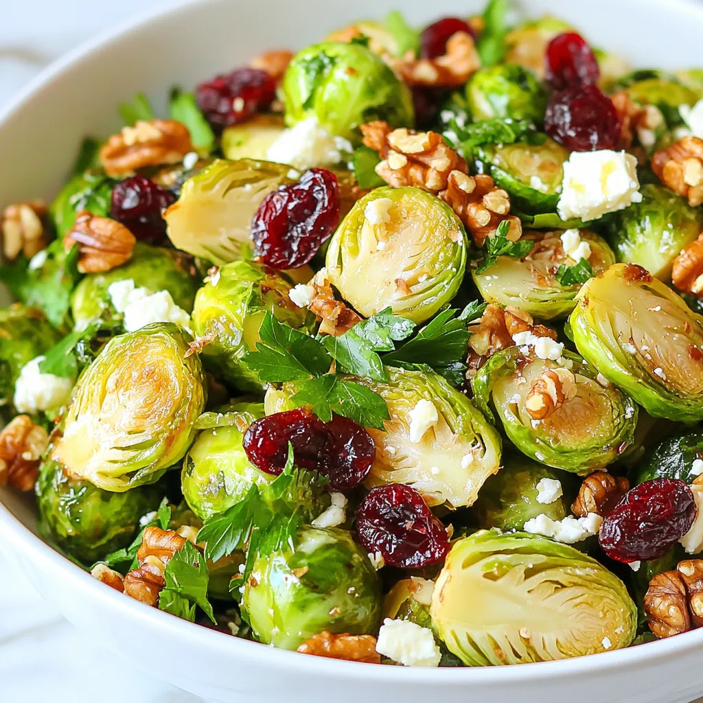 To make a tasty Maple Glazed Brussels Sprout Salad, gather these ingredients: - 1 lb Brussels sprouts, trimmed and halved - 3 tablespoons olive oil - 2 tablespoons pure maple syrup - 1 tablespoon Dijon mustard - 1 tablespoon apple cider vinegar - 1/2 cup dried cranberries - 1/2 cup walnuts, roughly chopped - 1/4 cup feta cheese, crumbled (optional) - Salt and pepper to taste - Fresh parsley, chopped for garnish For the best flavor, use these measurements: - 1 lb Brussels sprouts gives a nice base. - 3 tablespoons of olive oil coat the sprouts well. - 2 tablespoons of maple syrup add sweetness. - 1 tablespoon of Dijon mustard adds a tangy kick. - 1 tablespoon of apple cider vinegar balances the flavors. - 1/2 cup dried cranberries adds a chewy texture. - 1/2 cup walnuts gives a crunchy bite. - 1/4 cup feta cheese, if you want a creamy taste. - Use salt and pepper to enhance all the flavors. You can boost the salad's flavor with these add-ins: - Add sliced apples for extra sweetness and crunch. - Toss in some cooked bacon for a smoky flavor. - Try sunflower seeds for a nut-free option. - Include fresh herbs like thyme or mint for a fresh touch. {{ingredient_image_1}} First, set your oven to 400°F (205°C). This high heat helps the Brussels sprouts get crispy. Take 1 pound of Brussels sprouts. Trim off the ends and cut them in half. Place them in a large bowl. Add 3 tablespoons of olive oil, salt, and pepper. Toss well until all the sprouts are coated. In a small bowl, mix 2 tablespoons of pure maple syrup, 1 tablespoon of Dijon mustard, and 1 tablespoon of apple cider vinegar. Whisk it together until smooth. This glaze adds a sweet and tangy flavor. Spread the coated Brussels sprouts on a baking sheet. Make sure they are in a single layer. Roast them in the oven for 20-25 minutes. Stir them halfway through cooking. They should be golden brown and tender when done. When the Brussels sprouts are out of the oven, drizzle the maple glaze over them. Toss to mix while they are still warm. In a large salad bowl, combine the glazed sprouts, 1/2 cup of dried cranberries, 1/2 cup of roughly chopped walnuts, and 1/4 cup of crumbled feta cheese if you like. Toss everything together gently. Taste and adjust the seasoning with salt and pepper. Finally, garnish with fresh parsley before serving. When you pick Brussels sprouts, look for bright green ones. They should feel firm and look tight. Avoid any that are yellow or have brown spots. Fresh sprouts are key for a tasty salad. To roast Brussels sprouts well, use high heat. Set your oven to 400°F (205°C). Coat the sprouts with olive oil and season them with salt and pepper. Spread them out on the baking sheet. Make sure they are not crowded. This helps them get crispy and golden. You can add more flavor to your salad. Try adding garlic or onion powder to the sprouts before roasting. Toss in some lemon zest for a fresh kick. For a nutty taste, use different nuts like pecans or almonds. Mixing in cranberries and feta cheese adds a sweet and salty balance that everyone loves. Pro Tips Choose Fresh Brussels Sprouts: Look for firm, bright green Brussels sprouts with no yellowing or blemishes for the best flavor and texture. Control the Glaze: Adjust the amount of maple syrup according to your sweetness preference, but keep in mind that it also balances the bitterness of the Brussels sprouts. Toast the Walnuts: For extra flavor, consider toasting the walnuts in a dry skillet for a few minutes until fragrant before adding them to the salad. Serve Warm: This salad is best enjoyed warm, as the flavors meld beautifully when the Brussels sprouts are freshly roasted and glazed. {{image_2}} You can switch up your salad with seasonal ingredients. In spring, try adding fresh peas. They bring a sweet crunch. Summer is great for juicy cherry tomatoes. Their bright color and taste pop in the salad. In fall, roasted butternut squash adds warmth. Winter calls for pomegranate seeds for a tart kick. Each season offers fun new flavors. If you want to change the nuts, try pecans or almonds. Pecans add a rich, buttery taste. Almonds give a nice crispness. For cheese, swap feta for goat cheese or blue cheese. Goat cheese adds creaminess, while blue cheese offers a bold flavor. Mix and match to find your favorite combo. You can also play with dressings for new tastes. A balsamic glaze could add depth. A honey mustard dressing brings sweetness and tang. For a spicy kick, try a chili lime vinaigrette. Each dressing will change the salad's vibe, making it exciting to try again. To keep your salad fresh, store it in an airtight container. Make sure to remove excess air before sealing. This helps prevent wilting and keeps the flavors intact. You can also separate the glazed Brussels sprouts from the other ingredients. This way, the nuts and cranberries stay crunchy. When stored properly, this salad lasts about 3 days in the fridge. The Brussels sprouts can get soggy over time. For the best taste, eat it within two days. If you notice any off smells or colors, it’s best to toss it. You can enjoy this salad cold or warm. If you prefer it warm, reheat the Brussels sprouts in the oven at 350°F (175°C) for about 10 minutes. Just don’t use the microwave, as it can make them mushy. Serving it cold is also great, especially on hot days. Just toss everything together and enjoy! Yes, you can use frozen Brussels sprouts. However, fresh sprouts taste better. Frozen sprouts may not roast as well. They might be mushy instead of crispy. If you use frozen ones, thaw them first. Pat them dry before cooking. This helps keep them from getting too soft. Yes, this salad can easily be vegan. Just skip the feta cheese. The other ingredients are already vegan-friendly. The maple syrup and olive oil give it great flavor. You will still enjoy a tasty dish without any animal products. This salad pairs well with many main dishes. Try it with grilled chicken or fish. It also works with roasted tofu for a plant-based meal. You can serve it alongside a warm grain bowl too. The salad adds a fresh crunch to any meal. You can prepare the salad in advance. Roast the Brussels sprouts and make the glaze. Store them separately in the fridge. Toss everything together before serving. This keeps the salad fresh and crisp. Just add the parsley garnish right before you serve it. This blog post covered the key steps to make a Maple Glazed Brussels Sprout Salad. We explored the ingredients needed, from fresh sprouts to tasty add-ins. You learned how to preheat your oven and roast the sprouts to perfection. Tips on selecting quality sprouts and ways to store leftovers were also included. In conclusion, enjoy this salad's flavors and versatility. Experiment with ingredients to make it your own. Each bite can be fresh and fun!