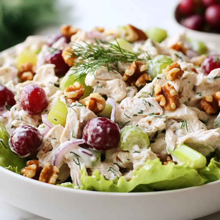 To make a tasty Greek yogurt chicken salad, gather these key ingredients. - Chicken and Dairy Components - 2 cups cooked chicken breast, shredded - 1 cup Greek yogurt (plain, unsweetened) - Vegetables and Fruits - 1/2 cup celery, finely chopped - 1/2 cup red grapes, halved - 1/4 cup red onion, finely chopped - Nuts and Seasonings - 1/4 cup chopped walnuts (or almonds) - 2 tablespoons fresh dill, chopped (or 1 tablespoon dried dill) - 1 tablespoon honey - 2 tablespoons lemon juice - Salt and pepper to taste These ingredients create a blend of flavors and textures. The chicken provides protein, while Greek yogurt adds creaminess. Celery gives a nice crunch, and grapes add sweetness. Walnuts or almonds offer a nutty taste, and dill brings freshness. Honey and lemon juice balance the flavors with a hint of sweetness and acidity. {{ingredient_image_1}} Initial Mixing of Ingredients Start by taking a large mixing bowl. Add 2 cups of shredded chicken and 1 cup of Greek yogurt. Drizzle in 1 tablespoon of honey. Mix these three until the chicken is well-coated. This gives the salad its creamy base and a hint of sweetness. Combining Vegetables and Seasonings Next, add 1/2 cup of finely chopped celery, 1/2 cup of halved red grapes, 1/4 cup of chopped walnuts, and 1/4 cup of finely chopped red onion to the bowl. Stir everything gently, so you don’t break the grapes. Then, sprinkle in 2 tablespoons of fresh dill and drizzle 2 tablespoons of lemon juice over the top. Season with salt and pepper to your taste. Mix well to combine all the flavors. Refrigeration for Flavor Enhancement Cover the bowl with plastic wrap or a lid. Place it in the fridge for at least 30 minutes. This step is key. It allows the flavors to blend and develop. Before serving, taste the salad again. Adjust the seasoning if you need to. Now, you are ready to enjoy a flavorful Greek yogurt chicken salad! Choosing the Best Chicken For this salad, use cooked chicken breast. You can roast, boil, or grill it. I prefer using leftover chicken. It saves time and adds flavor. Make sure the chicken is tender and juicy for the best result. Picking Fresh Produce Fresh produce makes this salad shine. Look for bright, crisp celery and ripe grapes. The celery adds a nice crunch. The grapes bring sweetness. Fresh herbs like dill are key for flavor, so buy them just before you make the salad. Finding the Right Greek Yogurt Choose plain, unsweetened Greek yogurt. It has a thick texture and tangy taste. This adds creaminess without extra sugar. Check the label. Look for yogurt with live cultures for added health benefits. How to Modify Ingredients for Taste You can adjust this salad to fit your taste. Want it sweeter? Add more honey. Prefer a tangy flavor? Squeeze in extra lemon juice. If you like spice, try adding some black pepper or cayenne. Thickening or Lengthening the Salad If you want a thicker salad, add more Greek yogurt. This makes it creamier. If you need it lighter, mix in some chopped lettuce or spinach. This adds volume without changing the taste much. Pro Tips Use Rotisserie Chicken: For a quicker option, use store-bought rotisserie chicken. It saves time and adds great flavor. Customize Your Nuts: Feel free to substitute walnuts with pecans or sunflower seeds for a different texture and taste. Fresh Herbs Matter: Using fresh dill instead of dried elevates the flavor profile significantly, making the salad more aromatic. Chill Before Serving: Let the salad chill for at least 30 minutes to enhance the flavors, making it more delicious when served. {{image_2}} You can make Greek yogurt chicken salad in many ways. If you want a dairy-free option, try using coconut yogurt. It offers a creamy texture and a hint of sweetness. This swap keeps the dish tasty and light. For a nut-free version, skip the walnuts or almonds. Instead, you can use sunflower seeds. They add a nice crunch without the nuts. This makes the salad safe for those with nut allergies. Adding spices or fresh herbs can change the flavor game. Try adding paprika or cumin for warmth. Fresh herbs like basil or parsley can also brighten the dish. They make it fresh and lively with every bite. You can also mix in different fruits and veggies. Swap grapes for diced apples or pears. Add chopped bell peppers for a sweet crunch. These simple changes keep the salad exciting and fun. To keep your Greek yogurt chicken salad fresh, store it in the fridge. Use an airtight container. This helps keep out air and moisture. - Refrigeration Guidelines: Place the salad in the fridge right after making it. This keeps it cool. Always seal it well. It stays fresh longer this way. - Freezing Options and Tips: You can freeze this salad, but it may change texture. If you freeze it, use a freezer-safe container. Make sure to eat it within three months for the best taste. Thaw it in the fridge before eating. - How Long Does It Last?: In the fridge, this salad lasts about 3 to 5 days. Check the date you made it. If you freeze it, it lasts longer but tastes best within three months. - Signs of Spoilage: Look for changes in color or smell. If it smells sour or looks weird, it’s time to toss it. Always trust your nose and eyes. If in doubt, throw it out. How can I make it ahead of time? You can prepare this salad a day before. Just mix all the ingredients and store in the fridge. This allows the flavors to blend well. Just remember to taste it again before serving. You might want to adjust the seasoning. What can I serve with this salad? This chicken salad pairs well with many sides. You can serve it on a bed of greens. It also works great in a sandwich or on whole-grain crackers. You could even scoop it into avocado halves for a fun twist. Is Greek yogurt healthier than mayonnaise? Yes, Greek yogurt is often healthier than mayonnaise. It has less fat and more protein. Greek yogurt also contains probiotics that benefit gut health. This makes it a great choice for a lighter meal. Can I use leftover rotisserie chicken? Absolutely! Leftover rotisserie chicken is perfect for this salad. It saves time and adds great flavor. Just shred the chicken and mix it with the yogurt and other ingredients. This makes your meal quick and easy. In this blog post, we explored the core ingredients for Greek yogurt chicken salad, including chicken, vegetables, and nuts. I walked you through the steps to prepare it perfectly. Tips for choosing quality items and adjusting flavors added more depth. Variations showed how to create healthier options, while storage tips ensured freshness. In the end, this salad is versatile and easy to customize. Enjoy trying new flavors and making it your own.