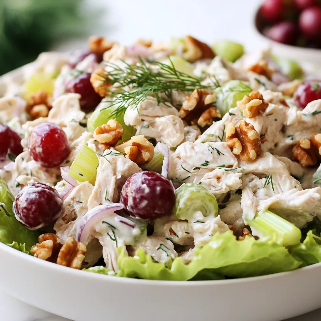 To make a tasty Greek yogurt chicken salad, gather these key ingredients. - Chicken and Dairy Components - 2 cups cooked chicken breast, shredded - 1 cup Greek yogurt (plain, unsweetened) - Vegetables and Fruits - 1/2 cup celery, finely chopped - 1/2 cup red grapes, halved - 1/4 cup red onion, finely chopped - Nuts and Seasonings - 1/4 cup chopped walnuts (or almonds) - 2 tablespoons fresh dill, chopped (or 1 tablespoon dried dill) - 1 tablespoon honey - 2 tablespoons lemon juice - Salt and pepper to taste These ingredients create a blend of flavors and textures. The chicken provides protein, while Greek yogurt adds creaminess. Celery gives a nice crunch, and grapes add sweetness. Walnuts or almonds offer a nutty taste, and dill brings freshness. Honey and lemon juice balance the flavors with a hint of sweetness and acidity. {{ingredient_image_1}} Initial Mixing of Ingredients Start by taking a large mixing bowl. Add 2 cups of shredded chicken and 1 cup of Greek yogurt. Drizzle in 1 tablespoon of honey. Mix these three until the chicken is well-coated. This gives the salad its creamy base and a hint of sweetness. Combining Vegetables and Seasonings Next, add 1/2 cup of finely chopped celery, 1/2 cup of halved red grapes, 1/4 cup of chopped walnuts, and 1/4 cup of finely chopped red onion to the bowl. Stir everything gently, so you don’t break the grapes. Then, sprinkle in 2 tablespoons of fresh dill and drizzle 2 tablespoons of lemon juice over the top. Season with salt and pepper to your taste. Mix well to combine all the flavors. Refrigeration for Flavor Enhancement Cover the bowl with plastic wrap or a lid. Place it in the fridge for at least 30 minutes. This step is key. It allows the flavors to blend and develop. Before serving, taste the salad again. Adjust the seasoning if you need to. Now, you are ready to enjoy a flavorful Greek yogurt chicken salad! Choosing the Best Chicken For this salad, use cooked chicken breast. You can roast, boil, or grill it. I prefer using leftover chicken. It saves time and adds flavor. Make sure the chicken is tender and juicy for the best result. Picking Fresh Produce Fresh produce makes this salad shine. Look for bright, crisp celery and ripe grapes. The celery adds a nice crunch. The grapes bring sweetness. Fresh herbs like dill are key for flavor, so buy them just before you make the salad. Finding the Right Greek Yogurt Choose plain, unsweetened Greek yogurt. It has a thick texture and tangy taste. This adds creaminess without extra sugar. Check the label. Look for yogurt with live cultures for added health benefits. How to Modify Ingredients for Taste You can adjust this salad to fit your taste. Want it sweeter? Add more honey. Prefer a tangy flavor? Squeeze in extra lemon juice. If you like spice, try adding some black pepper or cayenne. Thickening or Lengthening the Salad If you want a thicker salad, add more Greek yogurt. This makes it creamier. If you need it lighter, mix in some chopped lettuce or spinach. This adds volume without changing the taste much. Pro Tips Use Rotisserie Chicken: For a quicker option, use store-bought rotisserie chicken. It saves time and adds great flavor. Customize Your Nuts: Feel free to substitute walnuts with pecans or sunflower seeds for a different texture and taste. Fresh Herbs Matter: Using fresh dill instead of dried elevates the flavor profile significantly, making the salad more aromatic. Chill Before Serving: Let the salad chill for at least 30 minutes to enhance the flavors, making it more delicious when served. {{image_2}} You can make Greek yogurt chicken salad in many ways. If you want a dairy-free option, try using coconut yogurt. It offers a creamy texture and a hint of sweetness. This swap keeps the dish tasty and light. For a nut-free version, skip the walnuts or almonds. Instead, you can use sunflower seeds. They add a nice crunch without the nuts. This makes the salad safe for those with nut allergies. Adding spices or fresh herbs can change the flavor game. Try adding paprika or cumin for warmth. Fresh herbs like basil or parsley can also brighten the dish. They make it fresh and lively with every bite. You can also mix in different fruits and veggies. Swap grapes for diced apples or pears. Add chopped bell peppers for a sweet crunch. These simple changes keep the salad exciting and fun. To keep your Greek yogurt chicken salad fresh, store it in the fridge. Use an airtight container. This helps keep out air and moisture. - Refrigeration Guidelines: Place the salad in the fridge right after making it. This keeps it cool. Always seal it well. It stays fresh longer this way. - Freezing Options and Tips: You can freeze this salad, but it may change texture. If you freeze it, use a freezer-safe container. Make sure to eat it within three months for the best taste. Thaw it in the fridge before eating. - How Long Does It Last?: In the fridge, this salad lasts about 3 to 5 days. Check the date you made it. If you freeze it, it lasts longer but tastes best within three months. - Signs of Spoilage: Look for changes in color or smell. If it smells sour or looks weird, it’s time to toss it. Always trust your nose and eyes. If in doubt, throw it out. How can I make it ahead of time? You can prepare this salad a day before. Just mix all the ingredients and store in the fridge. This allows the flavors to blend well. Just remember to taste it again before serving. You might want to adjust the seasoning. What can I serve with this salad? This chicken salad pairs well with many sides. You can serve it on a bed of greens. It also works great in a sandwich or on whole-grain crackers. You could even scoop it into avocado halves for a fun twist. Is Greek yogurt healthier than mayonnaise? Yes, Greek yogurt is often healthier than mayonnaise. It has less fat and more protein. Greek yogurt also contains probiotics that benefit gut health. This makes it a great choice for a lighter meal. Can I use leftover rotisserie chicken? Absolutely! Leftover rotisserie chicken is perfect for this salad. It saves time and adds great flavor. Just shred the chicken and mix it with the yogurt and other ingredients. This makes your meal quick and easy. In this blog post, we explored the core ingredients for Greek yogurt chicken salad, including chicken, vegetables, and nuts. I walked you through the steps to prepare it perfectly. Tips for choosing quality items and adjusting flavors added more depth. Variations showed how to create healthier options, while storage tips ensured freshness. In the end, this salad is versatile and easy to customize. Enjoy trying new flavors and making it your own.
