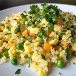 - 1 medium head of cauliflower, grated or riced - 1 cup green peas (fresh or frozen) - 1 cup carrots, finely diced - 3 green onions, sliced - 2 cloves garlic, minced - 2 large eggs, beaten - 3 tablespoons soy sauce (low sodium) - 1 tablespoon sesame oil - 2 tablespoons vegetable oil - Salt and pepper to taste To make cauliflower fried rice, start with fresh cauliflower. Grate it or pulse it in a food processor until it looks like rice. Green peas add a nice pop of color and sweetness. Finely diced carrots bring crunch and flavor. - 1 teaspoon ginger, grated For a little kick, you can add grated ginger. This gives a fresh taste that pairs well with the other veggies. - Chopped cilantro for garnish Garnish with chopped cilantro for bright flavor. It adds a fresh touch to your dish. Enjoy your beautiful and tasty cauliflower fried rice! {{ingredient_image_1}} First, take a medium head of cauliflower. Remove the leaves and the thick stem. Cut the cauliflower into small florets. Use a box grater or a food processor to rice the cauliflower. You want it to look like small grains of rice. This takes about 5 minutes. Set the riced cauliflower aside while you prep the other ingredients. Next, grab a large skillet or wok. Heat 1 tablespoon of vegetable oil over medium-high heat. Once the oil is hot, pour in the beaten eggs. Stir and scramble them until fully cooked, which takes about 2 minutes. Once done, take the eggs out of the pan and set them aside. This step adds protein and flavor to your dish. In the same skillet, add another tablespoon of vegetable oil. Toss in the minced garlic and grated ginger if you choose to use it. Sauté for about 30 seconds until you smell that great aroma. Then, add the diced carrots and green peas. Stir-fry these veggies for about 3-4 minutes. You want them to be tender but still colorful. Now, it’s time to add the riced cauliflower. Stir it well with the veggies. Cook everything for about 5-7 minutes. Stir often to keep the cauliflower from getting mushy. Once it’s tender, pour in the soy sauce and sesame oil. Mix everything until the cauliflower is evenly coated. Finally, fold in the scrambled eggs and sliced green onions. Mix gently until everything is warm. Take the pan off the heat and transfer the cauliflower fried rice to a serving platter. If you want, sprinkle some chopped cilantro on top for a fresh touch. Enjoy your quick and tasty meal! To get the best texture, always start with fresh cauliflower. Grate or pulse it until it looks like rice. If you over-process it, it will turn mushy. Cook the cauliflower just until tender. This keeps it from losing its crunch. A good rule is to stir-fry it for about 5-7 minutes. To add more flavor, try using fresh garlic and ginger. Sauté them for about 30 seconds before adding other veggies. Soy sauce and sesame oil are key for depth. If you want a kick, add a pinch of red pepper flakes. You can also use chopped cilantro for a fresh finish. Use a large skillet or wok for even cooking. Heat the oil before adding the garlic. This helps to release flavors quickly. Stir-fry in small batches if you need to. This makes sure each piece gets the right heat. Lastly, always keep stirring to avoid burning. Pro Tips Use Fresh Cauliflower: Fresh cauliflower will yield the best texture and flavor. Look for heads that are firm and free from brown spots. Don’t Overcook the Cauliflower: Make sure to cook the cauliflower just until tender. Overcooking can lead to a mushy dish. Customize with Protein: Feel free to add cooked chicken, shrimp, or tofu for a protein boost and to make this dish more filling. Experiment with Seasonings: Try adding different sauces or spices, like chili sauce or a squeeze of lime, for an extra kick of flavor. {{image_2}} You can easily make this dish vegetarian. Just skip the eggs if you want. The riced cauliflower and veggies are enough to enjoy. Add more vegetables like bell peppers or broccoli for extra crunch. You can also toss in some edamame for protein. This makes it colorful and tasty! For a keto-friendly meal, keep it simple. The main ingredients are already low in carbs. Use coconut aminos instead of soy sauce to lower carbs even more. You can also add more healthy fats. A little extra sesame oil enhances the flavor while keeping it keto. You can add protein to your dish for more flavor and nutrition. For chicken, use cooked, diced chicken breast. Stir it in when you add the eggs. If you like shrimp, add it with the veggies and cook until pink. For a plant-based option, use cubed tofu. Sauté it until golden before mixing with the other ingredients. This way, you can customize the dish to fit your taste! To keep your leftover cauliflower fried rice fresh, let it cool first. Store it in an airtight container. Place it in the fridge. It stays good for about three to four days. If you want to keep it longer, consider freezing it. When reheating, use a skillet for the best texture. Heat a little oil in the pan. Add the cauliflower fried rice and stir. This method keeps it from getting mushy. You can also use the microwave, but add a splash of water. Cover it to steam for a few minutes. This helps maintain moisture. To freeze, portion the cauliflower fried rice in freezer-safe bags. Remove as much air as possible. Label the bags with the date. It can last up to three months in the freezer. When ready to eat, thaw overnight in the fridge. Reheat using the skillet method for great taste. Yes, you can use frozen riced cauliflower. It saves time and is easy to find. Just thaw it before cooking. Drain any excess water to avoid sogginess. Frozen cauliflower cooks quickly, so adjust your cooking time. Cauliflower fried rice has fewer calories than traditional fried rice. One cup of cauliflower fried rice has about 70 calories. In contrast, one cup of regular fried rice can have around 200 calories. This makes cauliflower fried rice a great low-calorie option. Yes, you can make cauliflower fried rice ahead of time. Cook it and let it cool. Store it in an airtight container in the fridge. It stays fresh for about 3 days. Reheat it in a skillet or microwave when ready to serve. Cauliflower fried rice is a tasty and healthy choice. We discussed its main and optional ingredients. You learned step-by-step how to prepare and cook it. We also shared tips for the best texture and flavor. From vegetarian to keto options, there are many ways to enjoy it. Lastly, we covered storage and reheating tips to keep it fresh. With these insights, you can create a nutritious meal that fits your taste. Enjoy making this dish your own!