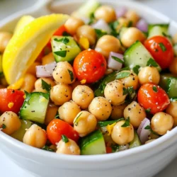 - 1 can (15 oz) chickpeas, drained and rinsed - 1 cup cherry tomatoes, halved - 1 cucumber, diced - 1/2 red onion, finely chopped - 1/4 cup fresh parsley, chopped Chickpeas form the base of this salad. They are protein-rich and keep you full. Cherry tomatoes add a burst of sweetness. Cucumbers bring a nice crunch and freshness. Red onion gives a sharp flavor that balances well. Finally, parsley adds a bright touch and earthy taste. - 1/4 cup olive oil - 2 tablespoons fresh lemon juice - 1 teaspoon lemon zest - 1 teaspoon black pepper - Salt to taste The dressing is simple yet tasty. Olive oil gives a smooth mouthfeel. Fresh lemon juice adds sharpness and zest. Lemon zest enhances the citrus notes. Black pepper adds heat, while salt brings everything together. {{ingredient_image_1}} First, grab a big mixing bowl. Add the drained and rinsed chickpeas. Next, toss in the halved cherry tomatoes. Then, add the diced cucumber and finely chopped red onion. Mix everything gently to combine. Now, it’s time to add the fresh parsley. Toss again until all the ingredients are well mixed. This salad looks colorful and fresh! In a small bowl, pour in the olive oil. Add fresh lemon juice and lemon zest to the bowl. Then, sprinkle in the black pepper and a pinch of salt. Whisk these ingredients together until they blend into a smooth dressing. The smell of lemon and pepper will make your mouth water! Pour the dressing over your salad mixture. Now, toss everything together. Make sure all the ingredients get coated well. Taste it and adjust the salt or black pepper if needed. Let the salad rest for about 10 minutes. This resting time helps the flavors mingle beautifully. Enjoy your fresh and healthy Lemon Pepper Chickpea Salad! To make the Lemon Pepper Chickpea Salad shine, you can adjust the salt and pepper. Start with a pinch of salt and the black pepper. Mix, then taste. If you want more kick, add more black pepper. You can also add herbs for extra flavor. Fresh basil or dill works well. Try adding a sprinkle of garlic powder for a punch. Just keep it simple and enjoy the fresh taste. For a beautiful presentation, serve the salad in a large bowl. You can also use individual plates. This way, each serving looks inviting. Garnish with lemon wedges and a sprinkle of parsley for color. Pair the salad with grilled chicken or fish for a complete meal. It also goes well with whole grain bread or pita chips. This adds texture and makes it more filling. Enjoy your fresh and healthy dish! Pro Tips Fresh Ingredients: Always use fresh vegetables and herbs to enhance the flavor and nutritional value of your salad. Chill Before Serving: For a more refreshing taste, chill the salad in the refrigerator for about 30 minutes before serving. Customize Your Salad: Feel free to add other ingredients like bell peppers, olives, or feta cheese to suit your taste. Perfectly Balanced Dressing: Adjust the olive oil and lemon juice ratio to create a dressing that matches your flavor preference. {{image_2}} If you want to switch things up, try using other beans. Black beans or cannellini beans work great. They add a new taste and texture. You can also add avocado for creaminess. Avocado makes the dish rich and smooth. Feta cheese is another option. It adds a salty kick and a nice crumbly texture. Using seasonal vegetables makes this salad even fresher. In summer, add bell peppers or corn for a sweet crunch. In fall, try roasted pumpkin or squash. They bring warmth and heartiness. You can also switch up the citrus. Use lime juice or orange juice for a different zing. Each citrus brings its own unique flavor. To keep your Lemon Pepper Chickpea Salad fresh, store it in a sealed container. Place it in the fridge right after serving. This salad tastes best when eaten within three days. After that, the veggies may lose their crunch. If you notice any signs of spoilage, it’s best to discard it. Freezing Lemon Pepper Chickpea Salad is not ideal. The texture of the veggies can change when thawed. However, if you have extra salad, you can freeze just the chickpeas. To do this, separate them and place them in a freezer bag. Remove as much air as possible before sealing. When you want to use the chickpeas, take them out and thaw in the fridge overnight. This way, you keep some of that fresh taste. Just remember, freezing the whole salad is not recommended. You can add many tasty items to this salad. Here are some great options: - Grilled chicken for extra protein - Feta cheese for a creamy touch - Sliced avocado for richness - Cooked quinoa for more nutrients - Extra veggies like bell peppers or radishes These ingredients boost flavor and texture. Yes, this salad is vegan. It contains no animal products. The chickpeas, veggies, and dressing are all plant-based. Always check your dressing ingredients if you buy pre-made. You can store this salad in the fridge for up to three days. Keep it in an airtight container. The flavors will meld over time, making it even better! If you notice any off smells or changes in texture, it is best to discard it. This Lemon Pepper Chickpea Salad is simple and tasty. You learned the main ingredients, how to make it, and ways to enhance it. Remember to mix fresh veggies with a bright dressing for flavor. You can swap chickpeas or add herbs to make it your own. Store leftovers properly for later enjoyment. This salad suits many diets. Keep it fresh, and it’ll be a favorite at your table! Enjoy experimenting with your version of this dish.