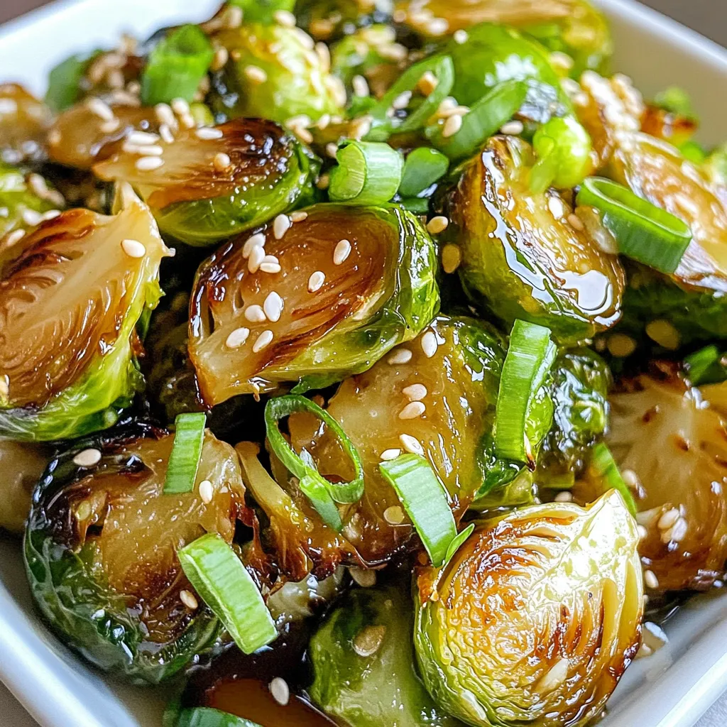 - 1 lb Brussels sprouts, halved - 3 tablespoons honey - 4 cloves garlic, minced - 2 tablespoons soy sauce - 1 tablespoon sesame oil - 1 tablespoon vegetable oil - 1 teaspoon grated ginger - 1/4 teaspoon red pepper flakes - 2 green onions, sliced - 1 tablespoon sesame seeds Brussels sprouts are the star of this dish. They are small, green, and packed with flavor. Their nutty taste shines when cooked right. I always choose fresh Brussels sprouts for the best results. Next, honey adds a sweet touch that balances the dish. It gives the sprouts a lovely glaze. Garlic brings a savory note that pairs well with the honey. For the sauce, soy sauce adds salt and umami. It makes the dish rich and full of flavor. Sesame oil gives a nutty hint that enhances the dish. Vegetable oil is perfect for cooking the sprouts. It helps them get crispy on the outside. Optional ingredients like ginger and red pepper flakes can make this dish your own. Grated ginger adds warmth, while red pepper flakes give heat. Green onions add freshness and a pop of color. Finally, sesame seeds provide a delightful crunch and look great as a garnish. {{ingredient_image_1}} Start by rinsing the Brussels sprouts under cold water. Make sure to wash away any dirt. Remove any damaged outer leaves. Next, slice each Brussels sprout in half. This helps them cook evenly and absorb the sauce better. In a small bowl, combine honey, soy sauce, minced garlic, and sesame oil. Whisk these ingredients together until smooth. For extra flavor, you can add grated ginger and red pepper flakes if you like some heat. This sauce gives a sweet and savory taste that pairs well with the sprouts. Heat vegetable oil in a large skillet or wok over medium-high heat. Once the oil is hot, add the halved Brussels sprouts, cut-side down. Let them sear for about 3 to 4 minutes until they start to brown. Then, stir the Brussels sprouts and cook for another 2 minutes. They should be bright green and tender yet crisp. Now, pour the honey garlic sauce over the Brussels sprouts. Stir well to coat them evenly. Lower the heat and let the mixture cook for an additional 2 to 3 minutes. This helps the sauce thicken and the flavors blend well. Remove the skillet from heat and toss in sliced green onions. Stir once more to mix everything together. Finally, transfer the stir-fried Brussels sprouts to a serving dish. Sprinkle with sesame seeds for a nice crunch. Enjoy your tasty dish! - How to achieve perfect sear on Brussels sprouts: Start with a hot skillet. Use vegetable oil and place the halved Brussels sprouts cut-side down. Let them sear for 3-4 minutes without moving them. This gives a nice brown color and flavor. - Timing for cooking Brussels sprouts: Cook the sprouts for a total of 5-6 minutes. After the sear, stir them and cook for an additional 2 minutes. They should be bright green and tender but still crisp. - Using fresh vs. dried ingredients: Fresh garlic and ginger make a big difference in taste. They bring out bright flavors. If you use dried garlic or ginger, the taste will be less vibrant. - Adjusting sweetness and heat in the sauce: You can change how sweet or spicy the sauce is. Add more honey if you want it sweeter. For heat, increase the red pepper flakes, but be careful. A little goes a long way. - Presentation ideas for serving: Serve the dish on a large platter. Drizzle extra honey on top for shine. Add sesame seeds and chopped green onions for color. This makes the dish look as good as it tastes. - Pairing with other dishes: This stir fry pairs well with rice or quinoa. It also goes great with grilled chicken or tofu. The flavors blend nicely and make a full meal. Pro Tips Freshness Matters: Always choose Brussels sprouts that are firm and bright green for the best flavor and texture. Honey Alternatives: If you prefer a less sweet dish, substitute honey with maple syrup or agave nectar for a different flavor profile. Customize the Heat: Adjust the amount of red pepper flakes based on your spice tolerance; feel free to omit them for a milder dish. Garnish for Appeal: Enhance the visual appeal by adding a sprinkle of chili flakes or a drizzle of balsamic reduction right before serving. {{image_2}} If you want to keep this dish vegan, you can swap honey for maple syrup or agave nectar. Both options add sweetness without the use of honey. For soy sauce, try tamari or coconut aminos. These will give you a similar salty flavor, perfect for stir fry. You can change up the veggies in this stir fry. Adding bell peppers will give a nice crunch and color. Carrots are another great choice; they add sweetness and a pop of orange. If you want to add protein, tofu works well. For meat lovers, diced chicken can make your dish heartier. Try using seasonal gourds or squash in the fall. Butternut squash is a sweet addition that pairs well with Brussels sprouts. In summer, fresh herbs like basil or cilantro can brighten the dish. Just chop them finely and add them right at the end for a fresh burst of flavor. To keep your Brussels sprouts stir fry fresh, store it in an airtight container. Glass containers work well because they do not stain and are easy to clean. You can also use plastic containers if you prefer. Make sure to let the stir fry cool before sealing it. This step prevents moisture from building up and keeps the dish tasty. When reheating, use a skillet over medium heat. This method helps keep the sprouts crispy. Avoid using the microwave, as it may turn your dish mushy. Stir occasionally to heat evenly. If you notice some sauce pooling in the pan, that means it's time to stir more. If you want to save some for later, freezing is an option. First, let the stir fry cool completely. Then, place it in a freezer-safe bag or container. Remove as much air as possible to prevent freezer burn. For the best taste, use it within three months. When ready to eat, thaw it overnight in the fridge. This method helps maintain the texture. You can reheat it in a skillet for the best results. Cooked Brussels sprouts last about 3 to 5 days in the fridge. Store them in an airtight container. Look for signs like a sour smell or mushy texture. If they smell bad or feel slimy, toss them out. Yes, you can prep the Brussels sprouts and sauce ahead of time. Store the halved sprouts in the fridge for up to two days. Keep the sauce in a separate container. When you are ready to cook, just heat the oil and stir-fry. This saves time and keeps the dish fresh. Brussels sprouts are packed with vitamins. They are a good source of vitamin C and K. These vitamins help boost your immune system and strengthen bones. They also have fiber, which aids digestion and keeps you full. Enjoying this dish can be a tasty way to get your nutrients! This blog post covered how to create a tasty Brussels sprouts stir fry. We looked at the main and additional ingredients, like honey and garlic, and optional spices for extra flavor. I shared clear steps for prep, making the sauce, and cooking. Tips on achieving the perfect sear and enhancing flavors were included. In closing, you can enjoy this dish with many variations and ways to store leftovers. Experiment with ingredients to make it your own. Cooking should be fun and tasty!