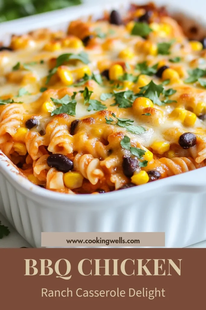 Looking for a crowd-pleasing dinner option? Try this BBQ Chicken Ranch Casserole! This easy chicken casserole recipe combines shredded chicken, BBQ sauce, ranch dressing, and pasta to create a cheesy BBQ chicken dish everyone will love. Perfect for family gatherings, this pasta casserole with BBQ sauce is a real winner. Don’t miss out—save this delicious ranch chicken recipe for your next meal! #BBQChickenCasserole #EasyChickenCasserole #CheesyDish #PastaCasserole