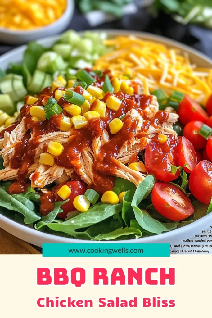 Dive into this delicious BBQ Ranch Chicken Salad, featuring a perfect blend of shredded chicken, fresh greens, and zesty BBQ sauce! This easy chicken salad is not only satisfying but also packed with flavor and healthy ingredients. Discover how to whip up this shredded chicken salad recipe in just 15 minutes! Perfect for quick lunches or dinner ideas. Save this recipe for healthy salad recipes with BBQ youβll love! #BBQRanchChickenSalad #EasyChickenSalad #HealthySaladRecipes #RanchDressingSaladRecipes