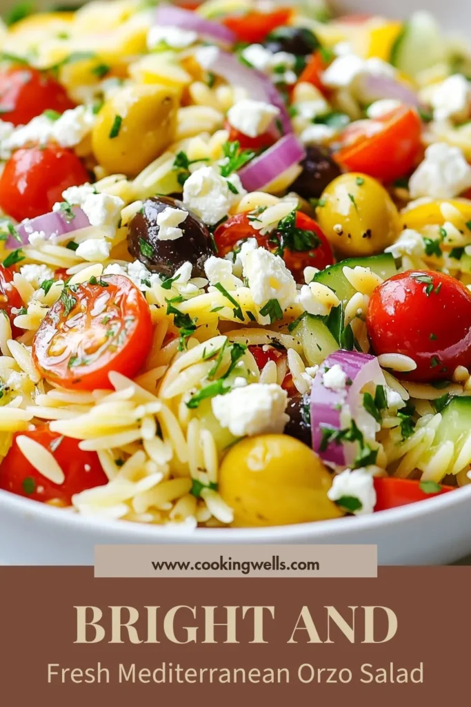 Discover the vibrant flavors of this Mediterranean Orzo Salad, a delicious and healthy Mediterranean salad that's perfect for any occasion. This easy orzo salad features orzo pasta, fresh veggies, Kalamata olives, and feta cheese, making it a fantastic Greek pasta salad option. Whip up this refreshing orzo pasta salad recipe in just 15 mins! Save this recipe for your next gathering! #MediterraneanOrzoSalad #GreekPastaSalad #EasyOrzoSalad #HealthyMediterraneanSalad