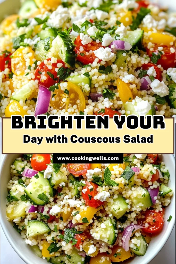 Discover the vibrant flavors of this refreshing lemon couscous salad! This herb couscous recipe combines fluffy couscous with fresh veggies, zesty lemon, and optional feta for a delicious Mediterranean couscous dish. Perfect as a light lunch or a side dish, this healthy lemon salad is sure to impress. Try it today and elevate your meal! Save this recipe for later. #CouscousSalad #MediterraneanFood #HealthyRecipes #LemonSalad