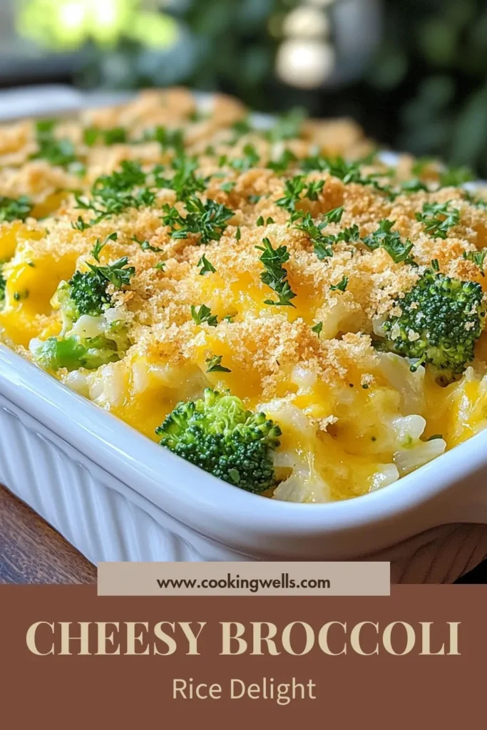 Satisfy your cravings with this easy Cheesy Broccoli Rice Casserole, a delicious vegetarian rice casserole packed with flavor! This healthy broccoli dish combines brown rice, vibrant broccoli, and gooey cheddar cheese for the perfect hearty meal. Try this easy broccoli rice recipe for a weeknight dinner that impresses. Your family will love it! Save this recipe for later. #CheesyBroccoliRiceCasserole #CheddarCheeseCasserole #VegetarianRiceCasserole #HealthyRecipes