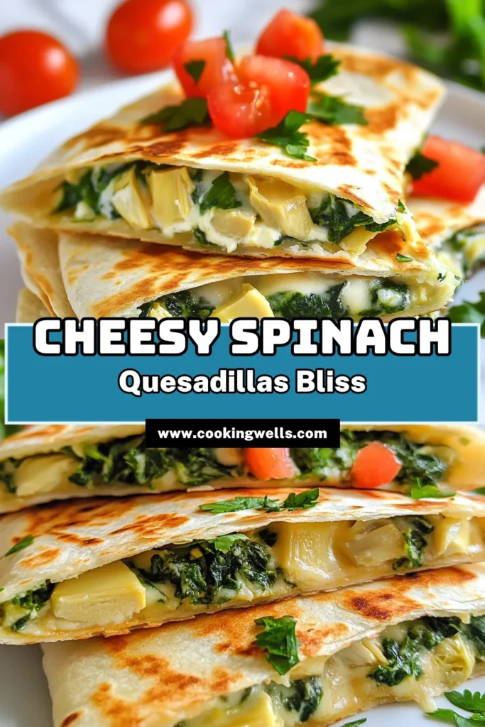 Savor the deliciousness of Cheesy Spinach Artichoke Quesadillas, a fun twist on the classic Spinach Artichoke Dip Quesadilla. This easy quesadilla recipe combines creamy cream cheese and savory cheeses for a vegetarian delight you’ll love! Perfect for snacks or dinner, these easy to make quesadillas are a crowd-pleaser. Don’t forget to save this recipe for your next meal! #Quesadilla #VegetarianRecipes #SpinachArtichoke #EasyRecipes
