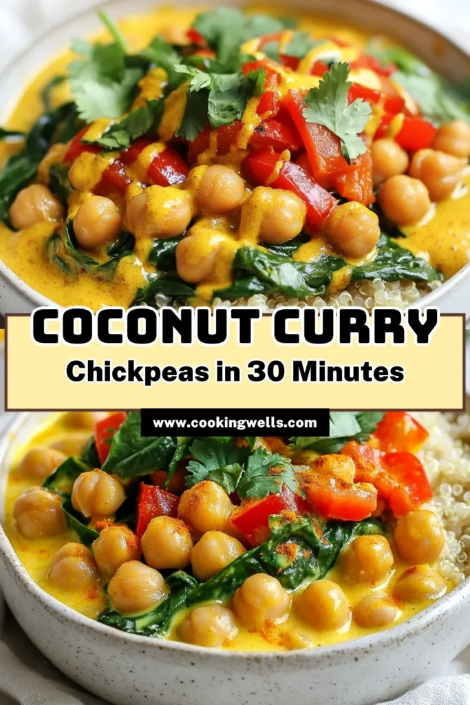 Discover the deliciousness of Coconut Curry Chickpea Bowls! This vegan coconut curry recipe features chickpeas simmered in creamy coconut milk with vibrant veggies and aromatic spices. Perfect for easy curry bowls that make a healthy dinner recipe in just 30 minutes. Ideal for busy weeknights, it's packed with flavor and nutrition. Ready to elevate your dinner routine? Save this easy recipe now! #CoconutCurryChickpeas #ChickpeaCurryRecipe #VeganCoconutCurry #HealthyDinnerRecipes
