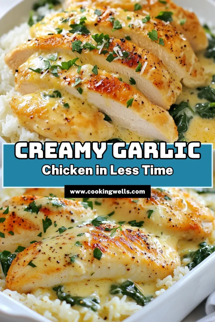 Elevate your dinner with this easy creamy garlic chicken recipe! This one pot creamy chicken recipe combines tender chicken breasts with flavorful jasmine rice, creamy sauce, and fresh spinach for a comforting chicken and rice dish that everyone will love. Perfect for busy nights, this easy garlic chicken dinner is sure to become a family favorite. Try this delicious recipe today and save for later! #ComfortFood #EasyDinner #ChickenRecipe #OnePotMeal