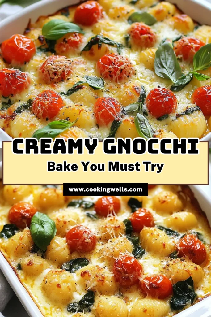 Discover the ultimate comfort food with this creamy gnocchi bake. Our delicious Parmesan gnocchi recipe combines tender gnocchi with a rich, creamy sauce, fresh spinach, and cherry tomatoes for a mouthwatering baked gnocchi with spinach. This easy gnocchi casserole is perfect for weeknight dinners or gatherings. Ready in just 45 minutes, it's the Italian gnocchi bake everyone will love. Save this recipe for your next meal! #GnocchiBake #ParmesanGnocchi #EasyCasserole #ItalianRecipes