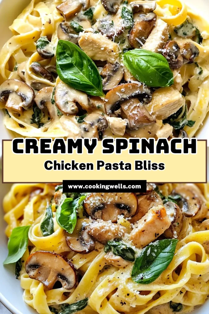 Discover the deliciousness of creamy spinach mushroom chicken pasta with this easy chicken pasta recipe! This one-pan chicken pasta dish combines tender chicken, fresh spinach, and savory mushrooms, all tossed in a rich creamy sauce with parmesan. Perfect for busy weeknights, it's a must-try. Save this creamy chicken pasta with parmesan recipe for an effortless, crowd-pleasing meal tonight! #ChickenPasta #PastaRecipe #SpinachAndMushroom #EasyDinnerIdeas