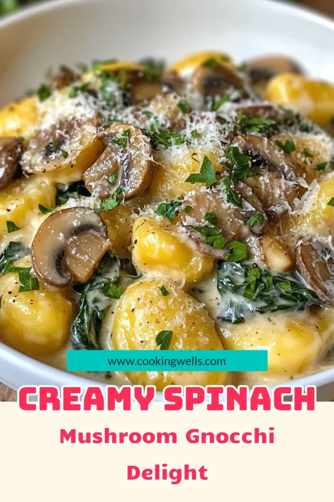 Indulge in this creamy mushroom gnocchi that's perfect for any meal! This easy mushroom pasta dish features tender gnocchi, fresh spinach, and a rich mushroom and spinach sauce, making it a delightful vegetarian gnocchi recipe. Quick to prepare, it's ready in just 30 minutes. Try this creamy mushroom spinach gnocchi tonight and brighten your dinner table! Save this recipe for later. #VegetarianRecipes #Gnocchi #MushroomPasta #EasyRecipes