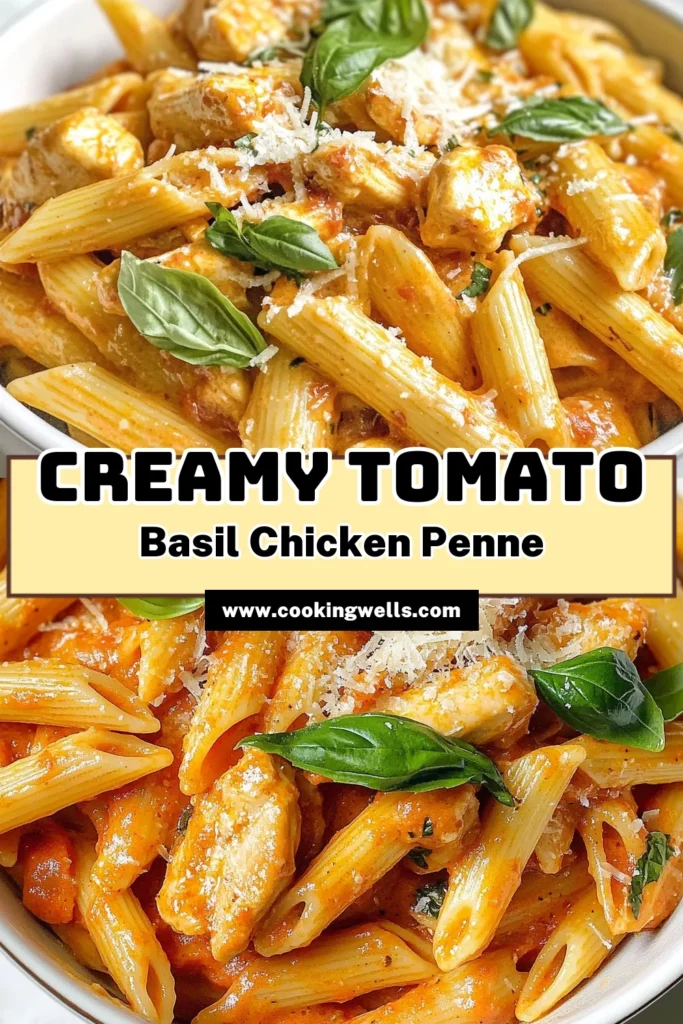 Indulge in this delicious and effortless Creamy Tomato Basil Chicken Penne, perfect for weeknight dinners! This Chicken Penne Pasta Recipe features tender chicken, al dente penne, and a rich, creamy tomato sauce packed with fresh basil. Enjoy this Easy Pasta with Tomato Sauce in just 30 minutes! Ideal for anyone craving a hearty, Creamy Chicken Pasta Dish. Save this Quick Tomato Basil Penne recipe for your next meal! #PastaRecipes #ChickenPasta #TomatoBasil #EasyDinnerIdeas