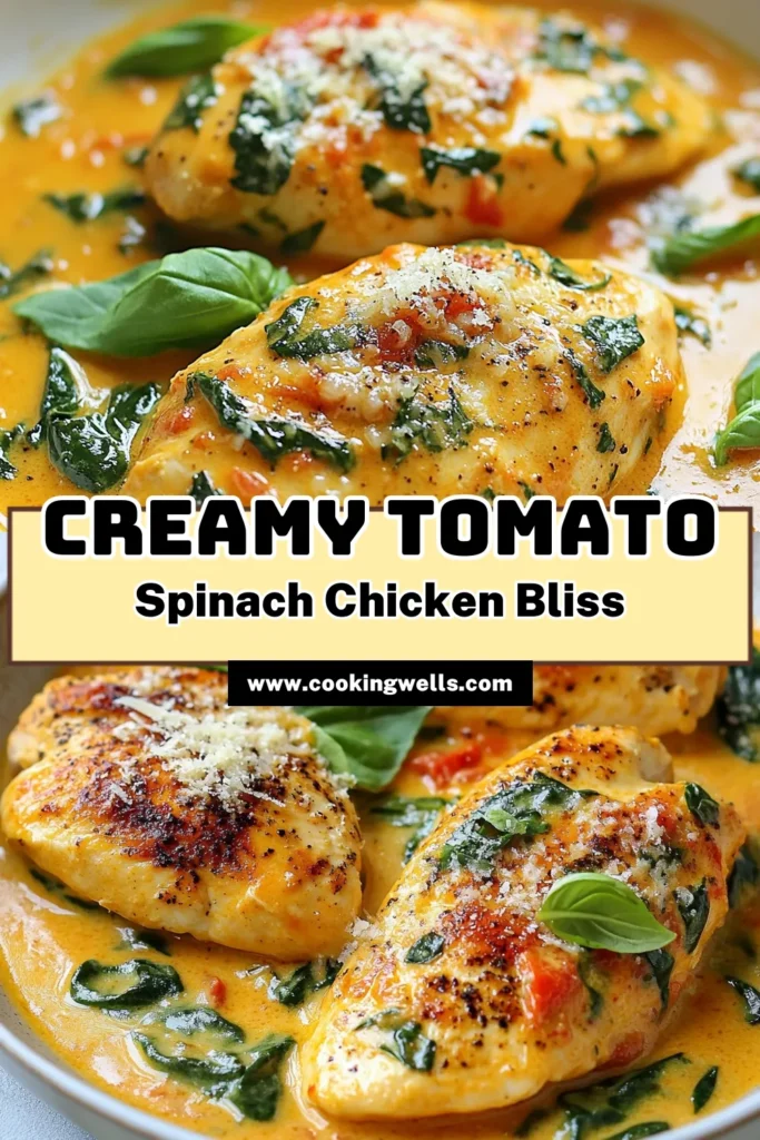 Discover the deliciousness of Creamy Tomato Spinach Chicken Skillet! This easy chicken skillet recipe combines tender chicken breasts with a rich, creamy tomato sauce and fresh spinach. Perfect for a quick weeknight meal, this one-pan tomato chicken dish is a delightful Spinach Chicken Dinner that’s sure to please everyone. Ready in just 30 minutes, it's the ideal Italian chicken with cream sauce for your family. Save it for your next meal! #ChickenRecipe #OnePanDinner #ItalianCuisine #EasyRecipes