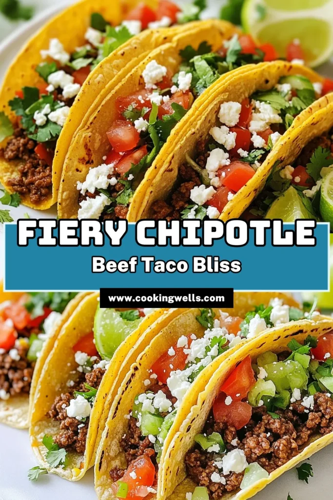 Transform your taco night with these Spicy Chipotle Beef Tacos! This easy beef taco recipe features savory chipotle beef seasoned to perfection, making it a must-try chipotle beef recipe. Elevate your homemade taco toppings with fresh lettuce, tomatoes, and crumbly cheese. Perfect for busy weeknights, this dish is sure to impress. Don't miss out—save this recipe for your next taco night! #SpicyChipotleBeefTacos #TacoIdeas #EasyBeefTacos #HomemadeToppings