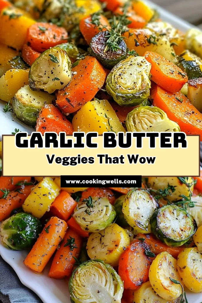 Create a delicious and healthy side dish with this garlic herb butter roasted vegetable recipe! Featuring oven-roasted carrots, zucchini, colorful bell peppers, and Brussels sprouts, these garlic herb butter vegetables are easy to whip up and packed with flavor. Perfect for any meal, this vibrant mix will impress your family and guests. Try this easy vegetable dish today and savor the goodness! Save it for later! #RoastedVegetables #HealthyEating #VegetableRecipes #EasyCooking