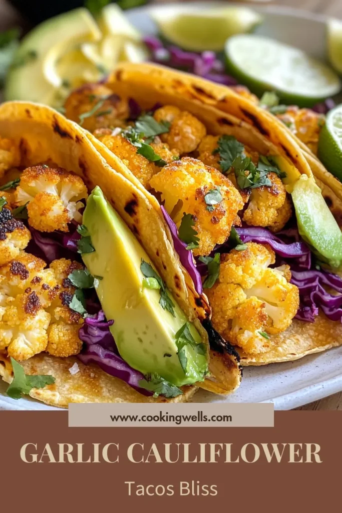 Discover the deliciousness of roasted garlic cauliflower tacos, a simple and easy vegetarian taco recipe perfect for a healthy meal. These healthy cauliflower tacos feature a flavorful vegan taco filling made with spicy roasted cauliflower, avocado, and red cabbage. Try this mouthwatering recipe for a satisfying dinner that everyone will love. Save it now to make your next taco night unforgettable! #RoastedGarlicCauliflowerTacos #HealthyTacos #VegetarianRecipe #VeganTacos