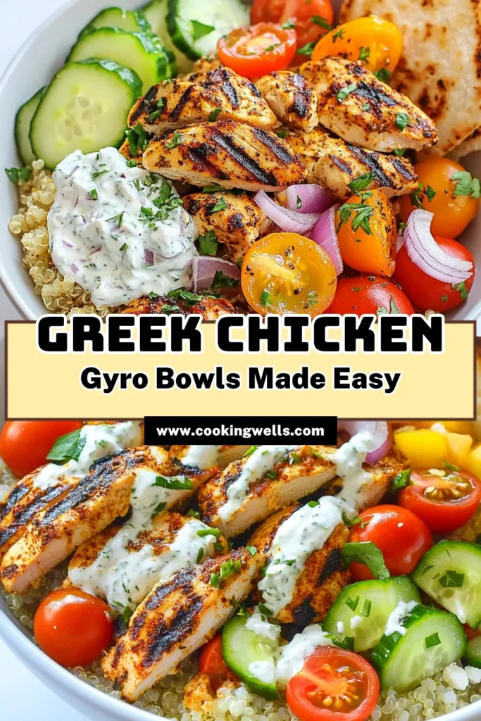 Looking for a delicious way to enjoy healthy Greek meals? Try these Greek chicken bowls featuring a flavorful grilled chicken gyro topped with a creamy tzatziki sauce. This gyro bowls recipe combines marinated chicken, quinoa, fresh veggies, and optional feta for a nutritious meal that delights the senses. Perfect for meal prep or a quick dinner. Save this healthy recipe for your next feast! #GreekChickenBowls #GyroBowlsRecipe #HealthyGreekMeals #GrilledChickenGyro