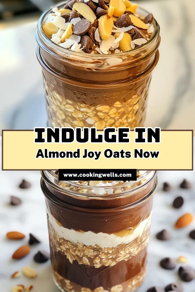 Indulge in a delicious and nutritious breakfast with these Almond Joy overnight oats! This easy overnight oats recipe combines healthy chocolate oatmeal, shredded coconut, and almonds for a delightful coconut almond breakfast that’s vegan and perfect for meal prep. Enjoy the rich flavors and satisfying texture, making mornings effortless. Try this healthy twist on a classic and start your day right! Save and share! #OvernightOats #HealthyBreakfast #VeganRecipes #ChocolateOatmeal