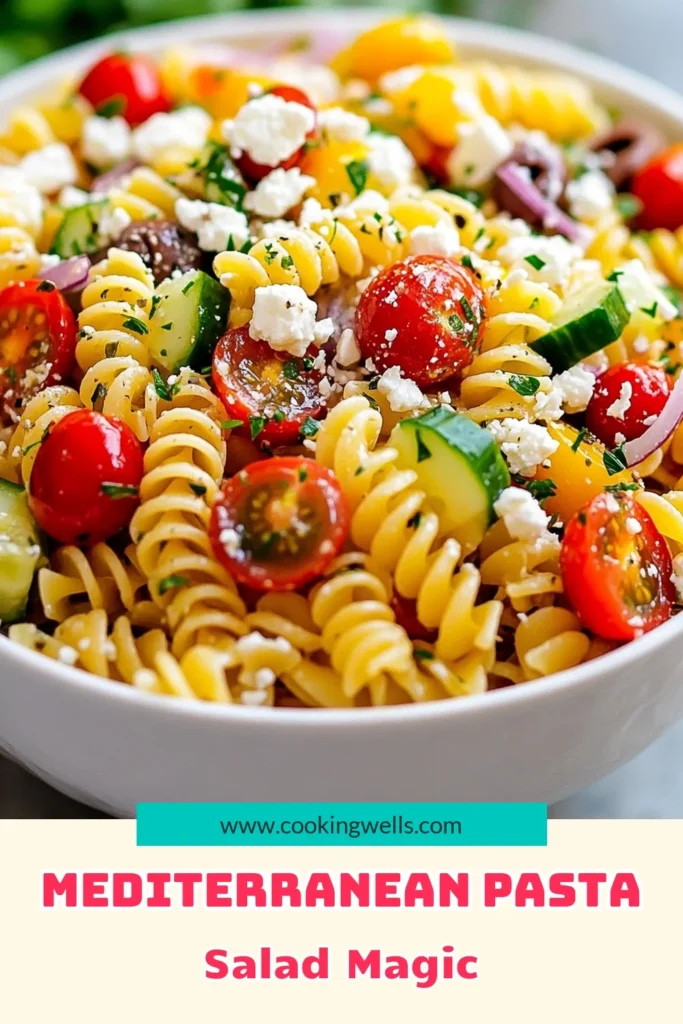 Discover the ultimate Mediterranean pasta salad recipe with this Greek Pasta Salad featuring rotini pasta! Packed with fresh Mediterranean salad ingredients like crispy cucumbers, juicy cherry tomatoes, and flavorful Kalamata olives, this healthy pasta salad with feta is perfect for summer. Easy to make and delicious, it's ideal for potlucks or family dinners. Save this easy summer pasta salad recipe for your next gathering! #MediterraneanPastaSalad #HealthyEating #RotiniPasta #SummerRecipes