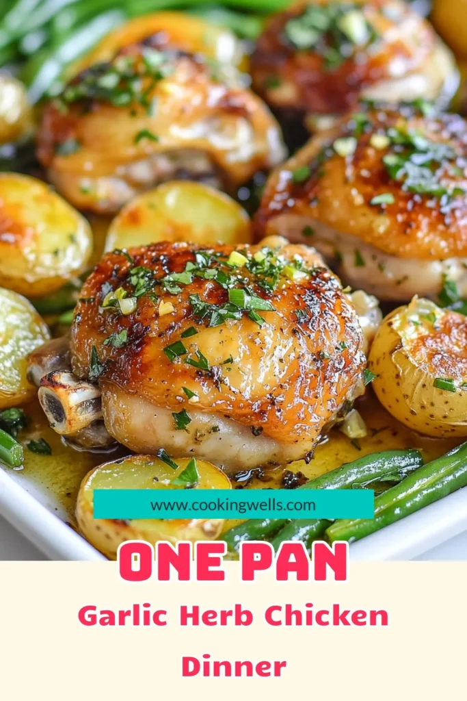Discover this easy and delicious Garlic Herb Chicken Sheet Pan Dinner, perfect for busy weeknights! This garlic herb chicken recipe features juicy chicken thighs paired with roasted baby potatoes and green beans for a delightful one-pan meal. Enjoy a stress-free dinner with minimal cleanup using this sheet pan chicken dinner that's sure to impress. Try this tasty and simple easy chicken thigh recipe tonight. Save and share the love! #SheetPanDinner #EasyChickenRecipe #OnePanMeal #GarlicHerbChicken