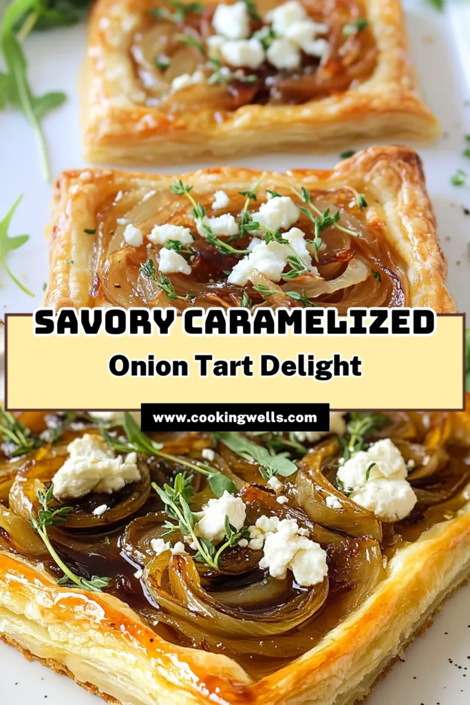 Indulge in this delicious caramelized onion tart featuring a creamy goat cheese filling! This goat cheese tart recipe combines savory flavors with flaky puff pastry for a perfect appetizer or light meal. The balsamic onion cheese tart is easy to make and sure to impress your guests. Ready in just 45 minutes, it’s a must-try among savory tart recipes! Save this caramelized onion tart for your next gathering! #TartRecipes #GoatCheese #PuffPastry #CaramelizedOnions