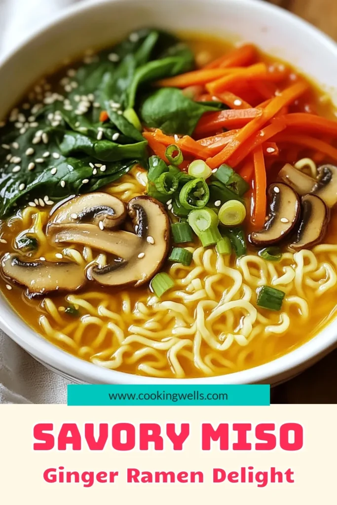 Looking for a comforting dish? Try this easy miso ginger ramen recipe that combines velvety homemade vegetable ramen with vibrant veggies. Perfect for any day, these vegetable broth ramen bowls are packed with flavor from miso paste and fresh ginger. Enjoy this hearty vegan ramen noodles meal in just 30 minutes! Save this recipe for a warm and nourishing treat tonight! #MisoGingerRamen #VeganRamen #VegetableBroth #EasyMisoSoup