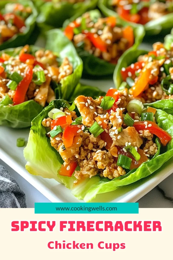 Discover the deliciousness of Firecracker Chicken Lettuce Cups! This easy Asian chicken recipe features ground chicken, fresh veggies, and a spicy sauce that makes for healthy chicken lettuce wraps. Perfect for a quick meal or appetizer, these spicy chicken lettuce cups are sure to impress. Try this flavorful dish today and watch it become a family favorite! Save this recipe for later! #FirecrackerChicken #GroundChickenRecipes #HealthyLettuceWraps #EasyAsianRecipes