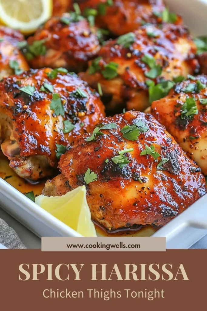 Discover the mouthwatering delight of Spicy Harissa Chicken Thighs! This recipe features marinated chicken thighs seasoned with harissa paste, olive oil, and spices, then oven roasted to perfection for a crispy finish. Perfect for easy spicy chicken recipes, it's a flavorful chicken dish that will impress your guests. Try this simple recipe and enjoy a vibrant meal tonight! Save this post for your next dinner inspiration! #SpicyHarissaChickenThighs #OvenRoastedChickenThighs #EasySpicyChickenRecipes #FlavorfulChickenDishes