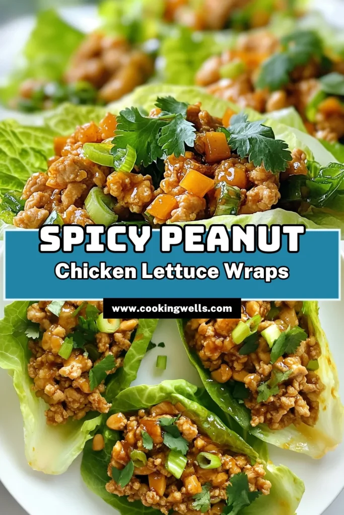 Experience the delicious blend of flavors in these Spicy Peanut Chicken Lettuce Wraps! This easy lettuce wraps recipe features ground chicken cooked with a creamy peanut butter sauce and spicy sriracha for a tasty Asian-inspired chicken wrap. Perfect for a light meal or appetizer, these wraps are quick to make and sure to impress! Save this recipe for your next dinner party! #SpicyPeanutChicken #LettuceWrapsRecipe #GroundChickenRecipes #PeanutButterSauce