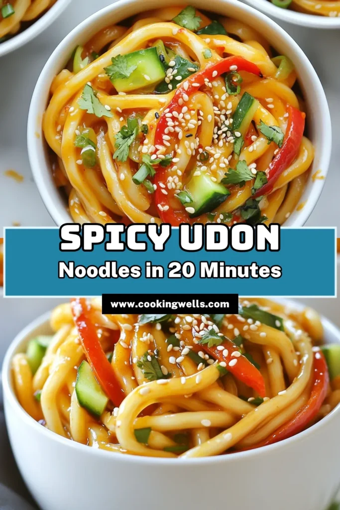 Spice up your dinner with this easy udon noodle recipe! These spicy sesame udon noodles combine the perfect balance of flavors with sesame oil, soy sauce, and fresh veggies for a quick Asian noodle dish. Vegetarian udon noodles are ideal for a delightful meal in just 20 minutes. Try this delicious recipe today and enjoy a tasty, satisfying bowl of noodles! Save this recipe for your next meal! #UdonNoodles #SesameOilRecipes #VegetarianRecipes #QuickMeals